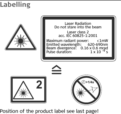 LabellingPosition of the product label see last page!Laser RadiationDo not stare into the beamLaser class 2acc. IEC 60825-1:2001Maximum radiant power:  &lt;1mWEmitted wavelength:  620-690nmBeam divergence:   0.16 x 0.6 mradPulse duration:   1 x 10 -9 s