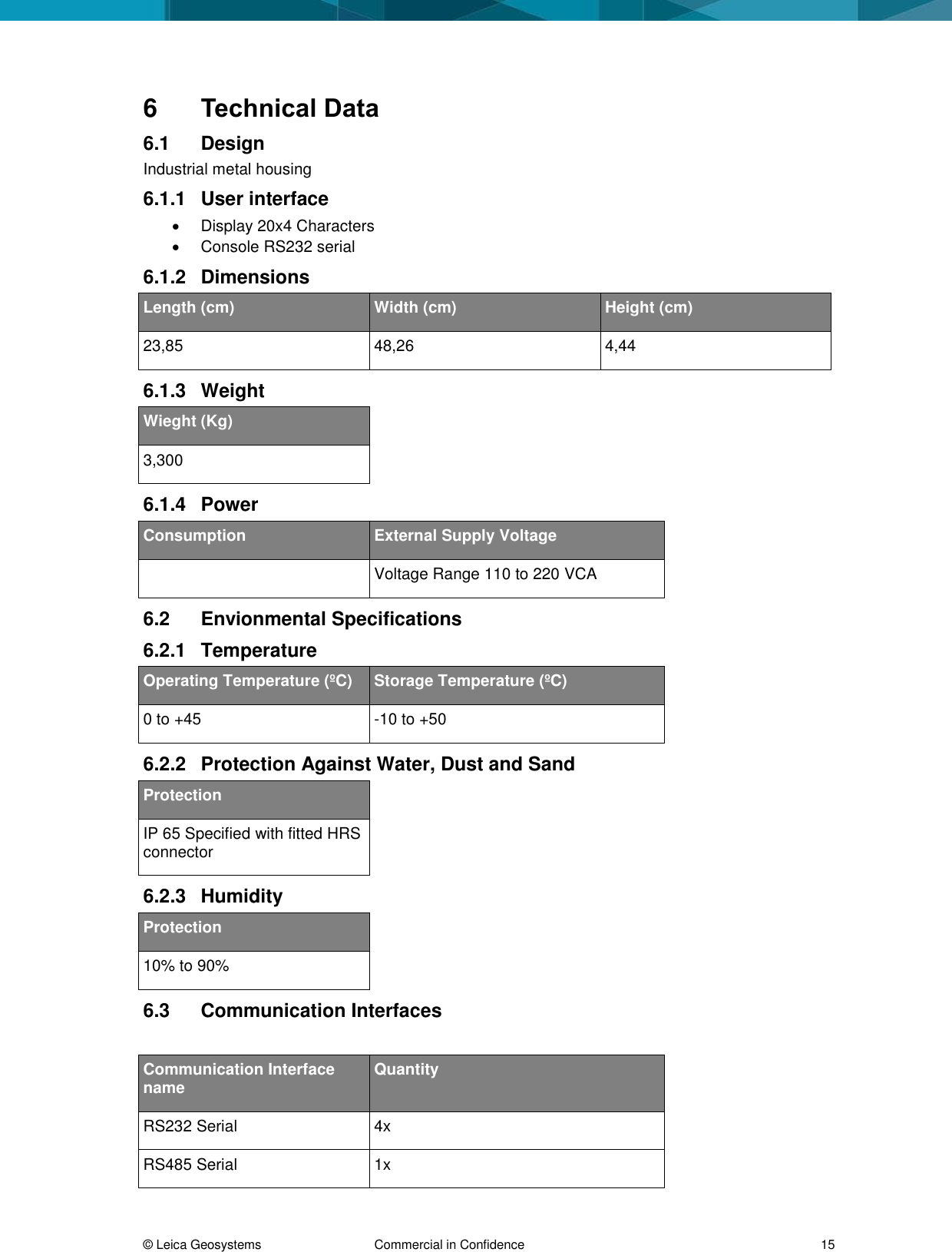 © Leica Geosystems  Commercial in Confidence     15 6  Technical Data 6.1  Design Industrial metal housing 6.1.1  User interface    Display 20x4 Characters   Console RS232 serial 6.1.2  Dimensions Length (cm) Width (cm) Height (cm) 23,85 48,26 4,44 6.1.3  Weight Wieght (Kg) 3,300 6.1.4  Power Consumption External Supply Voltage  Voltage Range 110 to 220 VCA 6.2  Envionmental Specifications 6.2.1  Temperature  Operating Temperature (ºC) Storage Temperature (ºC) 0 to +45 -10 to +50 6.2.2  Protection Against Water, Dust and Sand Protection IP 65 Specified with fitted HRS connector 6.2.3  Humidity Protection 10% to 90% 6.3  Communication Interfaces  Communication Interface name Quantity RS232 Serial 4x RS485 Serial 1x 