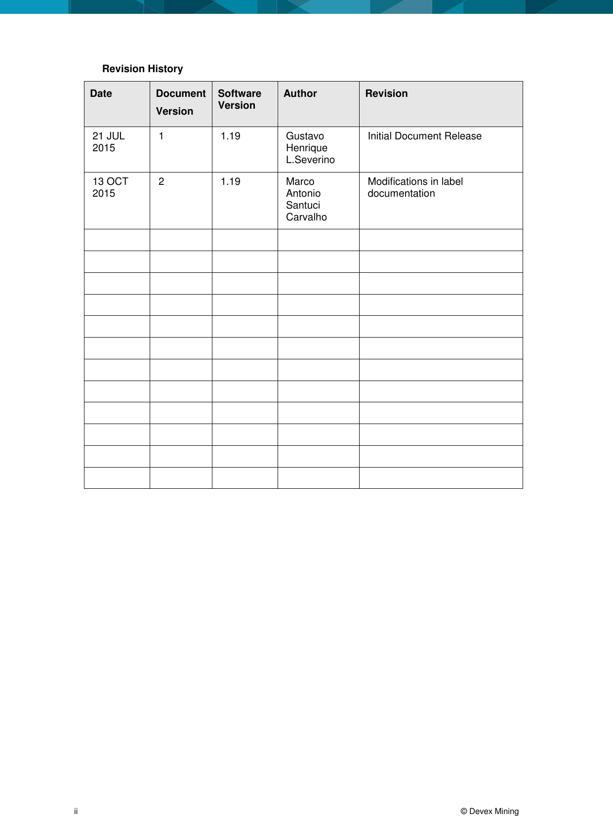  ii     © Devex Mining Revision History Date Document Version Software Version Author Revision 21 JUL 2015  1 1.19 Gustavo Henrique L.Severino Initial Document Release 13 OCT 2015 2 1.19 Marco Antonio Santuci Carvalho Modifications in label documentation                                                                 