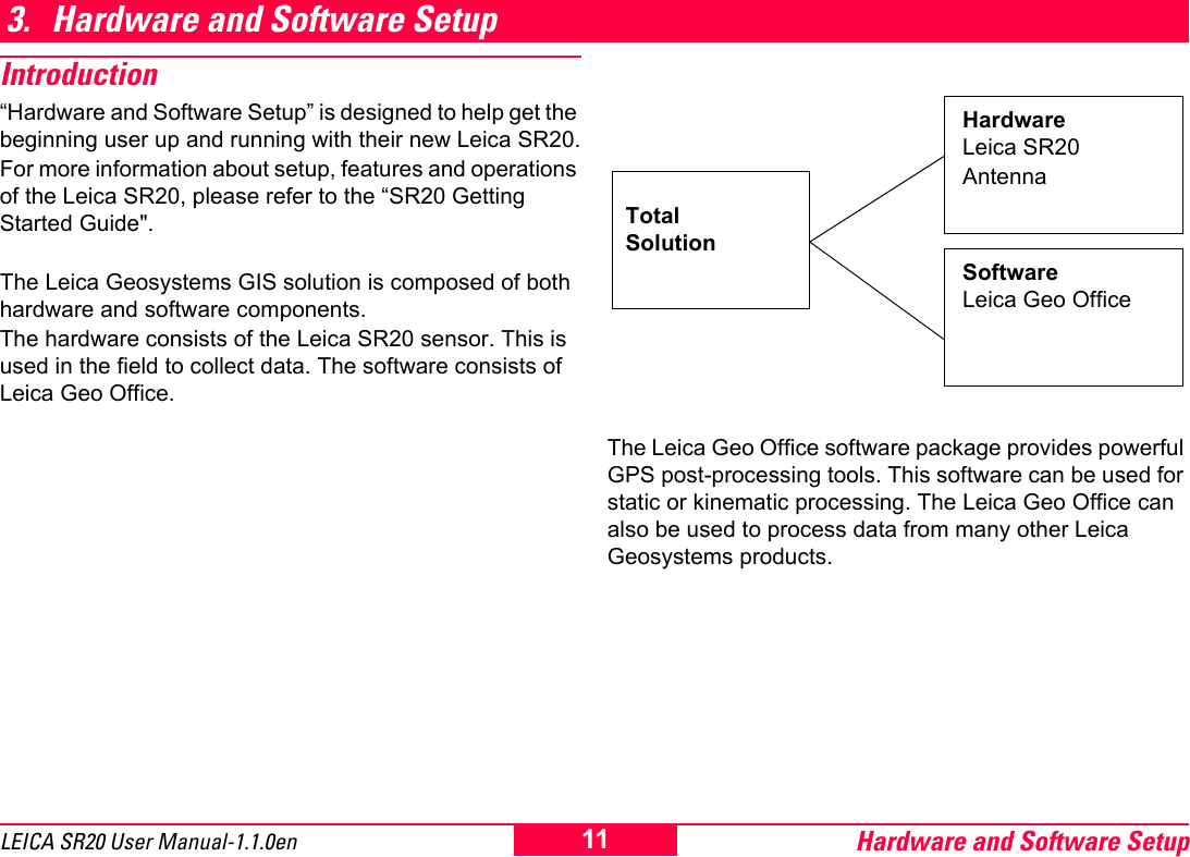 Hardware and Software Setup11LEICA SR20 User Manual-1.1.0en3. Hardware and Software SetupIntroduction&ldquo;Hardware and Software Setup&rdquo; is designed to help get the beginning user up and running with their new Leica SR20.For more information about setup, features and operations of the Leica SR20, please refer to the &ldquo;SR20 Getting Started Guide".The Leica Geosystems GIS solution is composed of both hardware and software components. The hardware consists of the Leica SR20 sensor. This is used in the field to collect data. The software consists of Leica Geo Office.The Leica Geo Office software package provides powerful GPS post-processing tools. This software can be used for static or kinematic processing. The Leica Geo Office can also be used to process data from many other Leica Geosystems products.Hardware Leica SR20AntennaSoftwareLeica Geo OfficeTotal Solution