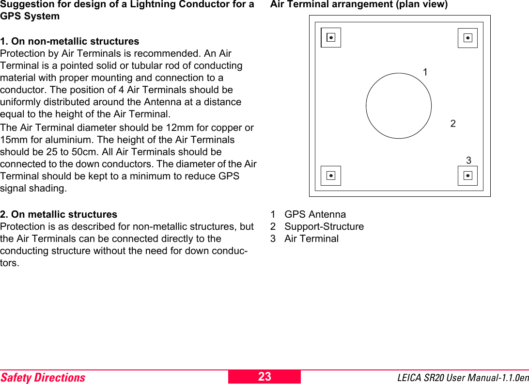 Safety Directions LEICA SR20 User Manual-1.1.0en23Suggestion for design of a Lightning Conductor for a GPS System1. On non-metallic structuresProtection by Air Terminals is recommended. An Air Terminal is a pointed solid or tubular rod of conducting material with proper mounting and connection to a conductor. The position of 4 Air Terminals should be uniformly distributed around the Antenna at a distance equal to the height of the Air Terminal. The Air Terminal diameter should be 12mm for copper or 15mm for aluminium. The height of the Air Terminals should be 25 to 50cm. All Air Terminals should be connected to the down conductors. The diameter of the Air Terminal should be kept to a minimum to reduce GPS signal shading.2. On metallic structuresProtection is as described for non-metallic structures, but the Air Terminals can be connected directly to the conducting structure without the need for down conduc-tors.Air Terminal arrangement (plan view)1 GPS Antenna2 Support-Structure3 Air Terminal