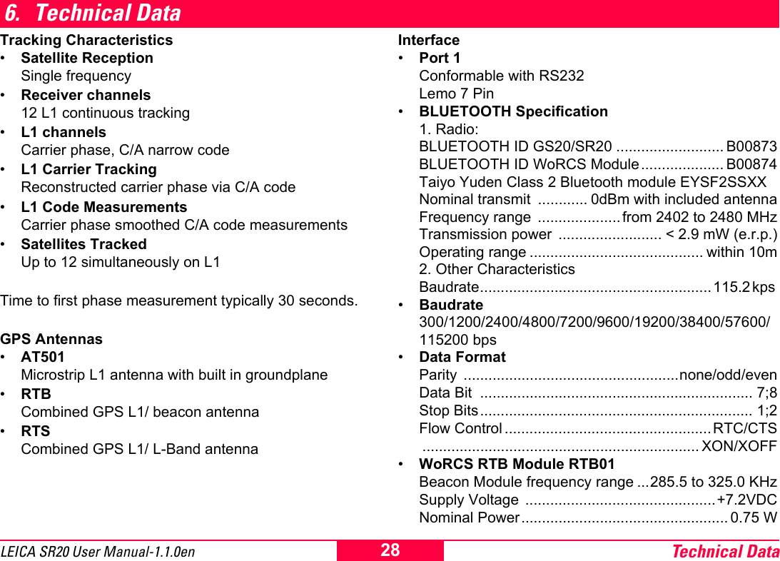 Technical Data28LEICA SR20 User Manual-1.1.0en6. Technical DataTracking Characteristics&bull;Satellite ReceptionSingle frequency&bull;Receiver channels12 L1 continuous tracking&bull;L1 channelsCarrier phase, C/A narrow code&bull;L1 Carrier TrackingReconstructed carrier phase via C/A code&bull;L1 Code MeasurementsCarrier phase smoothed C/A code measurements&bull;Satellites TrackedUp to 12 simultaneously on L1Time to first phase measurement typically 30 seconds.GPS Antennas&bull;AT501Microstrip L1 antenna with built in groundplane&bull;RTBCombined GPS L1/ beacon antenna&bull;RTS Combined GPS L1/ L-Band antennaInterface&bull;Port 1Conformable with RS232Lemo 7 Pin&bull;BLUETOOTH Specification1. Radio:BLUETOOTH ID GS20/SR20 .......................... B00873BLUETOOTH ID WoRCS Module.................... B00874Taiyo Yuden Class 2 Bluetooth module EYSF2SSXXNominal transmit  ............ 0dBm with included antennaFrequency range  .................... from 2402 to 2480 MHzTransmission power  ......................... < 2.9 mW (e.r.p.)Operating range .......................................... within 10m2. Other CharacteristicsBaudrate........................................................115.2 kps &bull;Baudrate300/1200/2400/4800/7200/9600/19200/38400/57600/115200 bps&bull;Data FormatParity ....................................................none/odd/evenData Bit  .................................................................. 7;8Stop Bits.................................................................. 1;2Flow Control .................................................. RTC/CTS................................................................... XON/XOFF&bull;WoRCS RTB Module RTB01Beacon Module frequency range ...285.5 to 325.0 KHzSupply Voltage  ..............................................+7.2VDCNominal Power.................................................. 0.75 W