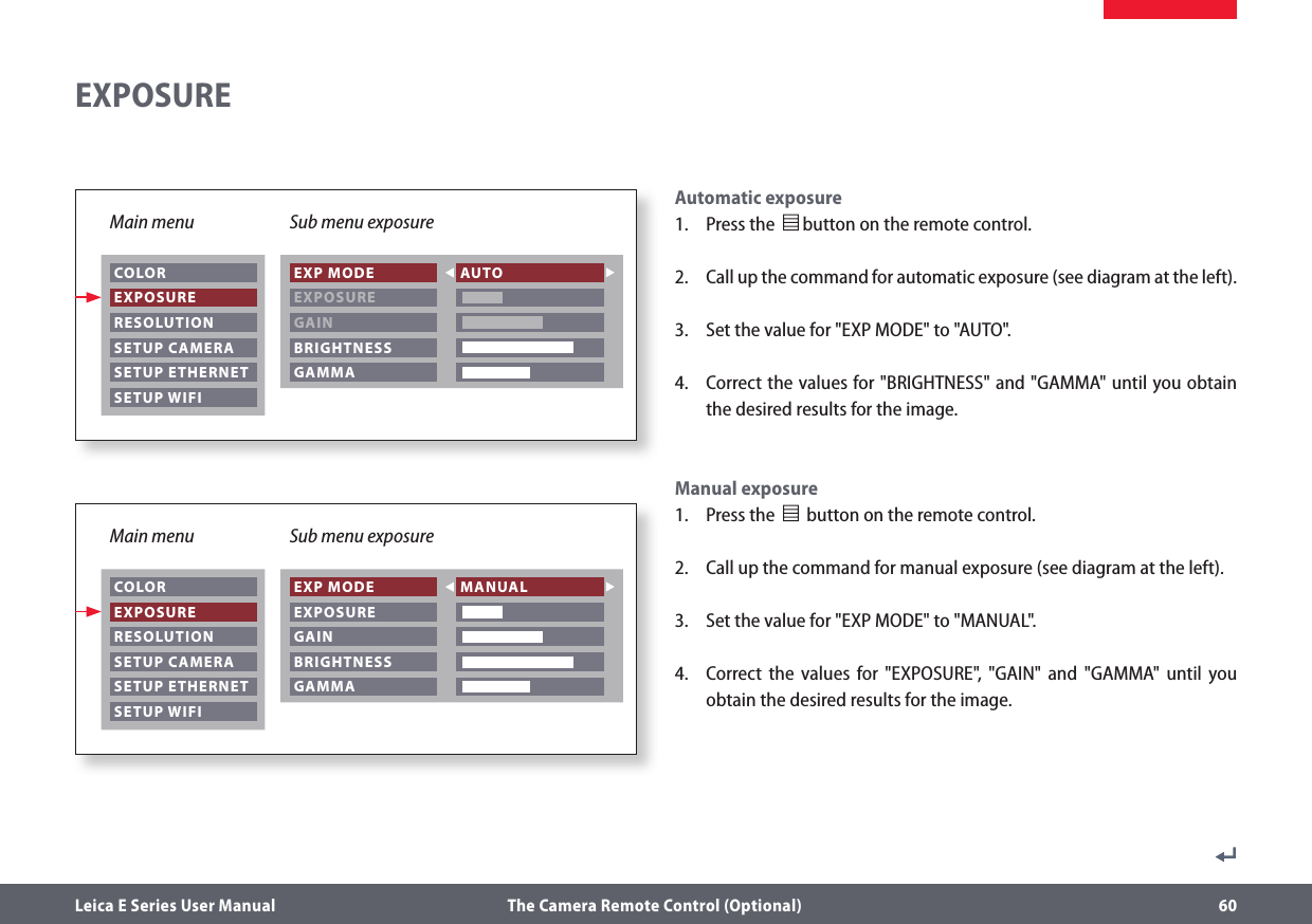 Leica E Series User Manual  The Camera Remote Control (Optional) 60Automatic exposure1.  Press the              button on the remote control.2.  Call up the command for automatic exposure (see diagram at the left).3.  Set the value for &quot;EXP MODE&quot; to &quot;AUTO&quot;.4.  Correct the values for &quot;BRIGHTNESS&quot; and &quot;GAMMA&quot; until you obtain the desired results for the image.Manual exposure1.  Press the                    button on the remote control.2.  Call up the command for manual exposure (see diagram at the left).3.  Set the value for &quot;EXP MODE&quot; to &quot;MANUAL&quot;.4.  Correct the values for &quot;EXPOSURE&quot;, &quot;GAIN&quot; and &quot;GAMMA&quot; until you obtain the desired results for the image.EXPOSUREMain menu Sub menu exposure COLOR EXPOSURE RESOLUTION SETUP CAMERA SETUP ETHERNET SETUP WIFI EXP MODE EXPOSURE GAIN BRIGHTNESS GAMMA AUTO   Main menu Sub menu exposure COLOR EXPOSURE RESOLUTION SETUP CAMERA SETUP ETHERNET SETUP WIFI EXP MODE EXPOSURE GAIN BRIGHTNESS GAMMA MANUAL   