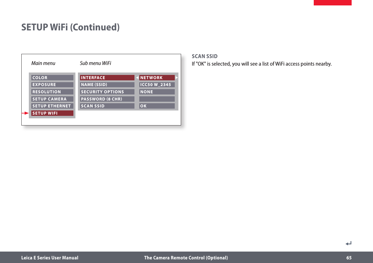 Leica E Series User Manual  The Camera Remote Control (Optional) 65SCAN SSIDIf &quot;OK&quot; is selected, you will see a list of WiFi access points nearby.SETUP WiFi (Continued)Main menu Sub menu WiFi COLOR EXPOSURE RESOLUTION SETUP CAMERA SETUP ETHERNET SETUP WIFI INTERFACE NAME SSID SECURITY OPTIONS NETWORK ICC50 W_2345 NONE PASSWORD 8 CHR SCAN SSID  OK