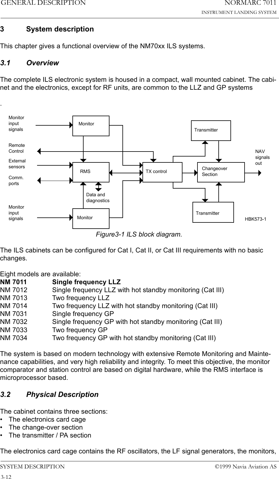 NORMARC 7011INSTRUMENT LANDING SYSTEMGENERAL DESCRIPTIONSYSTEM DESCRIPTION ©1999 Navia Aviation AS3-123 System descriptionThis chapter gives a functional overview of the NM70xx ILS systems.3.1 OverviewThe complete ILS electronic system is housed in a compact, wall mounted cabinet. The cabi-net and the electronics, except for RF units, are common to the LLZ and GP systems.Figure3-1 ILS block diagram.The ILS cabinets can be configured for Cat I, Cat II, or Cat III requirements with no basic changes.Eight models are available:NM 7011 Single frequency LLZ NM 7012 Single frequency LLZ with hot standby monitoring (Cat III)NM 7013 Two frequency LLZNM 7014 Two frequency LLZ with hot standby monitoring (Cat III)NM 7031 Single frequency GPNM 7032 Single frequency GP with hot standby monitoring (Cat III)NM 7033 Two frequency GPNM 7034 Two frequency GP with hot standby monitoring (Cat III)The system is based on modern technology with extensive Remote Monitoring and Mainte-nance capabilities, and very high reliability and integrity. To meet this objective, the monitor comparator and station control are based on digital hardware, while the RMS interface is microprocessor based.3.2 Physical DescriptionThe cabinet contains three sections:• The electronics card cage• The change-over section• The transmitter / PA sectionThe electronics card cage contains the RF oscillators, the LF signal generators, the monitors, MonitorRMSMonitorTX control ChangeoverSectionMonitorinputsignalsMonitorinputsignalsTransmitterTransmitterNAVsignalsoutRemoteControlExternalsensorsComm.portsData anddiagnosticsHBK573-1