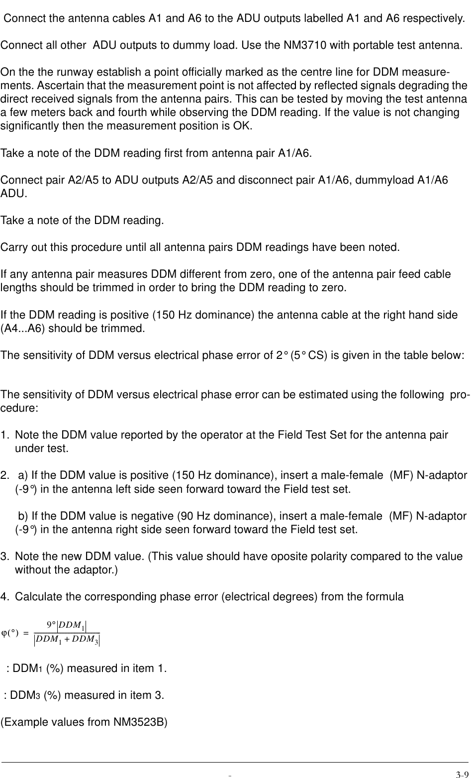   Connect the antenna cables A1 and A6 to the ADU outputs labelled A1 and A6 respectively.Connect all other  ADU outputs to dummy load. Use the NM3710 with portable test antenna.On the the runway establish a point officially marked as the centre line for DDM measure-ments. Ascertain that the measurement point is not affected by reflected signals degrading the direct received signals from the antenna pairs. This can be tested by moving the test antenna a few meters back and fourth while observing the DDM reading. If the value is not changing significantly then the measurement position is OK.Take a note of the DDM reading first from antenna pair A1/A6.Connect pair A2/A5 to ADU outputs A2/A5 and disconnect pair A1/A6, dummyload A1/A6 ADU.Take a note of the DDM reading.Carry out this procedure until all antenna pairs DDM readings have been noted.If any antenna pair measures DDM different from zero, one of the antenna pair feed cable lengths should be trimmed in order to bring the DDM reading to zero.If the DDM reading is positive (150 Hz dominance) the antenna cable at the right hand side (A4...A6) should be trimmed.The sensitivity of DDM versus electrical phase error of 2° (5° CS) is given in the table below:The sensitivity of DDM versus electrical phase error can be estimated using the following  pro-cedure:1. Note the DDM value reported by the operator at the Field Test Set for the antenna pair under test. 2.  a) If the DDM value is positive (150 Hz dominance), insert a male-female  (MF) N-adaptor (-9°) in the antenna left side seen forward toward the Field test set. b) If the DDM value is negative (90 Hz dominance), insert a male-female  (MF) N-adaptor (-9°) in the antenna right side seen forward toward the Field test set.3. Note the new DDM value. (This value should have oposite polarity compared to the value without the adaptor.)4. Calculate the corresponding phase error (electrical degrees) from the formula  : DDM1 (%) measured in item 1. : DDM3 (%) measured in item 3.(Example values from NM3523B)ϕ°() 9°DDM1DDM1DDM3+-------------------------------------------=