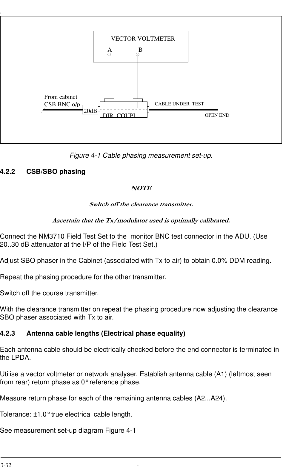 .Figure 4-1 Cable phasing measurement set-up.4.2.2 CSB/SBO phasing127(6ZLWFKRIIWKHFOHDUDQFHWUDQVPLWWHU$VFHUWDLQWKDWWKH7[PRGXODWRUXVHGLVRSWLPDOO\FDOLEUDWHGConnect the NM3710 Field Test Set to the  monitor BNC test connector in the ADU. (Use 20..30 dB attenuator at the I/P of the Field Test Set.)Adjust SBO phaser in the Cabinet (associated with Tx to air) to obtain 0.0% DDM reading.Repeat the phasing procedure for the other transmitter.Switch off the course transmitter.With the clearance transmitter on repeat the phasing procedure now adjusting the clearance SBO phaser associated with Tx to air. 4.2.3 Antenna cable lengths (Electrical phase equality)Each antenna cable should be electrically checked before the end connector is terminated in the LPDA.Utilise a vector voltmeter or network analyser. Establish antenna cable (A1) (leftmost seen from rear) return phase as 0° reference phase.Measure return phase for each of the remaining antenna cables (A2...A24).Tolerance: ±1.0° true electrical cable length. See measurement set-up diagram Figure 4-120dBABVECTOR VOLTMETERFrom cabinetCSB BNC o/pCABLE UNDER  TESTOPEN ENDDIR. COUPL.