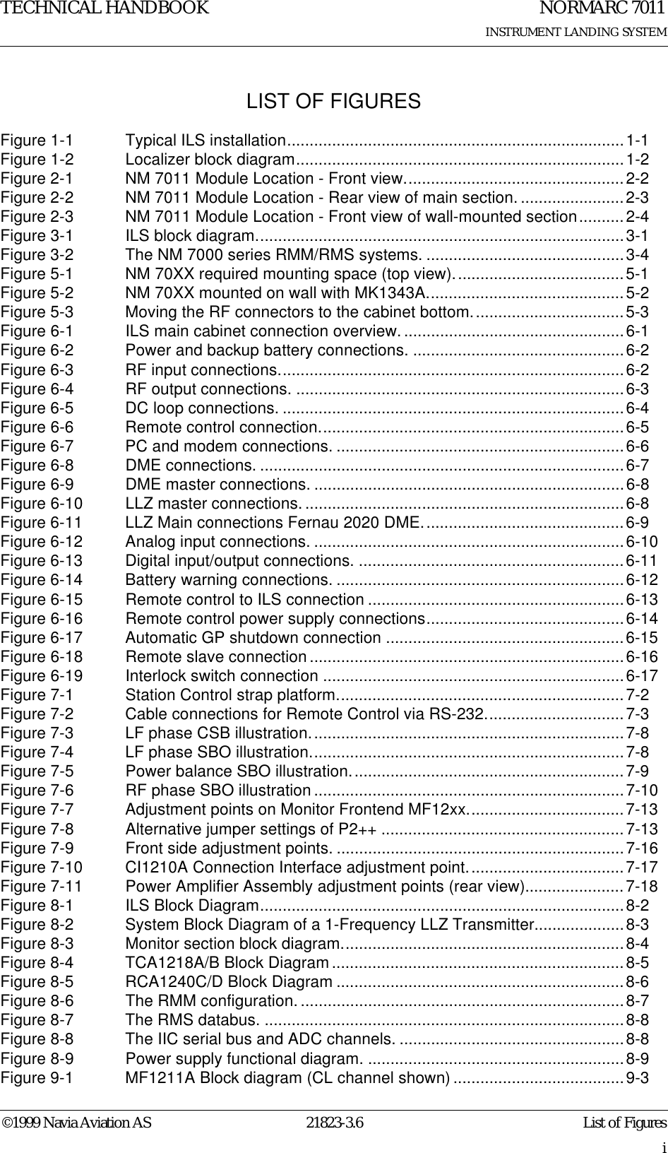 TECHNICAL HANDBOOK©1999 Navia Aviation AS 21823-3.6iLIST OF FIGURESNORMARC 7011INSTRUMENT LANDING SYSTEMList of FiguresFigure 1-1 Typical ILS installation...........................................................................1-1Figure 1-2 Localizer block diagram.........................................................................1-2Figure 2-1 NM 7011 Module Location - Front view.................................................2-2Figure 2-2 NM 7011 Module Location - Rear view of main section. .......................2-3Figure 2-3 NM 7011 Module Location - Front view of wall-mounted section..........2-4Figure 3-1 ILS block diagram..................................................................................3-1Figure 3-2 The NM 7000 series RMM/RMS systems. ............................................3-4Figure 5-1 NM 70XX required mounting space (top view)......................................5-1Figure 5-2 NM 70XX mounted on wall with MK1343A............................................5-2Figure 5-3 Moving the RF connectors to the cabinet bottom..................................5-3Figure 6-1 ILS main cabinet connection overview..................................................6-1Figure 6-2 Power and backup battery connections. ...............................................6-2Figure 6-3 RF input connections.............................................................................6-2Figure 6-4 RF output connections. .........................................................................6-3Figure 6-5 DC loop connections. ............................................................................6-4Figure 6-6 Remote control connection....................................................................6-5Figure 6-7 PC and modem connections. ................................................................6-6Figure 6-8 DME connections. .................................................................................6-7Figure 6-9 DME master connections. .....................................................................6-8Figure 6-10 LLZ master connections. .......................................................................6-8Figure 6-11 LLZ Main connections Fernau 2020 DME.............................................6-9Figure 6-12 Analog input connections. .....................................................................6-10Figure 6-13 Digital input/output connections. ...........................................................6-11Figure 6-14 Battery warning connections. ................................................................6-12Figure 6-15 Remote control to ILS connection .........................................................6-13Figure 6-16 Remote control power supply connections............................................6-14Figure 6-17 Automatic GP shutdown connection .....................................................6-15Figure 6-18 Remote slave connection ......................................................................6-16Figure 6-19 Interlock switch connection ...................................................................6-17Figure 7-1 Station Control strap platform................................................................7-2Figure 7-2 Cable connections for Remote Control via RS-232...............................7-3Figure 7-3 LF phase CSB illustration......................................................................7-8Figure 7-4 LF phase SBO illustration......................................................................7-8Figure 7-5 Power balance SBO illustration.............................................................7-9Figure 7-6 RF phase SBO illustration .....................................................................7-10Figure 7-7 Adjustment points on Monitor Frontend MF12xx...................................7-13Figure 7-8 Alternative jumper settings of P2++ ......................................................7-13Figure 7-9 Front side adjustment points. ................................................................7-16Figure 7-10 CI1210A Connection Interface adjustment point...................................7-17Figure 7-11 Power Amplifier Assembly adjustment points (rear view)......................7-18Figure 8-1 ILS Block Diagram.................................................................................8-2Figure 8-2 System Block Diagram of a 1-Frequency LLZ Transmitter....................8-3Figure 8-3 Monitor section block diagram...............................................................8-4Figure 8-4 TCA1218A/B Block Diagram.................................................................8-5Figure 8-5 RCA1240C/D Block Diagram ................................................................8-6Figure 8-6 The RMM configuration. ........................................................................8-7Figure 8-7 The RMS databus. ................................................................................8-8Figure 8-8 The IIC serial bus and ADC channels. ..................................................8-8Figure 8-9 Power supply functional diagram. .........................................................8-9Figure 9-1 MF1211A Block diagram (CL channel shown) ......................................9-3