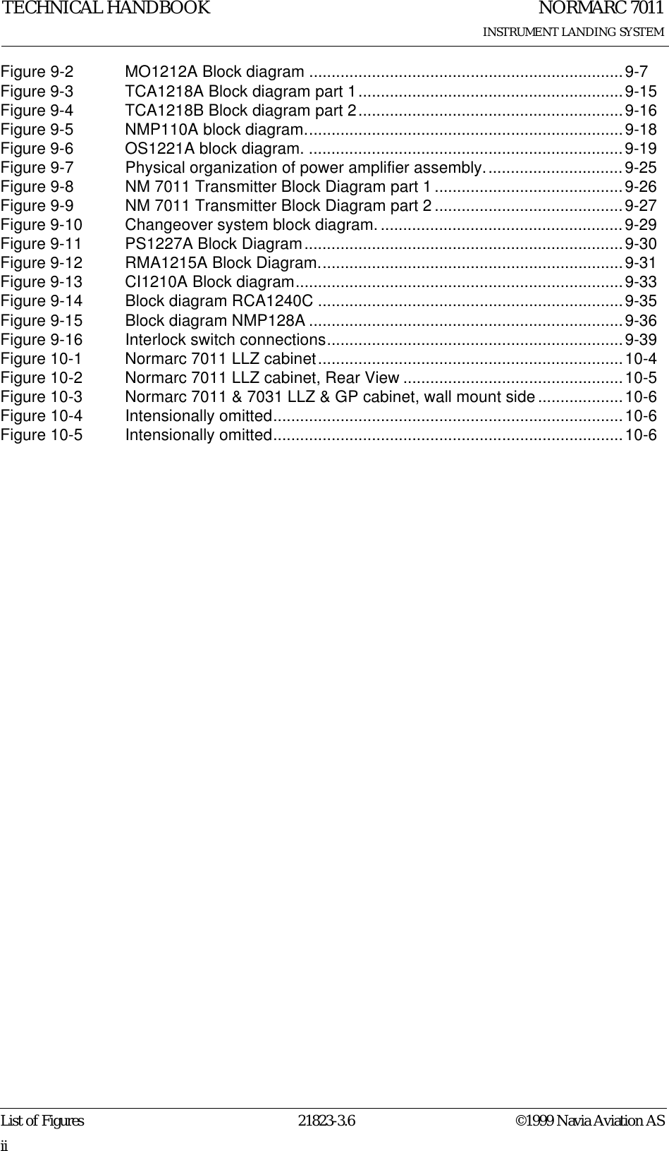 NORMARC 7011INSTRUMENT LANDING SYSTEMTECHNICAL HANDBOOKList of Figures 21823-3.6 ©1999 Navia Aviation ASiiFigure 9-2 MO1212A Block diagram ......................................................................9-7Figure 9-3 TCA1218A Block diagram part 1...........................................................9-15Figure 9-4 TCA1218B Block diagram part 2...........................................................9-16Figure 9-5 NMP110A block diagram.......................................................................9-18Figure 9-6 OS1221A block diagram. ......................................................................9-19Figure 9-7 Physical organization of power amplifier assembly...............................9-25Figure 9-8 NM 7011 Transmitter Block Diagram part 1 ..........................................9-26Figure 9-9 NM 7011 Transmitter Block Diagram part 2 ..........................................9-27Figure 9-10 Changeover system block diagram. ......................................................9-29Figure 9-11 PS1227A Block Diagram.......................................................................9-30Figure 9-12 RMA1215A Block Diagram....................................................................9-31Figure 9-13 CI1210A Block diagram.........................................................................9-33Figure 9-14 Block diagram RCA1240C ....................................................................9-35Figure 9-15 Block diagram NMP128A ......................................................................9-36Figure 9-16 Interlock switch connections..................................................................9-39Figure 10-1 Normarc 7011 LLZ cabinet....................................................................10-4Figure 10-2 Normarc 7011 LLZ cabinet, Rear View .................................................10-5Figure 10-3 Normarc 7011 &amp; 7031 LLZ &amp; GP cabinet, wall mount side...................10-6Figure 10-4 Intensionally omitted..............................................................................10-6Figure 10-5 Intensionally omitted..............................................................................10-6