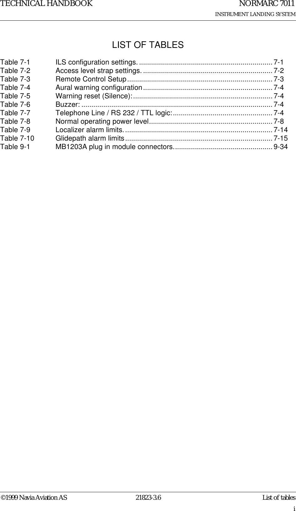TECHNICAL HANDBOOK©1999 Navia Aviation AS 21823-3.6iLIST OF TABLESNORMARC 7011INSTRUMENT LANDING SYSTEMList of tablesTable 7-1 ILS configuration settings. ................................................................... 7-1Table 7-2 Access level strap settings. ................................................................. 7-2Table 7-3 Remote Control Setup......................................................................... 7-3Table 7-4 Aural warning configuration................................................................. 7-4Table 7-5 Warning reset (Silence):...................................................................... 7-4Table 7-6 Buzzer: ................................................................................................ 7-4Table 7-7 Telephone Line / RS 232 / TTL logic:.................................................. 7-4Table 7-8 Normal operating power level..............................................................7-8Table 7-9 Localizer alarm limits........................................................................... 7-14Table 7-10 Glidepath alarm limits..........................................................................7-15Table 9-1 MB1203A plug in module connectors..................................................9-34