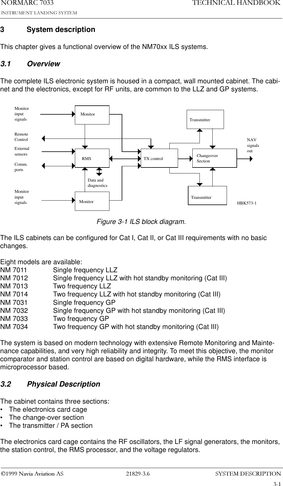 6&lt;67(0&apos;(6&amp;5,37,211250$5&amp;1DYLD$YLDWLRQ$67(&amp;+1,&amp;$/+$1&apos;%22.3 System descriptionThis chapter gives a functional overview of the NM70xx ILS systems.3.1 OverviewThe complete ILS electronic system is housed in a compact, wall mounted cabinet. The cabi-net and the electronics, except for RF units, are common to the LLZ and GP systems.Figure 3-1 ILS block diagram.The ILS cabinets can be configured for Cat I, Cat II, or Cat III requirements with no basic changes.Eight models are available:NM 7011 Single frequency LLZNM 7012 Single frequency LLZ with hot standby monitoring (Cat III)NM 7013 Two frequency LLZNM 7014 Two frequency LLZ with hot standby monitoring (Cat III)NM 7031 Single frequency GPNM 7032 Single frequency GP with hot standby monitoring (Cat III)NM 7033 Two frequency GPNM 7034 Two frequency GP with hot standby monitoring (Cat III)The system is based on modern technology with extensive Remote Monitoring and Mainte-nance capabilities, and very high reliability and integrity. To meet this objective, the monitor comparator and station control are based on digital hardware, while the RMS interface is microprocessor based.3.2 Physical DescriptionThe cabinet contains three sections:• The electronics card cage• The change-over section• The transmitter / PA sectionThe electronics card cage contains the RF oscillators, the LF signal generators, the monitors, the station control, the RMS processor, and the voltage regulators.MonitorRMSMonitorTX control ChangeoverSectionMonitorinputsignalsMonitorinputsignals TransmitterTransmitterNAVsignalsoutRemoteControlExternalsensorsComm.portsData anddiagnosticsHBK573-1