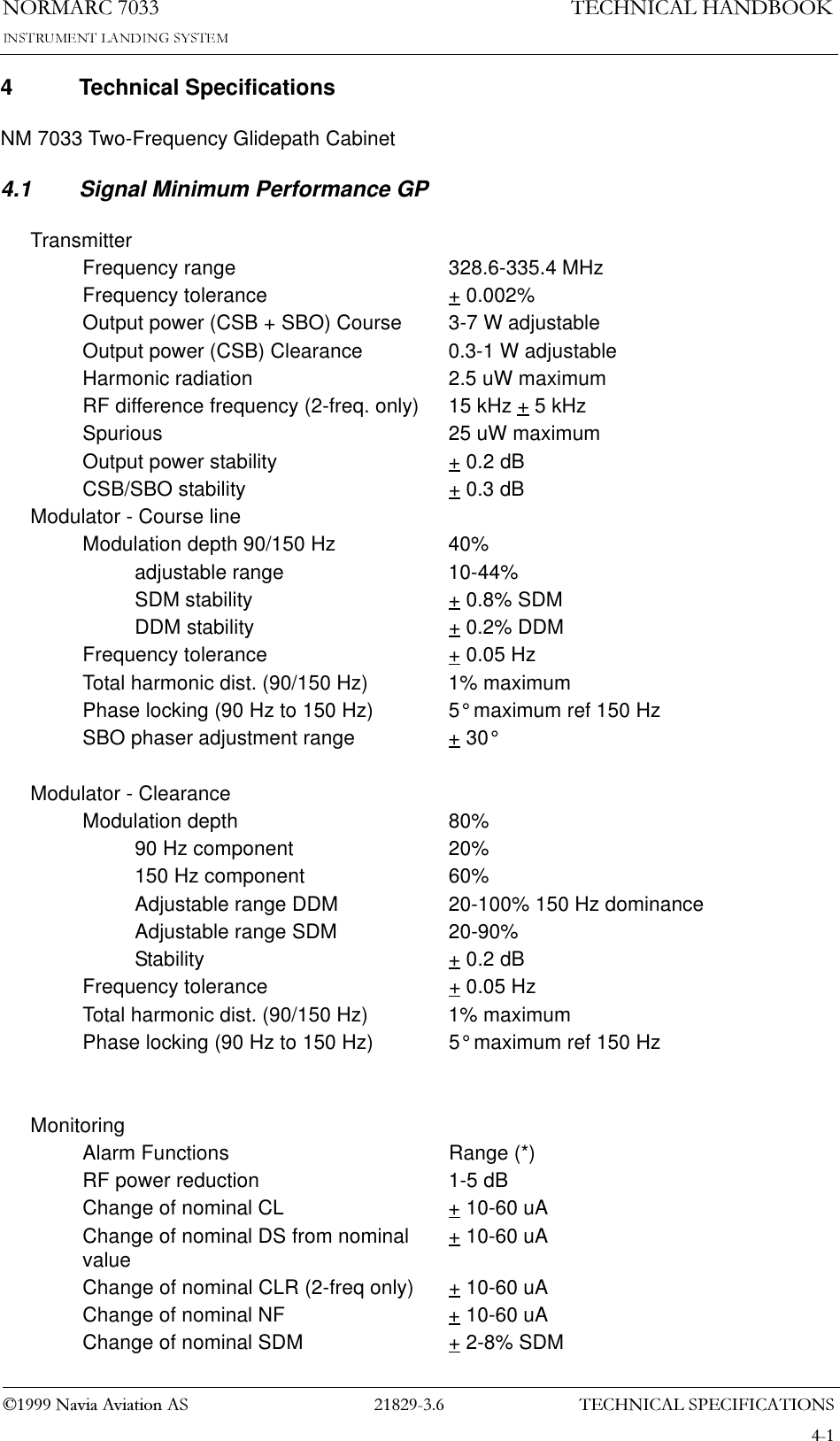 7(&amp;+1,&amp;$/63(&amp;,),&amp;$7,2161250$5&amp;1DYLD$YLDWLRQ$67(&amp;+1,&amp;$/+$1&apos;%22.4 Technical SpecificationsNM 7033 Two-Frequency Glidepath Cabinet4.1 Signal Minimum Performance GPTransmitterFrequency range 328.6-335.4 MHzFrequency tolerance + 0.002%Output power (CSB + SBO) Course 3-7 W adjustableOutput power (CSB) Clearance 0.3-1 W adjustableHarmonic radiation 2.5 uW maximumRF difference frequency (2-freq. only) 15 kHz + 5 kHzSpurious 25 uW maximumOutput power stability + 0.2 dBCSB/SBO stability + 0.3 dBModulator - Course lineModulation depth 90/150 Hz 40%adjustable range 10-44%SDM stability + 0.8% SDMDDM stability + 0.2% DDMFrequency tolerance + 0.05 HzTotal harmonic dist. (90/150 Hz) 1% maximumPhase locking (90 Hz to 150 Hz) 5° maximum ref 150 HzSBO phaser adjustment range + 30°Modulator - ClearanceModulation depth 80%90 Hz component 20%150 Hz component 60%Adjustable range DDM 20-100% 150 Hz dominanceAdjustable range SDM 20-90%Stability + 0.2 dBFrequency tolerance + 0.05 HzTotal harmonic dist. (90/150 Hz) 1% maximumPhase locking (90 Hz to 150 Hz) 5° maximum ref 150 HzMonitoringAlarm Functions Range (*)RF power reduction 1-5 dBChange of nominal CL + 10-60 uAChange of nominal DS from nominal value + 10-60 uAChange of nominal CLR (2-freq only) + 10-60 uAChange of nominal NF + 10-60 uAChange of nominal SDM + 2-8% SDM