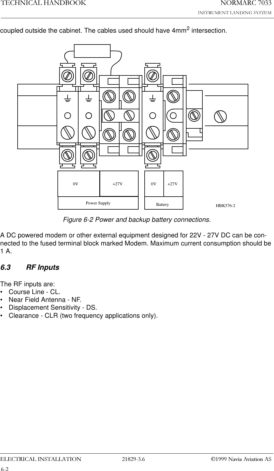 1250$5&amp;7(&amp;+1,&amp;$/+$1&apos;%22.(/(&amp;75,&amp;$/,167$//$7,21  1DYLD$YLDWLRQ$6coupled outside the cabinet. The cables used should have 4mm2 intersection.Figure 6-2 Power and backup battery connections.A DC powered modem or other external equipment designed for 22V - 27V DC can be con-nected to the fused terminal block marked Modem. Maximum current consumption should be 1 A.6.3 RF InputsThe RF inputs are:• Course Line - CL.• Near Field Antenna - NF.• Displacement Sensitivity - DS.• Clearance - CLR (two frequency applications only).Battery0V +27VPower Supply0V +27VHBK576-2