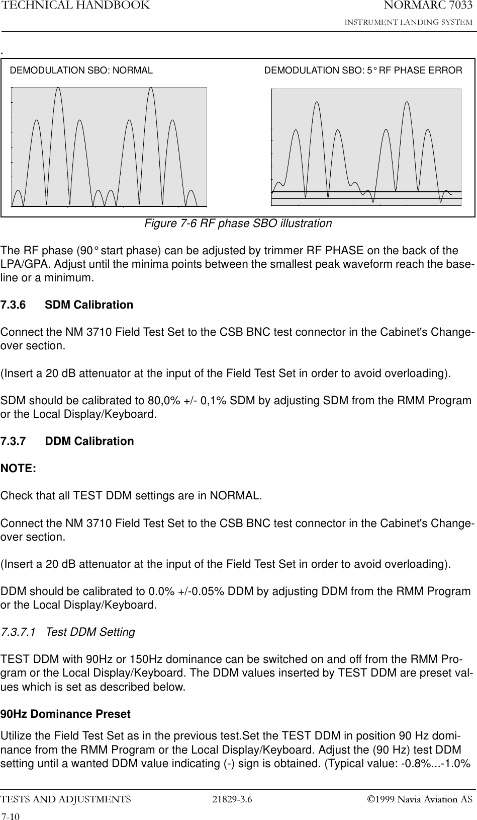 1250$5&amp;7(&amp;+1,&amp;$/+$1&apos;%22.7(676$1&apos;$&apos;-8670(176  1DYLD$YLDWLRQ$6.Figure 7-6 RF phase SBO illustrationThe RF phase (90° start phase) can be adjusted by trimmer RF PHASE on the back of the LPA/GPA. Adjust until the minima points between the smallest peak waveform reach the base-line or a minimum.7.3.6 SDM CalibrationConnect the NM 3710 Field Test Set to the CSB BNC test connector in the Cabinet&apos;s Change-over section.(Insert a 20 dB attenuator at the input of the Field Test Set in order to avoid overloading).SDM should be calibrated to 80,0% +/- 0,1% SDM by adjusting SDM from the RMM Program or the Local Display/Keyboard.7.3.7 DDM CalibrationNOTE:Check that all TEST DDM settings are in NORMAL. Connect the NM 3710 Field Test Set to the CSB BNC test connector in the Cabinet&apos;s Change-over section.(Insert a 20 dB attenuator at the input of the Field Test Set in order to avoid overloading).DDM should be calibrated to 0.0% +/-0.05% DDM by adjusting DDM from the RMM Program or the Local Display/Keyboard.7.3.7.1 Test DDM SettingTEST DDM with 90Hz or 150Hz dominance can be switched on and off from the RMM Pro-gram or the Local Display/Keyboard. The DDM values inserted by TEST DDM are preset val-ues which is set as described below.90Hz Dominance PresetUtilize the Field Test Set as in the previous test.Set the TEST DDM in position 90 Hz domi-nance from the RMM Program or the Local Display/Keyboard. Adjust the (90 Hz) test DDM setting until a wanted DDM value indicating (-) sign is obtained. (Typical value: -0.8%...-1.0% DEMODULATION SBO: 5° RF PHASE ERRORDEMODULATION SBO: NORMAL