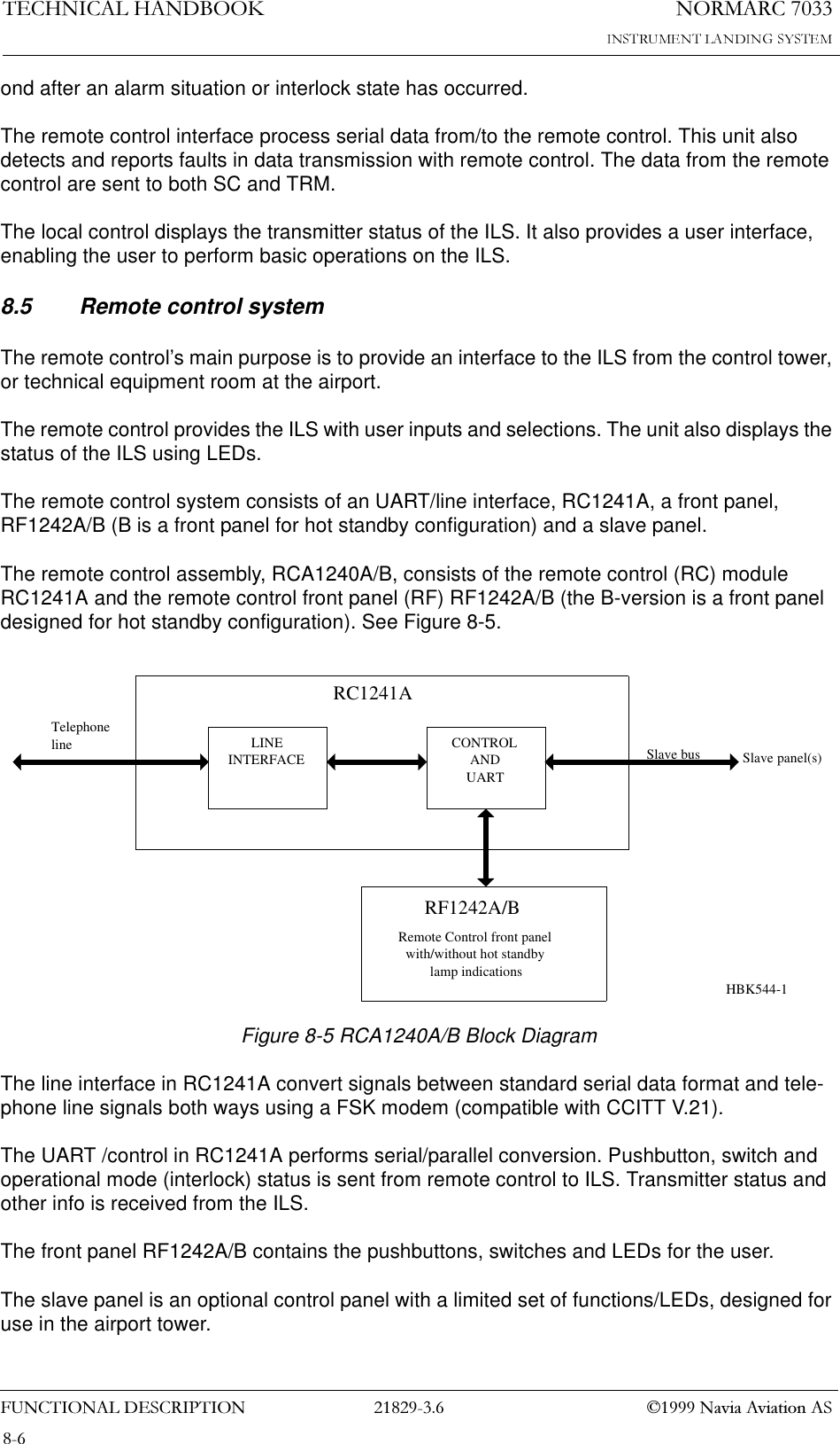 1250$5&amp;7(&amp;+1,&amp;$/+$1&apos;%22.)81&amp;7,21$/&apos;(6&amp;5,37,21  1DYLD$YLDWLRQ$6ond after an alarm situation or interlock state has occurred.The remote control interface process serial data from/to the remote control. This unit also detects and reports faults in data transmission with remote control. The data from the remote control are sent to both SC and TRM.The local control displays the transmitter status of the ILS. It also provides a user interface, enabling the user to perform basic operations on the ILS.8.5 Remote control systemThe remote control’s main purpose is to provide an interface to the ILS from the control tower, or technical equipment room at the airport.The remote control provides the ILS with user inputs and selections. The unit also displays the status of the ILS using LEDs.The remote control system consists of an UART/line interface, RC1241A, a front panel, RF1242A/B (B is a front panel for hot standby configuration) and a slave panel.The remote control assembly, RCA1240A/B, consists of the remote control (RC) module RC1241A and the remote control front panel (RF) RF1242A/B (the B-version is a front panel designed for hot standby configuration). See Figure 8-5.Figure 8-5 RCA1240A/B Block DiagramThe line interface in RC1241A convert signals between standard serial data format and tele-phone line signals both ways using a FSK modem (compatible with CCITT V.21).The UART /control in RC1241A performs serial/parallel conversion. Pushbutton, switch and operational mode (interlock) status is sent from remote control to ILS. Transmitter status and other info is received from the ILS.The front panel RF1242A/B contains the pushbuttons, switches and LEDs for the user.The slave panel is an optional control panel with a limited set of functions/LEDs, designed for use in the airport tower.LINEINTERFACERF1242A/BTelephoneline CONTROLANDUARTSlave busRemote Control front panelwith/without hot standbylamp indicationsRC1241ASlave panel(s)HBK544-1