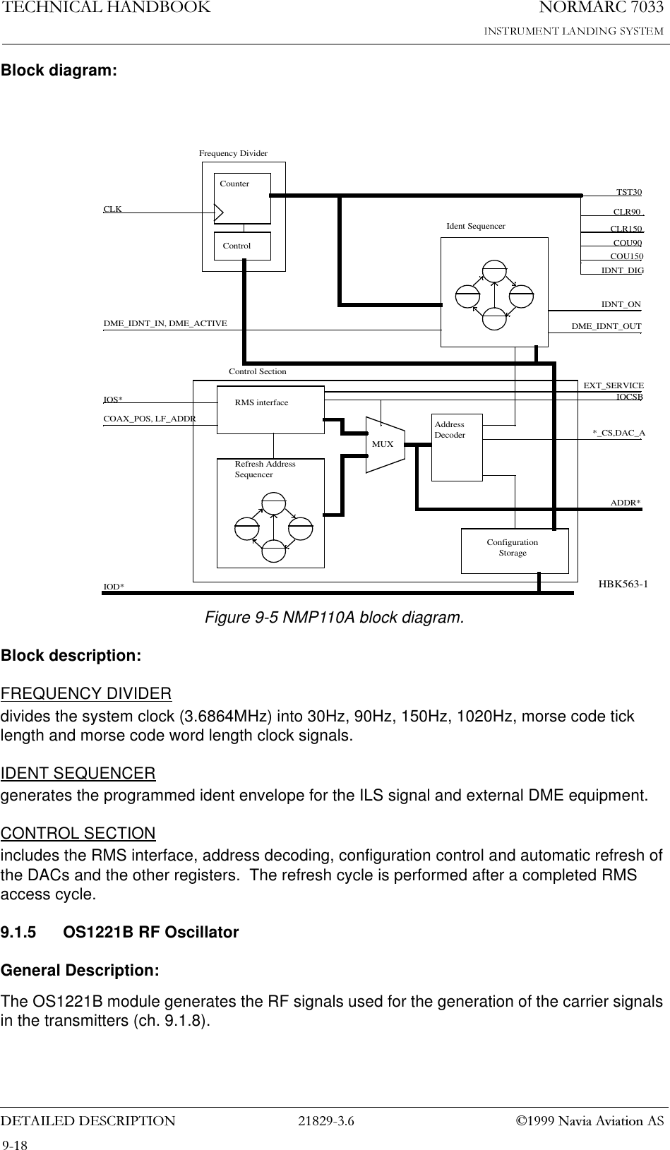 1250$5&amp;7(&amp;+1,&amp;$/+$1&apos;%22.&apos;(7$,/(&apos;&apos;(6&amp;5,37,21  1DYLD$YLDWLRQ$6Block diagram:Figure 9-5 NMP110A block diagram.Block description:FREQUENCY DIVIDERdivides the system clock (3.6864MHz) into 30Hz, 90Hz, 150Hz, 1020Hz, morse code tick length and morse code word length clock signals.IDENT SEQUENCERgenerates the programmed ident envelope for the ILS signal and external DME equipment.CONTROL SECTIONincludes the RMS interface, address decoding, configuration control and automatic refresh of the DACs and the other registers.  The refresh cycle is performed after a completed RMS access cycle.9.1.5 OS1221B RF OscillatorGeneral Description:The OS1221B module generates the RF signals used for the generation of the carrier signals in the transmitters (ch. 9.1.8).ConfigurationStorageCounterIdent SequencerRefresh AddressSequencerRMS interfaceDME_IDNT_IN, DME_ACTIVEAddressDecoderMUXEXT_SERVICE*_CS,DAC_AIOCSBCLKTST30CLR90CLR150COU90COU150IDNT_DIGDME_IDNT_OUTIDNT_ONIOS*IOD*ControlControl SectionFrequency DividerADDR*COAX_POS, LF_ADDRHBK563-1