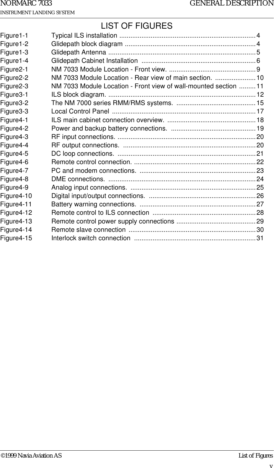 ©1999 Navia Aviation AS List of FiguresGENERAL DESCRIPTIONNORMARC 7033INSTRUMENT LANDING SYSTEMvLIST OF FIGURESFigure1-1  Typical ILS installation ..........................................................................4Figure1-2  Glidepath block diagram .......................................................................4Figure1-3 Glidepath Antenna ................................................................................5Figure1-4  Glidepath Cabinet Installation  ..............................................................6Figure2-1  NM 7033 Module Location - Front view. ...............................................9Figure2-2  NM 7033 Module Location - Rear view of main section.  ......................10Figure2-3  NM 7033 Module Location - Front view of wall-mounted section .........11Figure3-1 ILS block diagram. ................................................................................12Figure3-2  The NM 7000 series RMM/RMS systems.  ...........................................15Figure3-3 Local Control Panel ..............................................................................17Figure4-1  ILS main cabinet connection overview. ................................................18Figure4-2  Power and backup battery connections.  ..............................................19Figure4-3 RF input connections. ...........................................................................20Figure4-4 RF output connections. ........................................................................20Figure4-5 DC loop connections. ...........................................................................21Figure4-6  Remote control connection. ..................................................................22Figure4-7  PC and modem connections.  ...............................................................23Figure4-8 DME connections. ................................................................................24Figure4-9  Analog input connections.  ....................................................................25Figure4-10  Digital input/output connections.  ..........................................................26Figure4-11  Battery warning connections.  ...............................................................27Figure4-12  Remote control to ILS connection  ........................................................28Figure4-13  Remote control power supply connections ...........................................29Figure4-14  Remote slave connection .....................................................................30Figure4-15  Interlock switch connection  ..................................................................31