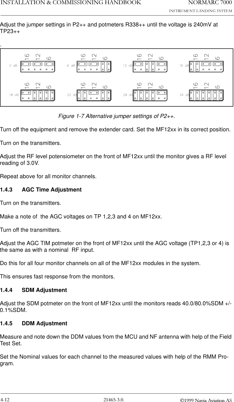 1250$5&amp;,167$//$7,21&amp;200,66,21,1*+$1&apos;%22. 1DYLD$YLDWLRQ$6Adjust the jumper settings in P2++ and potmeters R338++ until the voltage is 240mV at TP23++.Figure 1-7 Alternative jumper settings of P2++.Turn off the equipment and remove the extender card. Set the MF12xx in its correct position.Turn on the transmitters.Adjust the RF level potensiometer on the front of MF12xx until the monitor gives a RF level reading of 3.0V.Repeat above for all monitor channels.1.4.3 AGC Time AdjustmentTurn on the transmitters.Make a note of  the AGC voltages on TP 1,2,3 and 4 on MF12xx.Turn off the transmitters.Adjust the AGC TIM potmeter on the front of MF12xx until the AGC voltage (TP1,2,3 or 4) is the same as with a nominal  RF input.Do this for all four monitor channels on all of the MF12xx modules in the system.This ensures fast response from the monitors.1.4.4 SDM AdjustmentAdjust the SDM potmeter on the front of MF12xx until the monitors reads 40.0/80.0%SDM +/- 0.1%SDM.1.4.5 DDM AdjustmentMeasure and note down the DDM values from the MCU and NF antenna with help of the Field Test Set.Set the Nominal values for each channel to the measured values with help of the RMM Pro-gram.