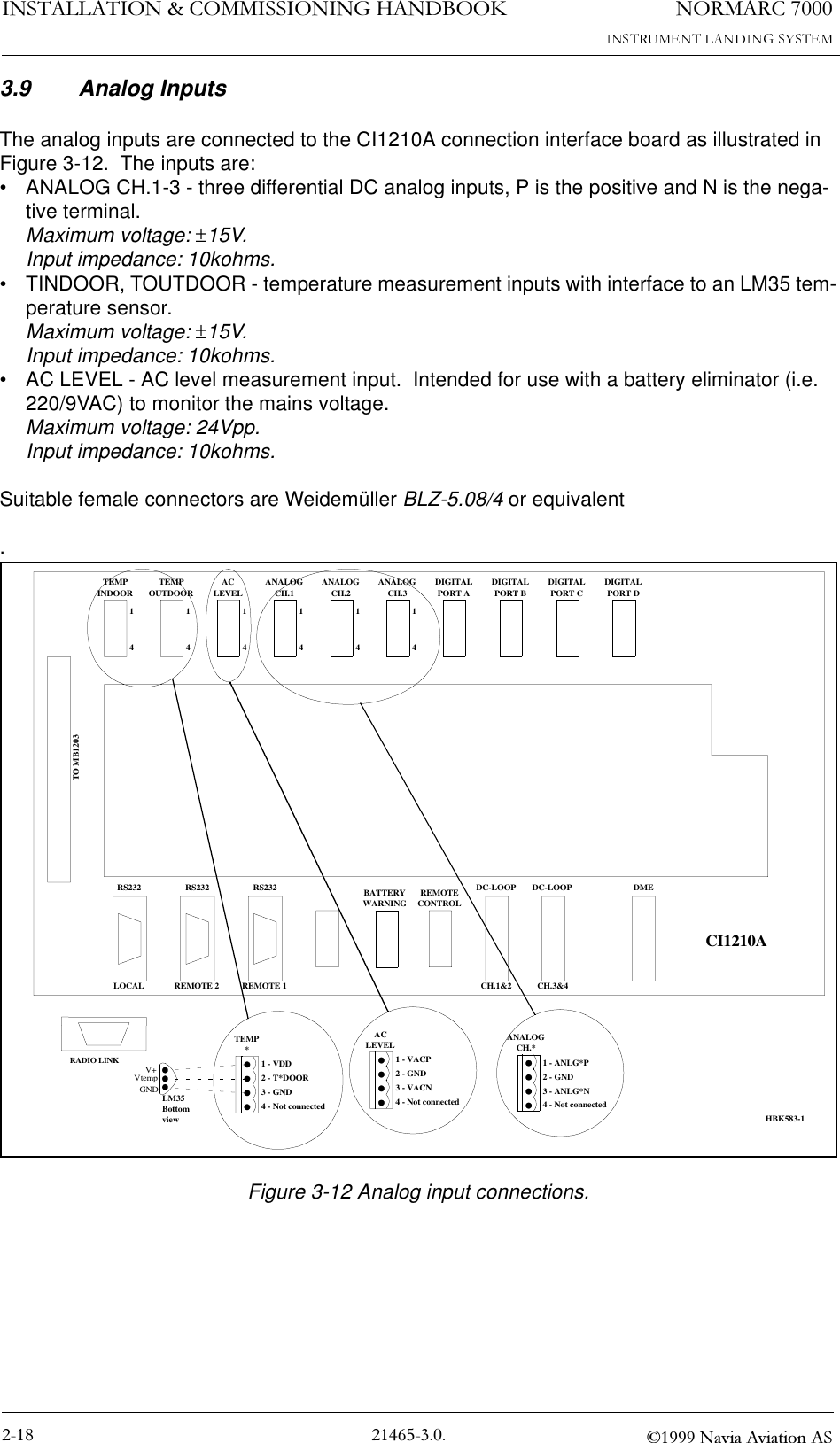 1250$5&amp;,167$//$7,21&amp;200,66,21,1*+$1&apos;%22. 1DYLD$YLDWLRQ$63.9 Analog InputsThe analog inputs are connected to the CI1210A connection interface board as illustrated in Figure 3-12.  The inputs are:• ANALOG CH.1-3 - three differential DC analog inputs, P is the positive and N is the nega-tive terminal.  Maximum voltage: ±15V.Input impedance: 10kohms.• TINDOOR, TOUTDOOR - temperature measurement inputs with interface to an LM35 tem-perature sensor.Maximum voltage: ±15V.Input impedance: 10kohms.• AC LEVEL - AC level measurement input.  Intended for use with a battery eliminator (i.e. 220/9VAC) to monitor the mains voltage.Maximum voltage: 24Vpp.Input impedance: 10kohms.Suitable female connectors are Weidemüller BLZ-5.08/4 or equivalent.Figure 3-12 Analog input connections.TEMPINDOOR TEMPOUTDOOR ACLEVEL ANALOGCH.1 ANALOGCH.2 ANALOGCH.3 DIGITALPORT A DIGITALPORT B DIGITALPORT C DIGITALPORT DTO MB1203RS232 RS232 RS232 REMOTECONTROLDC-LOOP DC-LOOP DMELOCAL REMOTE 2 REMOTE 1 CH.1&amp;2 CH.3&amp;4TEMP*1 - VDD2 - T*DOOR3 - GND4 - Not connectedCI1210A14LM35Bottomview1 - VACP2 - GND3 - VACN4 - Not connectedACLEVEL1 - ANLG*P2 - GND3 - ANLG*N4 - Not connectedANALOGCH.*1414141414V+VtempGNDBATTERYWARNINGHBK583-1RADIO LINK
