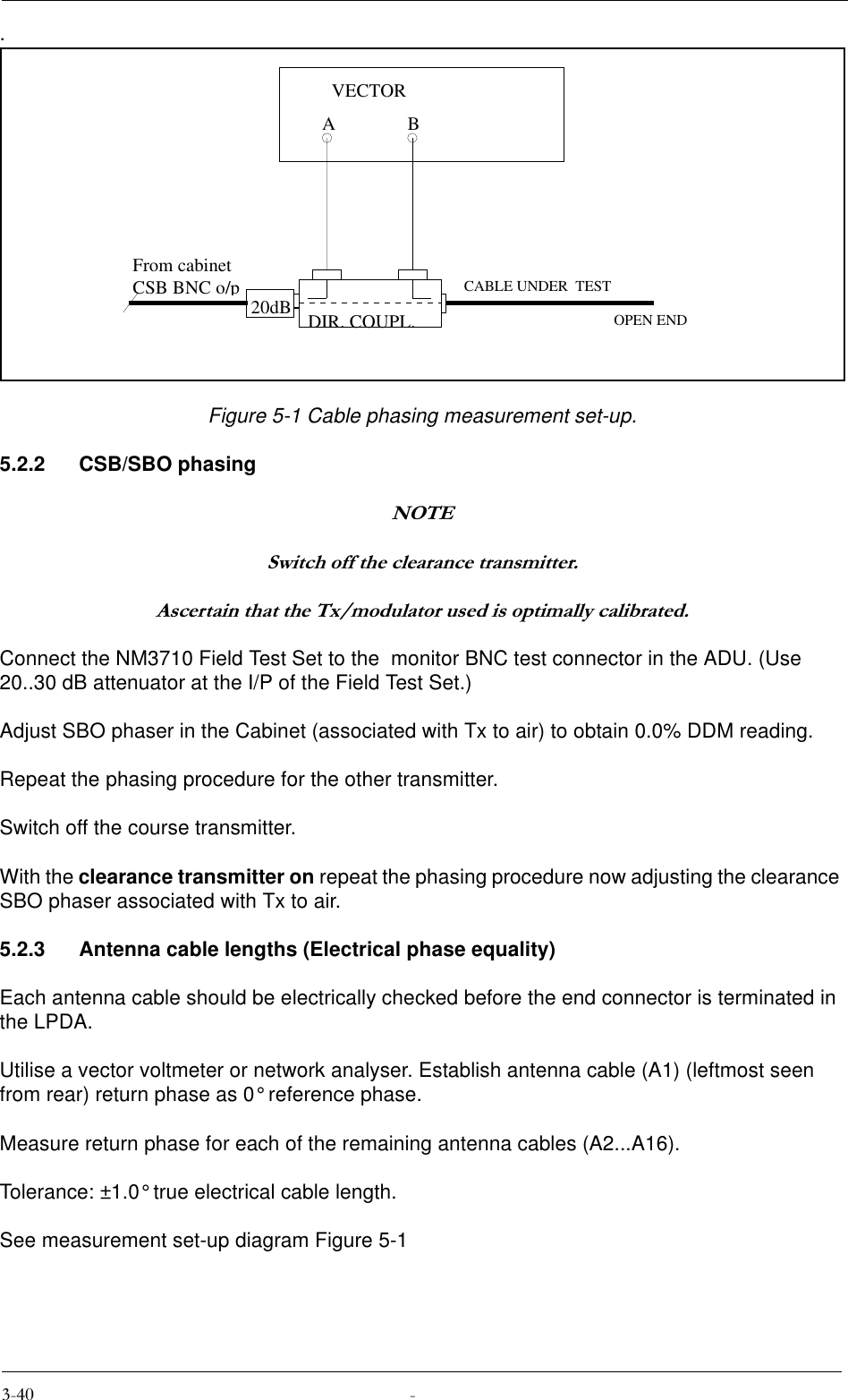 .Figure 5-1 Cable phasing measurement set-up.5.2.2 CSB/SBO phasing127(6ZLWFKRIIWKHFOHDUDQFHWUDQVPLWWHU$VFHUWDLQWKDWWKH7[PRGXODWRUXVHGLVRSWLPDOO\FDOLEUDWHGConnect the NM3710 Field Test Set to the  monitor BNC test connector in the ADU. (Use 20..30 dB attenuator at the I/P of the Field Test Set.)Adjust SBO phaser in the Cabinet (associated with Tx to air) to obtain 0.0% DDM reading.Repeat the phasing procedure for the other transmitter.Switch off the course transmitter.With the clearance transmitter on repeat the phasing procedure now adjusting the clearance SBO phaser associated with Tx to air. 5.2.3 Antenna cable lengths (Electrical phase equality)Each antenna cable should be electrically checked before the end connector is terminated in the LPDA.Utilise a vector voltmeter or network analyser. Establish antenna cable (A1) (leftmost seen from rear) return phase as 0° reference phase.Measure return phase for each of the remaining antenna cables (A2...A16).Tolerance: ±1.0° true electrical cable length. See measurement set-up diagram Figure 5-120dBABVECTORFrom cabinetCSB BNC o/pCABLE UNDER  TESTOPEN ENDDIR. COUPL.