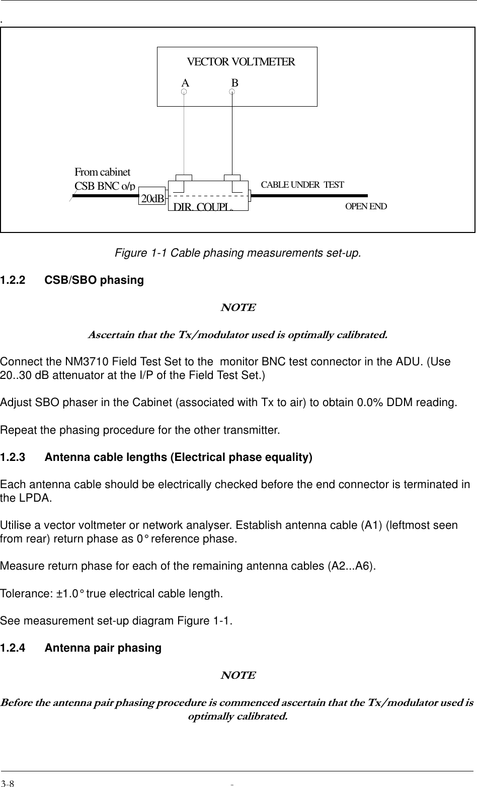 .Figure 1-1 Cable phasing measurements set-up.1.2.2 CSB/SBO phasing127($VFHUWDLQWKDWWKH7[PRGXODWRUXVHGLVRSWLPDOO\FDOLEUDWHGConnect the NM3710 Field Test Set to the  monitor BNC test connector in the ADU. (Use 20..30 dB attenuator at the I/P of the Field Test Set.)Adjust SBO phaser in the Cabinet (associated with Tx to air) to obtain 0.0% DDM reading.Repeat the phasing procedure for the other transmitter.1.2.3 Antenna cable lengths (Electrical phase equality)Each antenna cable should be electrically checked before the end connector is terminated in the LPDA.Utilise a vector voltmeter or network analyser. Establish antenna cable (A1) (leftmost seen from rear) return phase as 0° reference phase.Measure return phase for each of the remaining antenna cables (A2...A6).Tolerance: ±1.0° true electrical cable length. See measurement set-up diagram Figure 1-1.1.2.4 Antenna pair phasing127(%HIRUHWKHDQWHQQDSDLUSKDVLQJSURFHGXUHLVFRPPHQFHGDVFHUWDLQWKDWWKH7[PRGXODWRUXVHGLVRSWLPDOO\FDOLEUDWHG20dBABVECTOR VOLTMETERFrom cabinetCSB BNC o/pCABLE UNDER  TESTOPEN ENDDIR. COUPL.