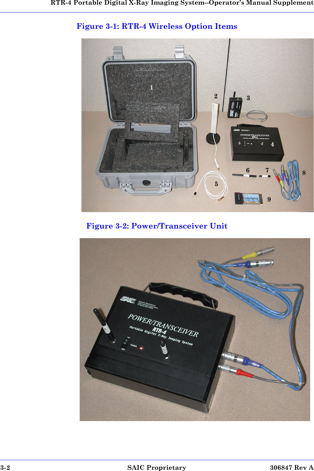   RTR-4 Portable Digital X-Ray Imaging System--Operator’s Manual Supplement3-2 SAIC Proprietary 306847 Rev AFigure 3-1: RTR-4 Wireless Option ItemsFigure 3-2: Power/Transceiver Unit1234567 89