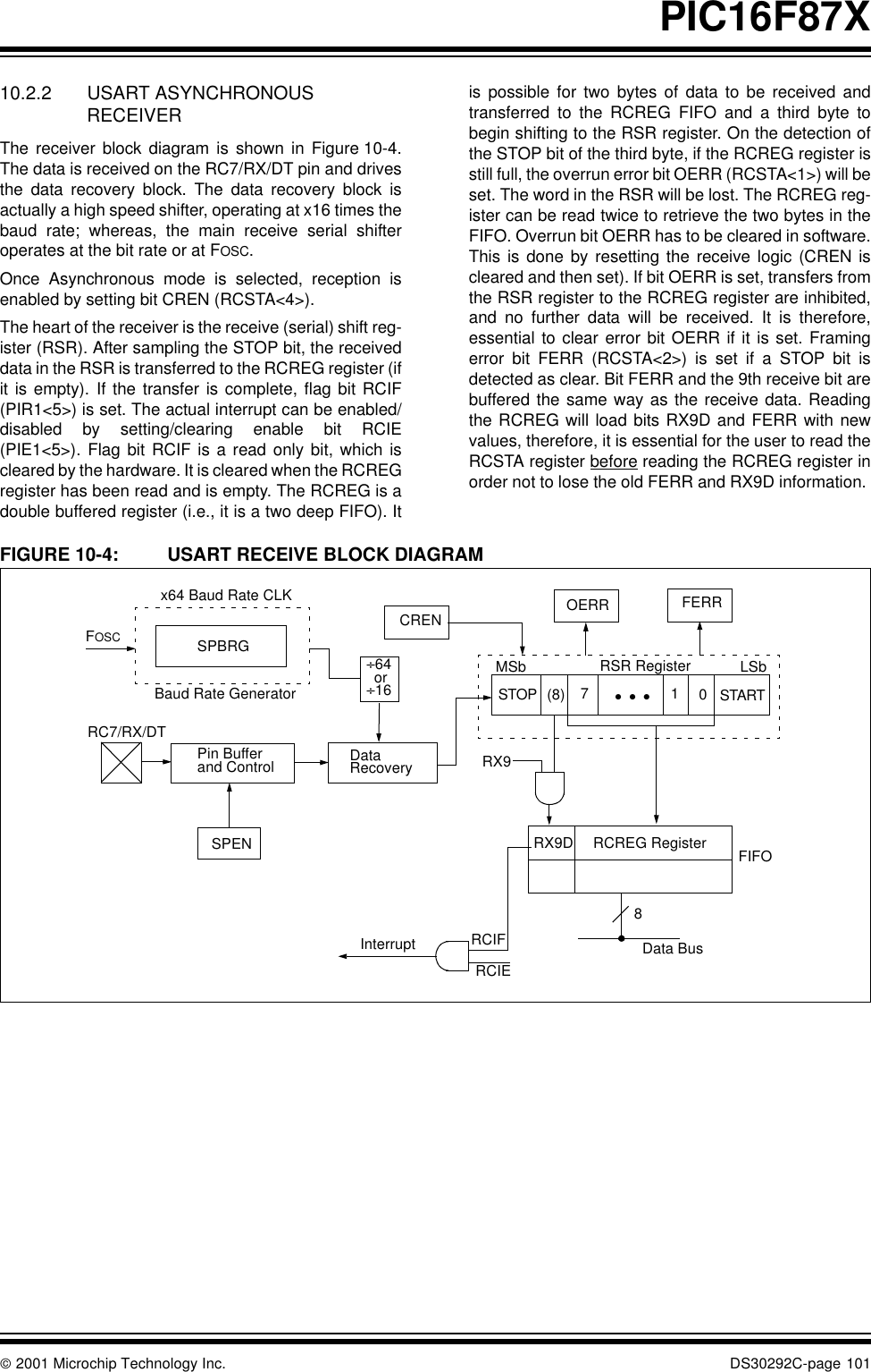  2001 Microchip Technology Inc. DS30292C-page 101PIC16F87X10.2.2 USART ASYNCHRONOUS RECEIVERThe receiver block diagram is shown in Figure 10-4.The data is received on the RC7/RX/DT pin and drivesthe data recovery block. The data recovery block isactually a high speed shifter, operating at x16 times thebaud rate; whereas, the main receive serial shifteroperates at the bit rate or at FOSC. Once Asynchronous mode is selected, reception isenabled by setting bit CREN (RCSTA&lt;4&gt;).The heart of the receiver is the receive (serial) shift reg-ister (RSR). After sampling the STOP bit, the receiveddata in the RSR is transferred to the RCREG register (ifit is empty). If the transfer is complete, flag bit RCIF(PIR1&lt;5&gt;) is set. The actual interrupt can be enabled/disabled by setting/clearing enable bit RCIE(PIE1&lt;5&gt;). Flag bit RCIF is a read only bit, which iscleared by the hardware. It is cleared when the RCREGregister has been read and is empty. The RCREG is adouble buffered register (i.e., it is a two deep FIFO). Itis possible for two bytes of data to be received andtransferred to the RCREG FIFO and a third byte tobegin shifting to the RSR register. On the detection ofthe STOP bit of the third byte, if the RCREG register isstill full, the overrun error bit OERR (RCSTA&lt;1&gt;) will beset. The word in the RSR will be lost. The RCREG reg-ister can be read twice to retrieve the two bytes in theFIFO. Overrun bit OERR has to be cleared in software.This is done by resetting the receive logic (CREN iscleared and then set). If bit OERR is set, transfers fromthe RSR register to the RCREG register are inhibited,and no further data will be received. It is therefore,essential to clear error bit OERR if it is set. Framingerror bit FERR (RCSTA&lt;2&gt;) is set if a STOP bit isdetected as clear. Bit FERR and the 9th receive bit arebuffered the same way as the receive data. Readingthe RCREG will load bits RX9D and FERR with newvalues, therefore, it is essential for the user to read theRCSTA register before reading the RCREG register inorder not to lose the old FERR and RX9D information. FIGURE 10-4: USART RECEIVE BLOCK DIAGRAMx64 Baud Rate CLKSPBRGBaud Rate GeneratorRC7/RX/DTPin Bufferand ControlSPENDataRecoveryCREN OERR FERRRSR RegisterMSb LSbRX9D RCREG Register FIFOInterrupt RCIFRCIEData Bus8÷64÷16or STOP START(8) 710RX9•  •  •FOSC