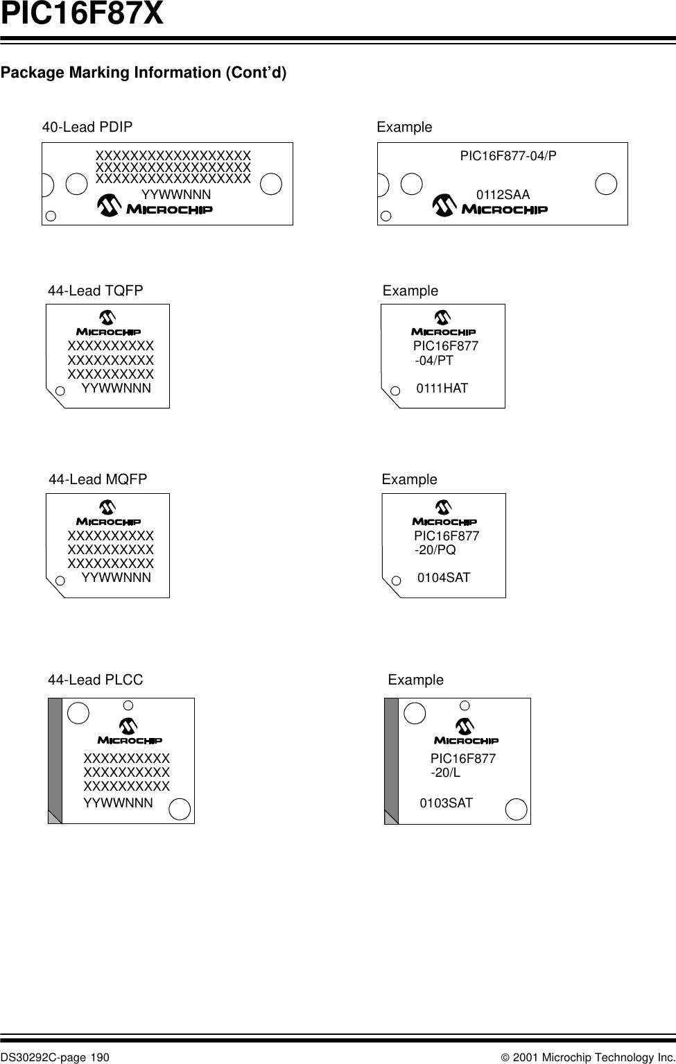 PIC16F87XDS30292C-page 190  2001 Microchip Technology Inc.Package Marking Information (Cont’d)XXXXXXXXXXXXXXXXXXYYWWNNN40-Lead PDIP Example44-Lead TQFPXXXXXXXXXXYYWWNNNXXXXXXXXXXExample44-Lead PLCC44-Lead MQFPExampleExampleXXXXXXXXXXXXXXXXXXXXXXXXXXXXXXXXXXXXXXXXXXXXXXXXXXXXXXXXYYWWNNNXXXXXXXXXXXXXXXXXXXXPIC16F877-04/P0112SAA-04/PT0111HATPIC16F877XXXXXXXXXXYYWWNNNXXXXXXXXXXXXXXXXXXXX -20/PQ0104SATPIC16F877-20/L0103SATPIC16F877