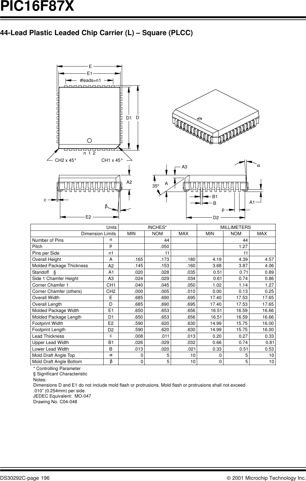 PIC16F87XDS30292C-page 196  2001 Microchip Technology Inc.44-Lead Plastic Leaded Chip Carrier (L) – Square (PLCC)CH2 x 45°CH1 x 45°10501050βMold Draft Angle Bottom10501050αMold Draft Angle Top0.530.510.33.021.020.013B0.810.740.66.032.029.026B1Upper Lead Width0.330.270.20.013.011.008cLead Thickness1111n1Pins per Side16.0015.7514.99.630.620.590D2Footprint Length16.0015.7514.99.630.620.590E2Footprint Width16.6616.5916.51.656.653.650D1Molded Package Length16.6616.5916.51.656.653.650E1Molded Package Width17.6517.5317.40.695.690.685DOverall Length17.6517.5317.40.695.690.685EOverall Width0.250.130.00.010.005.000CH2Corner Chamfer (others)1.271.141.02.050.045.040CH1Corner Chamfer 10.860.740.61.034.029.024A3Side 1 Chamfer Height0.51.020A1Standoff §A2Molded Package Thickness4.574.394.19.180.173.165AOverall Height1.27.050pPitch4444nNumber of PinsMAXNOMMINMAXNOMMINDimension LimitsMILLIMETERSINCHES*UnitsβA2cE22DD1n#leads=n1EE11αpA3A35°B1BD2A1.145 .153 .160 3.68 3.87 4.06.028 .035 0.71 0.89Lower Lead Width* Controlling ParameterNotes:Dimensions D and E1 do not include mold flash or protrusions. Mold flash or protrusions shall not exceed .010” (0.254mm) per side.JEDEC Equivalent:  MO-047Drawing No. C04-048§ Significant Characteristic