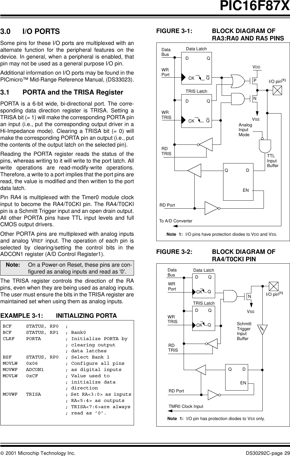  2001 Microchip Technology Inc. DS30292C-page 29PIC16F87X3.0 I/O PORTSSome pins for these I/O ports are multiplexed with analternate function for the peripheral features on thedevice. In general, when a peripheral is enabled, thatpin may not be used as a general purpose I/O pin.Additional information on I/O ports may be found in thePICmicro™ Mid-Range Reference Manual, (DS33023).3.1 PORTA and the TRISA RegisterPORTA is a 6-bit wide, bi-directional port. The corre-sponding data direction register is TRISA. Setting aTRISA bit (= 1) will make the corresponding PORTA pinan input (i.e., put the corresponding output driver in aHi-Impedance mode). Clearing a TRISA bit (= 0) willmake the corresponding PORTA pin an output (i.e., putthe contents of the output latch on the selected pin).Reading the PORTA register reads the status of thepins, whereas writing to it will write to the port latch. Allwrite operations are read-modify-write operations.Therefore, a write to a port implies that the port pins areread, the value is modified and then written to the portdata latch.Pin RA4 is multiplexed with the Timer0 module clockinput to become the RA4/T0CKI pin. The RA4/T0CKIpin is a Schmitt Trigger input and an open drain output.All other PORTA pins have TTL input levels and fullCMOS output drivers.Other PORTA pins are multiplexed with analog inputsand analog VREF input. The operation of each pin isselected by clearing/setting the control bits in theADCON1 register (A/D Control Register1).   The TRISA register controls the direction of the RApins, even when they are being used as analog inputs.The user must ensure the bits in the TRISA register aremaintained set when using them as analog inputs. EXAMPLE 3-1: INITIALIZING PORTAFIGURE 3-1: BLOCK DIAGRAM OF RA3:RA0 AND RA5 PINS  FIGURE 3-2: BLOCK DIAGRAM OF RA4/T0CKI PIN    Note: On a Power-on Reset, these pins are con-figured as analog inputs and read as &apos;0&apos;.BCF STATUS, RP0 ;BCF STATUS, RP1 ; Bank0CLRF PORTA ; Initialize PORTA by; clearing output; data latchesBSF STATUS, RP0 ; Select Bank 1MOVLW 0x06 ; Configure all pinsMOVWF ADCON1 ; as digital inputsMOVLW 0xCF ; Value used to ; initialize data ; directionMOVWF TRISA ; Set RA&lt;3:0&gt; as inputs; RA&lt;5:4&gt; as outputs; TRISA&lt;7:6&gt;are always; read as ’0’.DataBusQDQCKQDQCKQDENPNWRPortWRTRISData LatchTRIS LatchRD RD PortVSSVDDI/O pin(1)Note 1: I/O pins have protection diodes to VDD and VSS.AnalogInputModeTTLInputBufferTo A/D ConverterTRISDataBusWRPortWRTRISRD PortData LatchTRIS LatchRD SchmittTriggerInputBufferNVSSI/O pin(1)TMR0 Clock InputQDQCKQDQCKENQDENNote 1: I/O pin has protection diodes to VSS only.TRIS