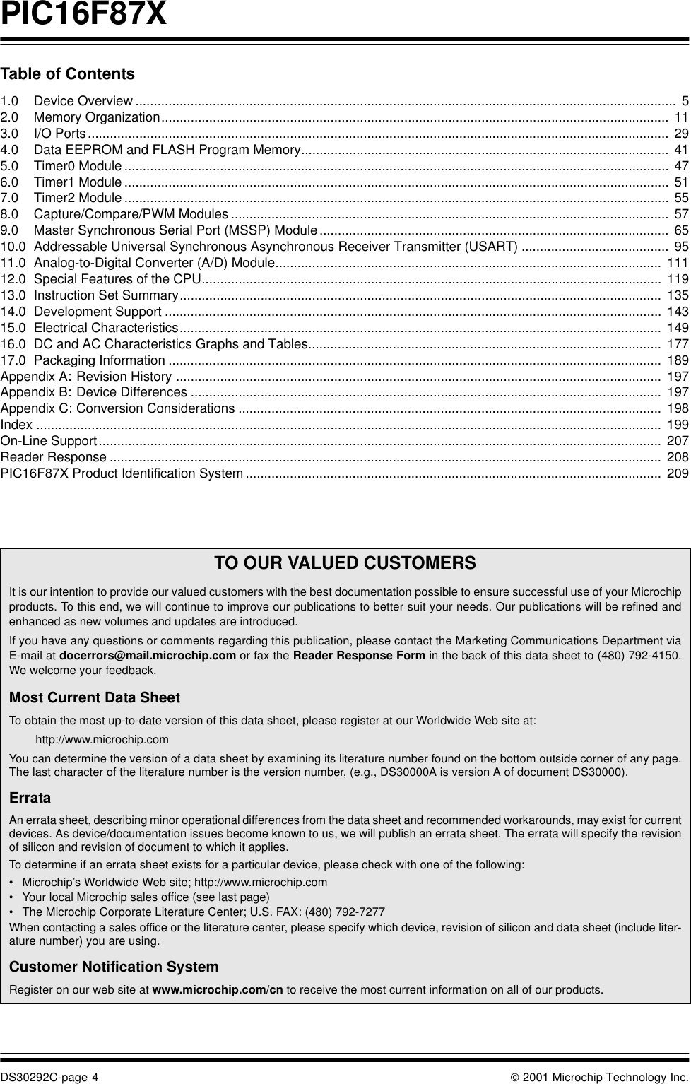 PIC16F87XDS30292C-page 4  2001 Microchip Technology Inc.Table of Contents1.0 Device Overview ................................................................................................................................................... 52.0 Memory Organization.......................................................................................................................................... 113.0 I/O Ports.............................................................................................................................................................. 294.0 Data EEPROM and FLASH Program Memory.................................................................................................... 415.0 Timer0 Module .................................................................................................................................................... 476.0 Timer1 Module .................................................................................................................................................... 517.0 Timer2 Module .................................................................................................................................................... 558.0 Capture/Compare/PWM Modules....................................................................................................................... 579.0 Master Synchronous Serial Port (MSSP) Module............................................................................................... 6510.0 Addressable Universal Synchronous Asynchronous Receiver Transmitter (USART) ........................................ 9511.0 Analog-to-Digital Converter (A/D) Module......................................................................................................... 11112.0 Special Features of the CPU............................................................................................................................. 11913.0 Instruction Set Summary................................................................................................................................... 13514.0 Development Support ....................................................................................................................................... 14315.0 Electrical Characteristics................................................................................................................................... 14916.0 DC and AC Characteristics Graphs and Tables................................................................................................ 17717.0 Packaging Information ...................................................................................................................................... 189Appendix A: Revision History .................................................................................................................................... 197Appendix B: Device Differences ................................................................................................................................ 197Appendix C: Conversion Considerations ................................................................................................................... 198Index .......................................................................................................................................................................... 199On-Line Support......................................................................................................................................................... 207Reader Response ...................................................................................................................................................... 208PIC16F87X Product Identification System ................................................................................................................. 209TO OUR VALUED CUSTOMERSIt is our intention to provide our valued customers with the best documentation possible to ensure successful use of your Microchipproducts. To this end, we will continue to improve our publications to better suit your needs. Our publications will be refined andenhanced as new volumes and updates are introduced. If you have any questions or comments regarding this publication, please contact the Marketing Communications Department viaE-mail at docerrors@mail.microchip.com or fax the Reader Response Form in the back of this data sheet to (480) 792-4150.We welcome your feedback.Most Current Data SheetTo obtain the most up-to-date version of this data sheet, please register at our Worldwide Web site at:http://www.microchip.comYou can determine the version of a data sheet by examining its literature number found on the bottom outside corner of any page.The last character of the literature number is the version number, (e.g., DS30000A is version A of document DS30000).ErrataAn errata sheet, describing minor operational differences from the data sheet and recommended workarounds, may exist for currentdevices. As device/documentation issues become known to us, we will publish an errata sheet. The errata will specify the revisionof silicon and revision of document to which it applies.To determine if an errata sheet exists for a particular device, please check with one of the following:•Microchip’s Worldwide Web site; http://www.microchip.com•Your local Microchip sales office (see last page)•The Microchip Corporate Literature Center; U.S. FAX: (480) 792-7277When contacting a sales office or the literature center, please specify which device, revision of silicon and data sheet (include liter-ature number) you are using.Customer Notification SystemRegister on our web site at www.microchip.com/cn to receive the most current information on all of our products.