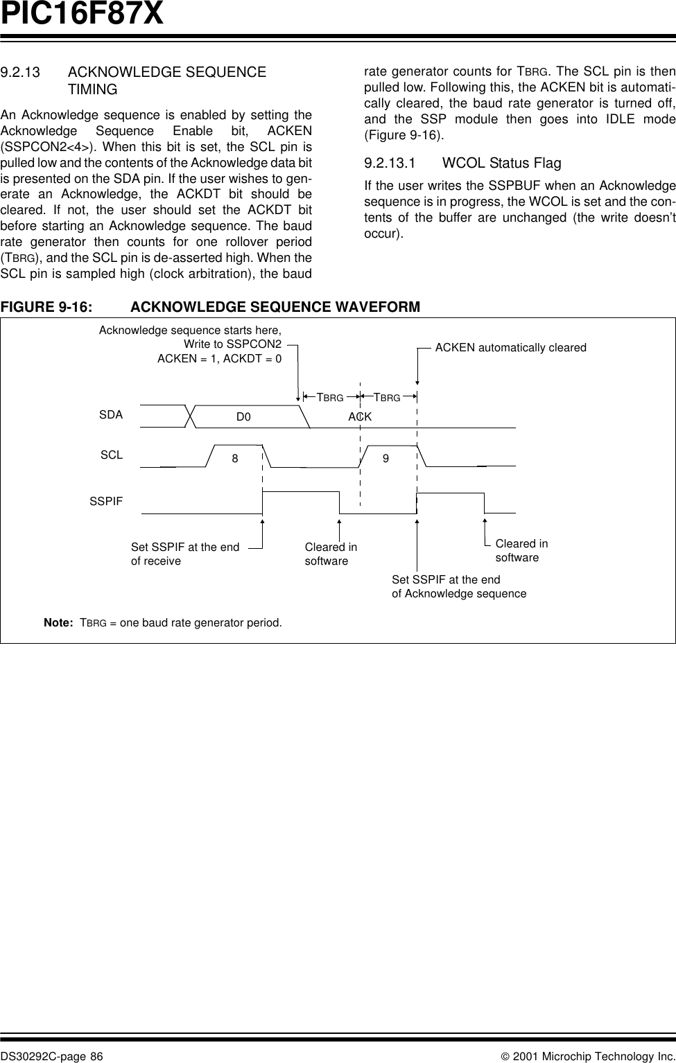 PIC16F87XDS30292C-page 86  2001 Microchip Technology Inc.9.2.13 ACKNOWLEDGE SEQUENCE TIMINGAn Acknowledge sequence is enabled by setting theAcknowledge Sequence Enable bit, ACKEN(SSPCON2&lt;4&gt;). When this bit is set, the SCL pin ispulled low and the contents of the Acknowledge data bitis presented on the SDA pin. If the user wishes to gen-erate an Acknowledge, the ACKDT bit should becleared. If not, the user should set the ACKDT bitbefore starting an Acknowledge sequence. The baudrate generator then counts for one rollover period(TBRG), and the SCL pin is de-asserted high. When theSCL pin is sampled high (clock arbitration), the baudrate generator counts for TBRG. The SCL pin is thenpulled low. Following this, the ACKEN bit is automati-cally cleared, the baud rate generator is turned off,and the SSP module then goes into IDLE mode(Figure 9-16).9.2.13.1 WCOL Status FlagIf the user writes the SSPBUF when an Acknowledgesequence is in progress, the WCOL is set and the con-tents of the buffer are unchanged (the write doesn’toccur).FIGURE 9-16: ACKNOWLEDGE SEQUENCE WAVEFORM         Note:  TBRG = one baud rate generator period.SDASCLSet SSPIF at the endAcknowledge sequence starts here,Write to SSPCON2 ACKEN automatically clearedCleared inTBRG TBRGof receiveACK8ACKEN = 1, ACKDT = 0D09SSPIFsoftwareSet SSPIF at the endof Acknowledge sequenceCleared insoftware