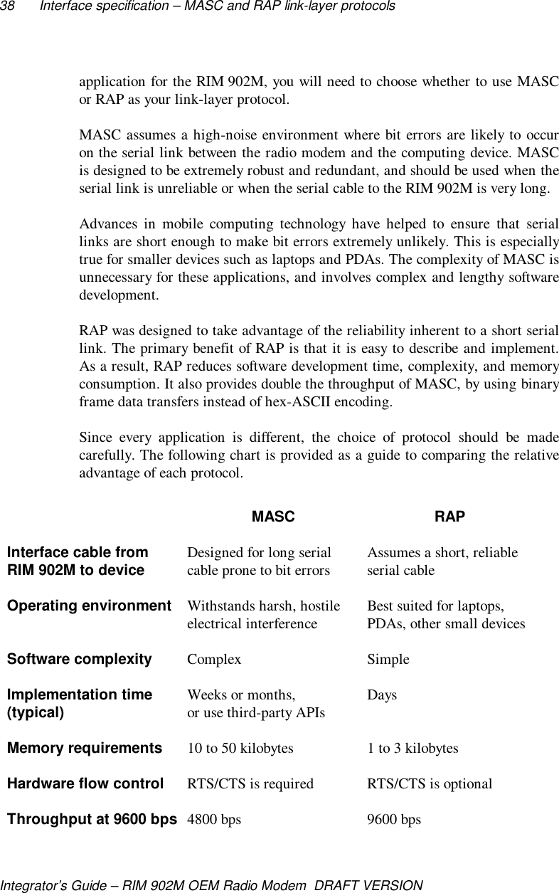 38 Interface specification – MASC and RAP link-layer protocolsIntegrator’s Guide – RIM 902M OEM Radio Modem  DRAFT VERSIONapplication for the RIM 902M, you will need to choose whether to use MASCor RAP as your link-layer protocol.MASC assumes a high-noise environment where bit errors are likely to occuron the serial link between the radio modem and the computing device. MASCis designed to be extremely robust and redundant, and should be used when theserial link is unreliable or when the serial cable to the RIM 902M is very long.Advances in mobile computing technology have helped to ensure that seriallinks are short enough to make bit errors extremely unlikely. This is especiallytrue for smaller devices such as laptops and PDAs. The complexity of MASC isunnecessary for these applications, and involves complex and lengthy softwaredevelopment.RAP was designed to take advantage of the reliability inherent to a short seriallink. The primary benefit of RAP is that it is easy to describe and implement.As a result, RAP reduces software development time, complexity, and memoryconsumption. It also provides double the throughput of MASC, by using binaryframe data transfers instead of hex-ASCII encoding.Since every application is different, the choice of protocol should be madecarefully. The following chart is provided as a guide to comparing the relativeadvantage of each protocol.MASC RAPInterface cable fromRIM 902M to device Designed for long serialcable prone to bit errors Assumes a short, reliableserial cableOperating environment Withstands harsh, hostileelectrical interference Best suited for laptops,PDAs, other small devicesSoftware complexity Complex SimpleImplementation time(typical) Weeks or months,or use third-party APIs DaysMemory requirements 10 to 50 kilobytes 1 to 3 kilobytesHardware flow control RTS/CTS is required RTS/CTS is optionalThroughput at 9600 bps 4800 bps 9600 bps