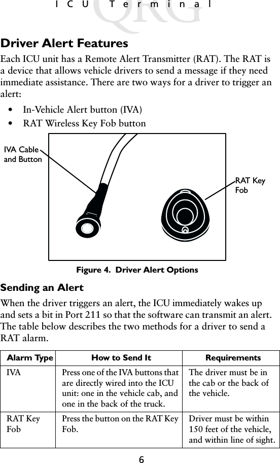6ICU TerminalDriver Alert FeaturesEach ICU unit has a Remote Alert Transmitter (RAT). The RAT is a device that allows vehicle drivers to send a message if they need immediate assistance. There are two ways for a driver to trigger an alert:• In-Vehicle Alert button (IVA)• RAT Wireless Key Fob buttonFigure 4.  Driver Alert OptionsSending an AlertWhen the driver triggers an alert, the ICU immediately wakes up and sets a bit in Port 211 so that the software can transmit an alert. The table below describes the two methods for a driver to send a RAT alarm. Alarm Type How to Send It RequirementsIVA Press one of the IVA buttons that are directly wired into the ICU unit: one in the vehicle cab, and one in the back of the truck.The driver must be in the cab or the back of the vehicle.RAT Key FobPress the button on the RAT Key Fob. Driver must be within 150 feet of the vehicle, and within line of sight.IVA Cableand ButtonRAT Key Fob