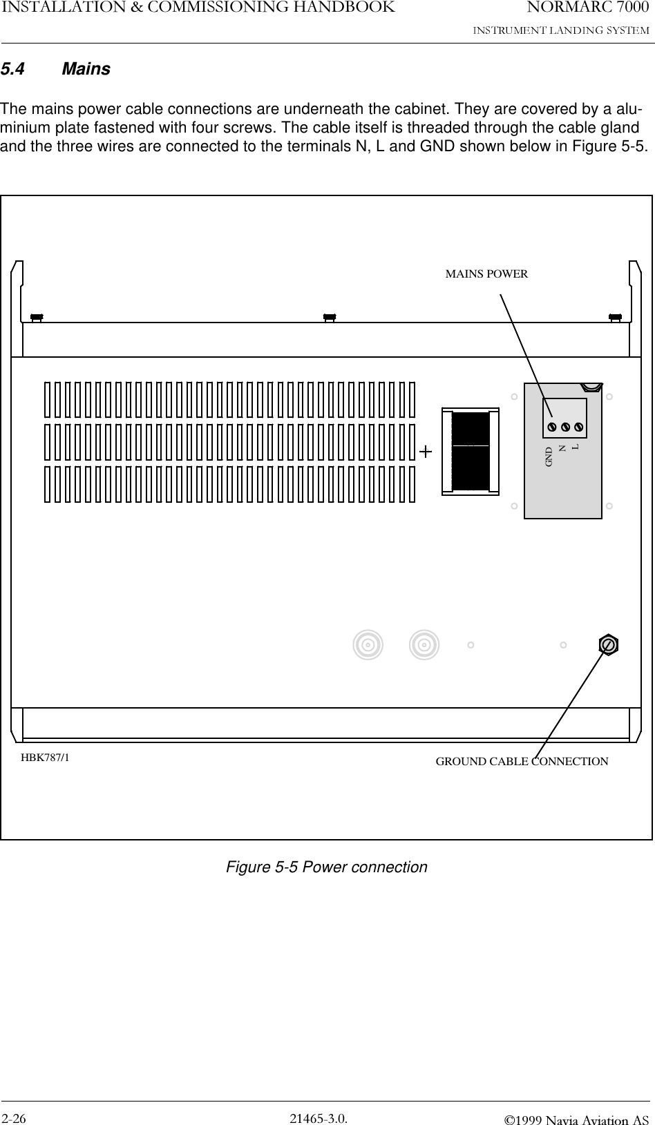 1250$5&amp;,167$//$7,21&amp;200,66,21,1*+$1&apos;%22. 1DYLD$YLDWLRQ$65.4 Mains The mains power cable connections are underneath the cabinet. They are covered by a alu-minium plate fastened with four screws. The cable itself is threaded through the cable gland and the three wires are connected to the terminals N, L and GND shown below in Figure 5-5.Figure 5-5 Power connectionMAINS POWERGNDLNGROUND CABLE CONNECTIONHBK787/1