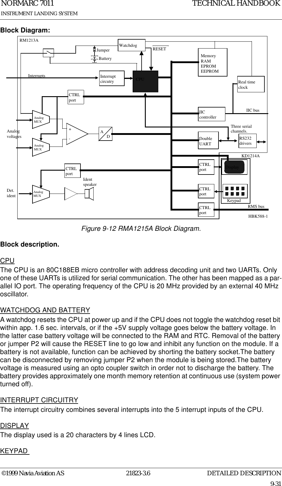 DETAILED DESCRIPTIONNORMARC 701121823-3.69-31INSTRUMENT LANDING SYSTEMTECHNICAL HANDBOOK©1999 Navia Aviation ASBlock Diagram:Figure 9-12 RMA1215A Block Diagram.Block description.CPUThe CPU is an 80C188EB micro controller with address decoding unit and two UARTs. Only one of these UARTs is utilized for serial communication. The other has been mapped as a par-allel IO port. The operating frequency of the CPU is 20 MHz provided by an external 40 MHz oscillator.WATCHDOG AND BATTERYA watchdog resets the CPU at power up and if the CPU does not toggle the watchdog reset bit within app. 1.6 sec. intervals, or if the +5V supply voltage goes below the battery voltage. In the latter case battery voltage will be connected to the RAM and RTC. Removal of the battery or jumper P2 will cause the RESET line to go low and inhibit any function on the module. If a battery is not available, function can be achieved by shorting the battery socket.The battery can be disconnected by removing jumper P2 when the module is being stored.The battery voltage is measured using an opto coupler switch in order not to discharge the battery. The battery provides approximately one month memory retention at continuous use (system power turned off).INTERRUPT CIRCUITRYThe interrupt circuitry combines several interrupts into the 5 interrupt inputs of the CPU.DISPLAYThe display used is a 20 characters by 4 lines LCD.KEYPAD +-Identspeaker channels.IIC busInterruptsAnalogvoltagesDet.identJumperCPUCTRLportCTRLportCTRLportRMS busDoubleUARTCTRLportAnalogMUXAnalogMUXAnalogMUXInterruptcircutryCTRLportADKeypadDisplayKD1214ARM1213A WatchdogIICcontrollerBatteryRESETMemoryRAMEPROMEEPROMReal timeclockRS232driversThree serialHBK588-1