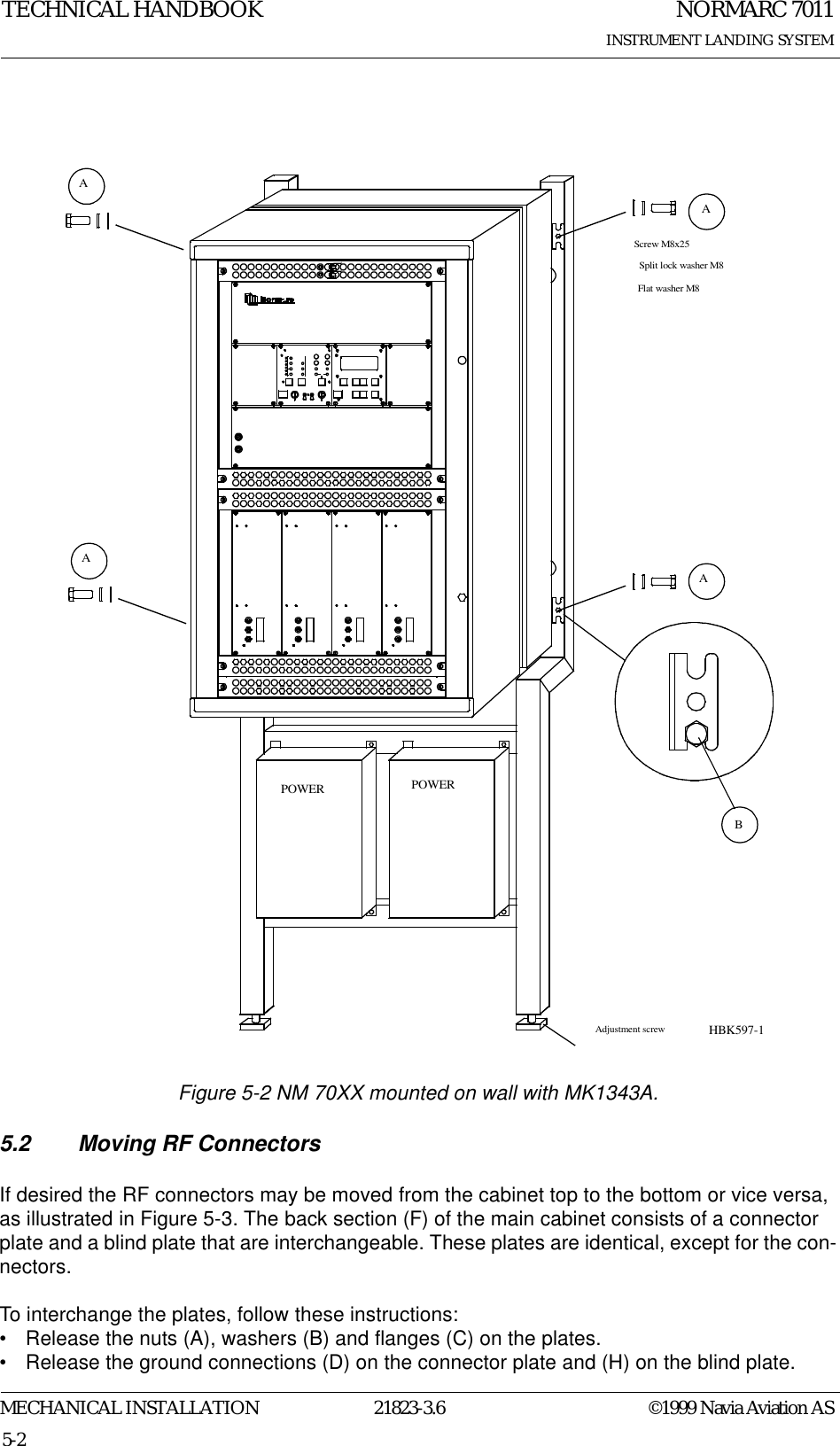 NORMARC 7011INSTRUMENT LANDING SYSTEMTECHNICAL HANDBOOKMECHANICAL INSTALLATION 21823-3.6 ©1999 Navia Aviation AS5-2Figure 5-2 NM 70XX mounted on wall with MK1343A.5.2 Moving RF ConnectorsIf desired the RF connectors may be moved from the cabinet top to the bottom or vice versa, as illustrated in Figure 5-3. The back section (F) of the main cabinet consists of a connector plate and a blind plate that are interchangeable. These plates are identical, except for the con-nectors. To interchange the plates, follow these instructions:• Release the nuts (A), washers (B) and flanges (C) on the plates.• Release the ground connections (D) on the connector plate and (H) on the blind plate.POWER POWERAdjustment screw11Flat washer M8Split lock washer M8Screw M8x25BAAAAHBK597-1