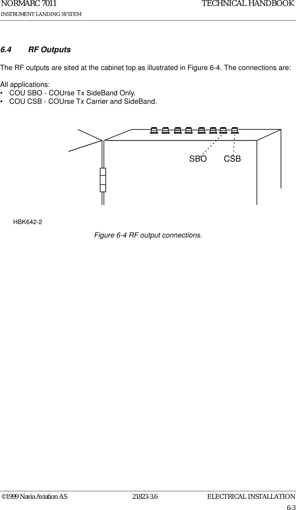 ELECTRICAL INSTALLATIONNORMARC 701121823-3.66-3©1999 Navia Aviation ASINSTRUMENT LANDING SYSTEMTECHNICAL HANDBOOK6.4 RF OutputsThe RF outputs are sited at the cabinet top as illustrated in Figure 6-4. The connections are:All applications:• COU SBO - COUrse Tx SideBand Only.• COU CSB - COUrse Tx Carrier and SideBand.  Figure 6-4 RF output connections.CSBSBOHBK642-2