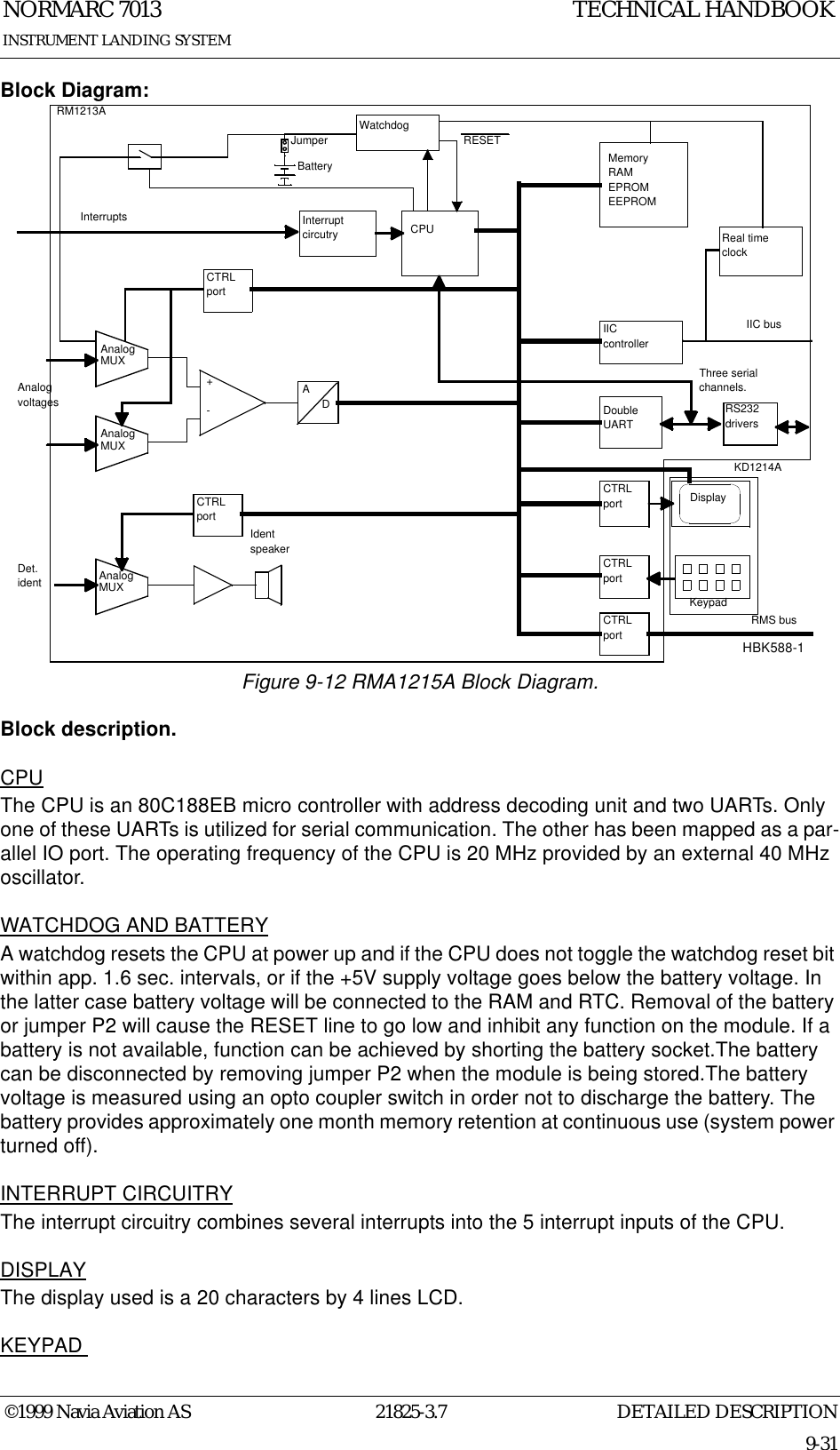 DETAILED DESCRIPTIONNORMARC 701321825-3.79-31INSTRUMENT LANDING SYSTEMTECHNICAL HANDBOOK©1999 Navia Aviation ASBlock Diagram:Figure 9-12 RMA1215A Block Diagram.Block description.CPUThe CPU is an 80C188EB micro controller with address decoding unit and two UARTs. Only one of these UARTs is utilized for serial communication. The other has been mapped as a par-allel IO port. The operating frequency of the CPU is 20 MHz provided by an external 40 MHz oscillator.WATCHDOG AND BATTERYA watchdog resets the CPU at power up and if the CPU does not toggle the watchdog reset bit within app. 1.6 sec. intervals, or if the +5V supply voltage goes below the battery voltage. In the latter case battery voltage will be connected to the RAM and RTC. Removal of the battery or jumper P2 will cause the RESET line to go low and inhibit any function on the module. If a battery is not available, function can be achieved by shorting the battery socket.The battery can be disconnected by removing jumper P2 when the module is being stored.The battery voltage is measured using an opto coupler switch in order not to discharge the battery. The battery provides approximately one month memory retention at continuous use (system power turned off).INTERRUPT CIRCUITRYThe interrupt circuitry combines several interrupts into the 5 interrupt inputs of the CPU.DISPLAYThe display used is a 20 characters by 4 lines LCD.KEYPAD +-Identspeaker channels.IIC busInterruptsAnalogvoltagesDet.identJumperCPUCTRLportCTRLportCTRLportRMS busDoubleUARTCTRLportAnalogMUXAnalogMUXAnalogMUXInterruptcircutryCTRLportADKeypadDisplayKD1214ARM1213AWatchdogIICcontrollerBatteryRESETMemoryRAMEPROMEEPROMReal timeclockRS232driversThree serialHBK588-1