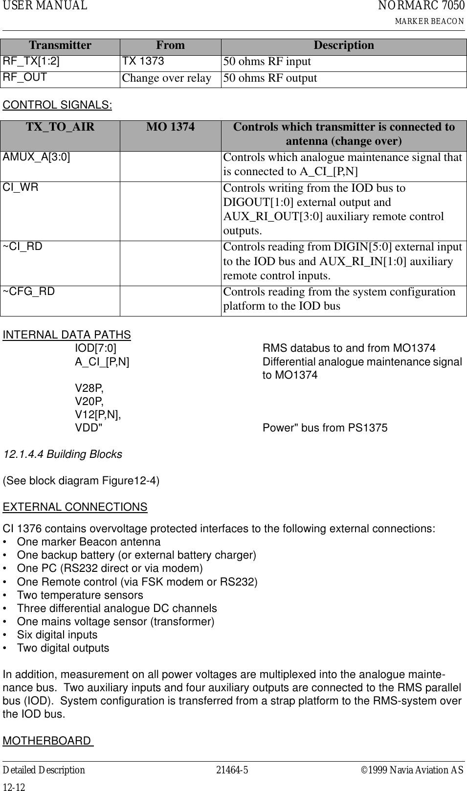 USER MANUAL12-1221464-5NORMARC 7050MARKER BEACONDetailed Description ©1999 Navia Aviation ASCONTROL SIGNALS:INTERNAL DATA PATHSIOD[7:0] RMS databus to and from MO1374A_CI_[P,N] Differential analogue maintenance signal to MO1374V28P, V20P,V12[P,N],VDD&quot; Power&quot; bus from PS137512.1.4.4 Building Blocks  (See block diagram Figure12-4)EXTERNAL CONNECTIONSCI 1376 contains overvoltage protected interfaces to the following external connections:• One marker Beacon antenna• One backup battery (or external battery charger)• One PC (RS232 direct or via modem)• One Remote control (via FSK modem or RS232)• Two temperature sensors• Three differential analogue DC channels• One mains voltage sensor (transformer)• Six digital inputs• Two digital outputsIn addition, measurement on all power voltages are multiplexed into the analogue mainte-nance bus.  Two auxiliary inputs and four auxiliary outputs are connected to the RMS parallel bus (IOD).  System configuration is transferred from a strap platform to the RMS-system over the IOD bus.MOTHERBOARD Transmitter From DescriptionRF_TX[1:2] TX 1373 50 ohms RF inputRF_OUT Change over relay 50 ohms RF outputTX_TO_AIR MO 1374 Controls which transmitter is connected to antenna (change over)AMUX_A[3:0] Controls which analogue maintenance signal that is connected to A_CI_[P,N]CI_WR Controls writing from the IOD bus to DIGOUT[1:0] external output and AUX_RI_OUT[3:0] auxiliary remote control outputs.~CI_RD Controls reading from DIGIN[5:0] external input to the IOD bus and AUX_RI_IN[1:0] auxiliary remote control inputs.~CFG_RD Controls reading from the system configuration platform to the IOD bus