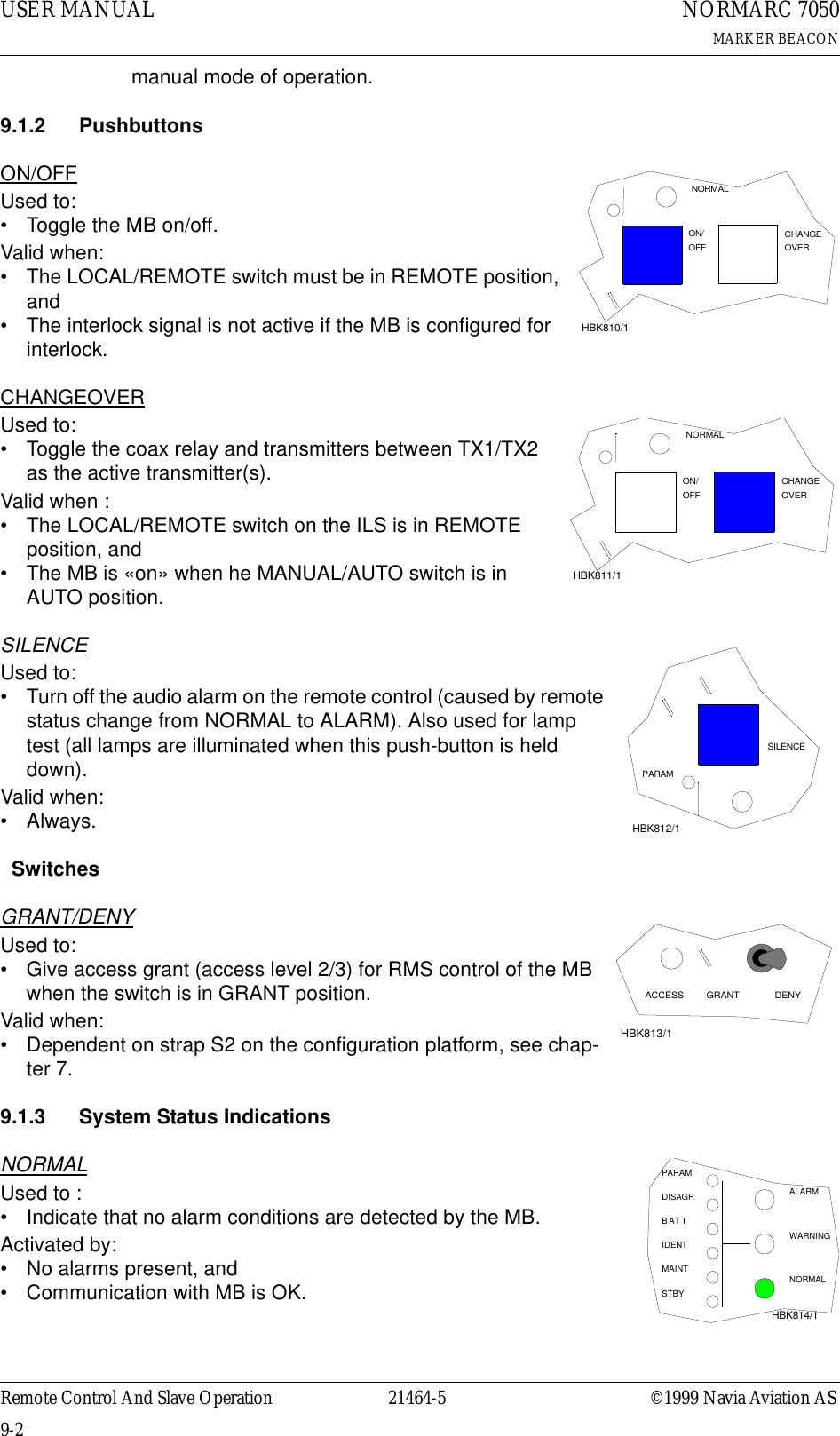 USER MANUAL9-221464-5NORMARC 7050MARKER BEACONRemote Control And Slave Operation ©1999 Navia Aviation ASmanual mode of operation.    9.1.2 PushbuttonsON/OFFUsed to:• Toggle the MB on/off. Valid when:• The LOCAL/REMOTE switch must be in REMOTE position, and• The interlock signal is not active if the MB is configured for interlock.CHANGEOVERUsed to:• Toggle the coax relay and transmitters between TX1/TX2 as the active transmitter(s).Valid when :• The LOCAL/REMOTE switch on the ILS is in REMOTE position, and• The MB is «on» when he MANUAL/AUTO switch is in AUTO position.SILENCEUsed to:• Turn off the audio alarm on the remote control (caused by remote status change from NORMAL to ALARM). Also used for lamp test (all lamps are illuminated when this push-button is held down).Valid when:•Always.  SwitchesGRANT/DENYUsed to:• Give access grant (access level 2/3) for RMS control of the MB when the switch is in GRANT position.Valid when:• Dependent on strap S2 on the configuration platform, see chap-ter 7.9.1.3 System Status IndicationsNORMALUsed to :• Indicate that no alarm conditions are detected by the MB.Activated by:• No alarms present, and• Communication with MB is OK.OFFON/NORMALOVERCHANGEHBK810/1OFFON/NORMALOVERCHANGEHBK811/1PARAMSILENCEHBK812/1ACCESS GRANT DENYHBK813/1MAINTSTBYNORMALTIDENTATBARAMDISAGRPWARNINGALARMHBK814/1