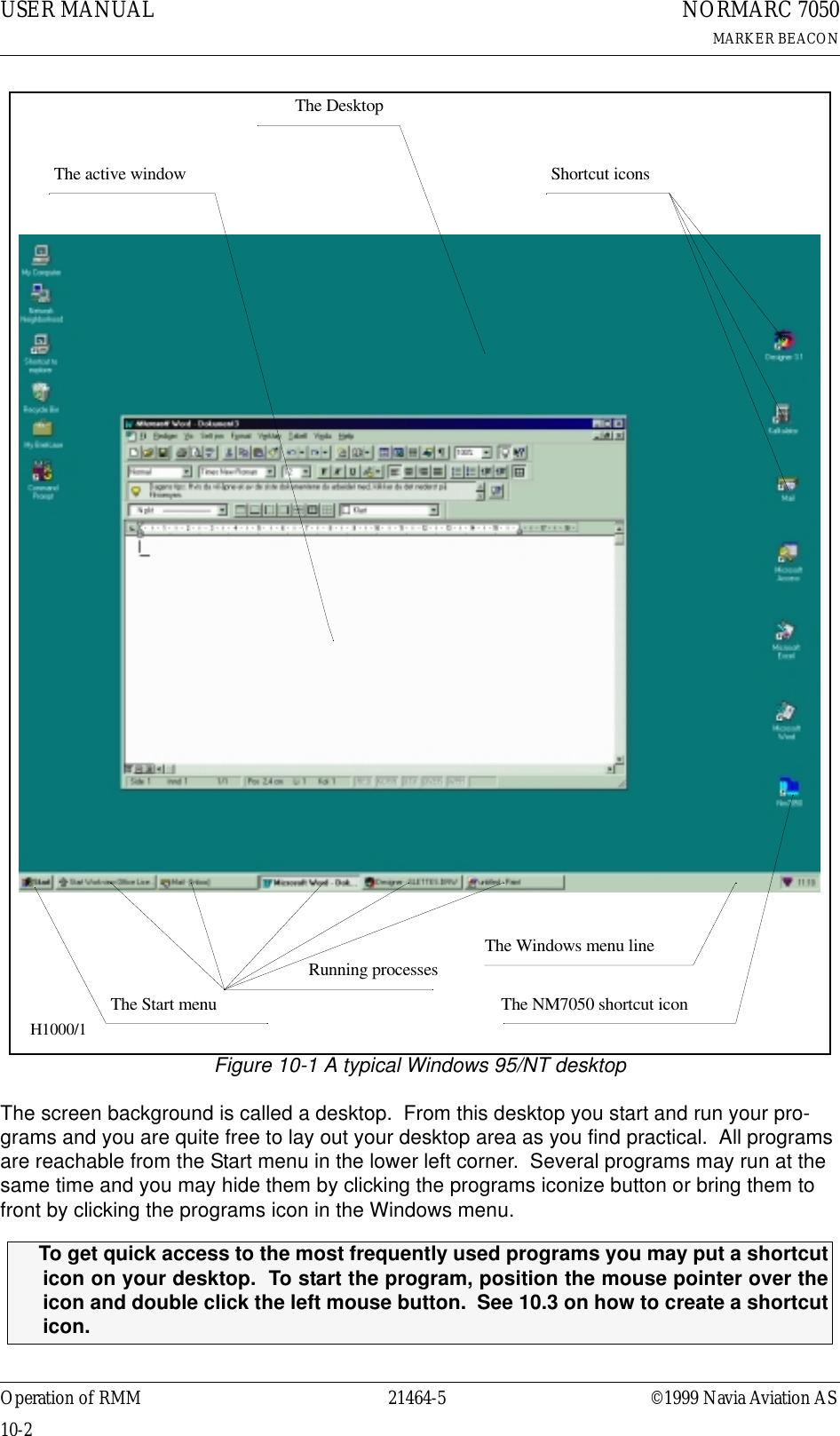 USER MANUAL10-221464-5NORMARC 7050MARKER BEACONOperation of RMM ©1999 Navia Aviation ASFigure 10-1 A typical Windows 95/NT desktopThe screen background is called a desktop.  From this desktop you start and run your pro-grams and you are quite free to lay out your desktop area as you find practical.  All programs are reachable from the Start menu in the lower left corner.  Several programs may run at the same time and you may hide them by clicking the programs iconize button or bring them to front by clicking the programs icon in the Windows menu.ΤTo get quick access to the most frequently used programs you may put a shortcuticon on your desktop.  To start the program, position the mouse pointer over theicon and double click the left mouse button.  See 10.3 on how to create a shortcuticon.The active window Shortcut iconsThe NM7050 shortcut iconThe Start menuThe Windows menu lineThe DesktopRunning processesH1000/1