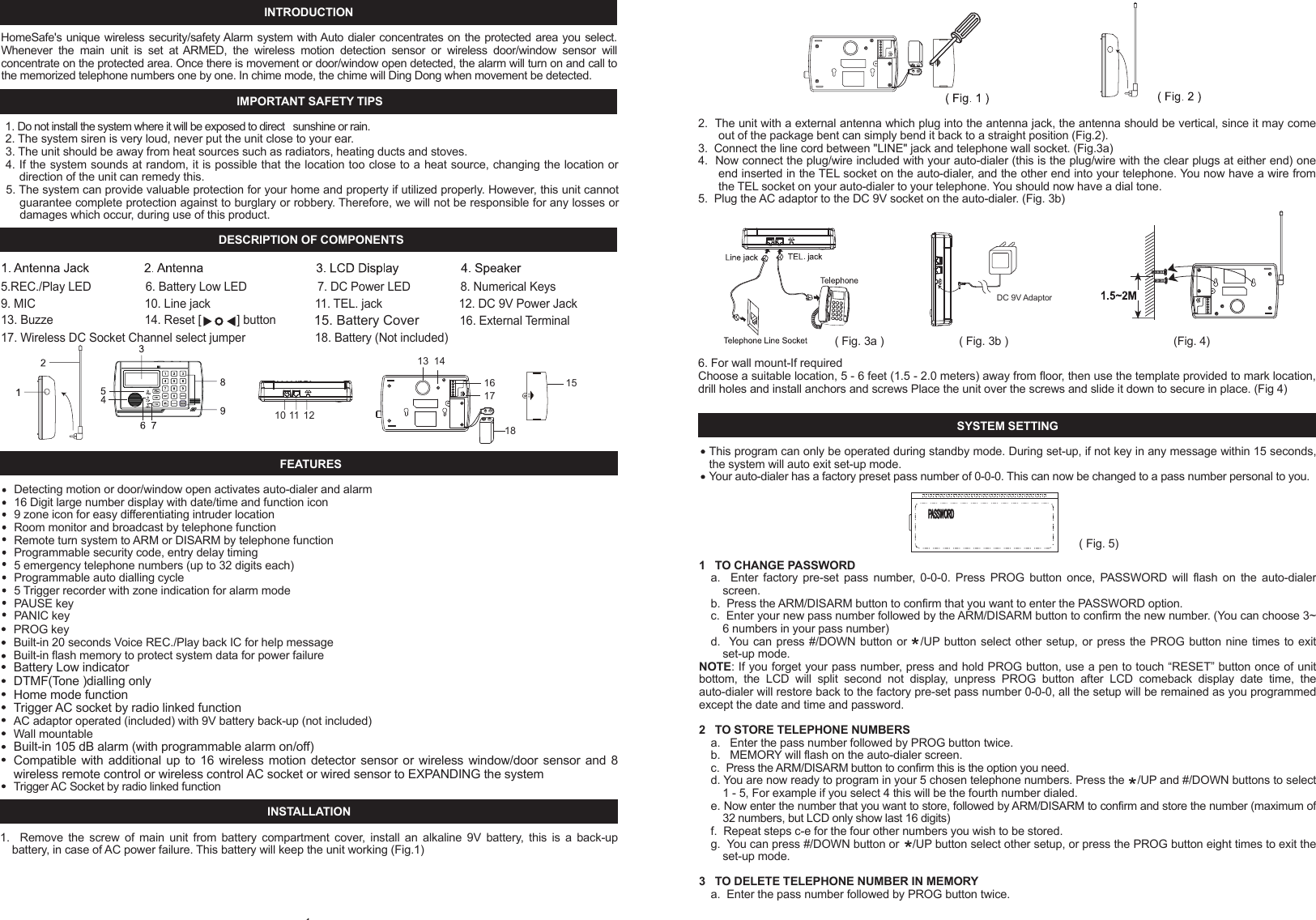 - 13 -c. Make sure the system should be setup in Auto dial mode.3.  NOT REMOTE CONTROL FUNCTION a. Check if battery low and battery replacement.b. If it doesn't work, re-learn ID code again, according to " TO LEARN WIRELESS SENSOR OR REMOTE CONTROL ID CODE ".TIPS1.  Make sure the full telephone has been stored.2.  If you are leaving pets at home while the Auto-Dialer is ON, then make sure the Auto-Dialer has been set in a location high enough not to detect any animals walking around but not too high to detect other movement. 3.  Keep the Auto-Dialer dust free, away from cobwebs that may cause movement in the protected area.4. Only suitable for single phone lines. Not compatible with fax machines.NOTE:This valuable manual will let your security system work properly. Please preserve this manual at your record, and keep reading when need some trouble obviation.INTRODUCTIONHomeSafe's unique wireless security/safety Alarm system with Auto dialer concentrates on the protected area you select. Whenever  the  main  unit  is  set  at ARMED,  the  wireless  motion  detection  sensor  or  wireless  door/window  sensor  will concentrate on the protected area. Once there is movement or door/window open detected, the alarm will turn on and call to the memorized telephone numbers one by one. In chime mode, the chime will Ding Dong when movement be detected.IMPORTANT SAFETY TIPS1. Do not install the system where it will be exposed to direct   sunshine or rain.2. The system siren is very loud, never put the unit close to your ear.3. The unit should be away from heat sources such as radiators, heating ducts and stoves.4. If the system sounds at random, it is possible that the location too close to a heat source, changing the location or direction of the unit can remedy this.5. The system can provide valuable protection for your home and property if utilized properly. However, this unit cannot guarantee complete protection against to burglary or robbery. Therefore, we will not be responsible for any losses or damages which occur, during use of this product.DESCRIPTION OF COMPONENTS FEATURES    Detecting motion or door/window open activates auto-dialer and alarm16 Digit large number display with date/time and function icon9 zone icon for easy differentiating intruder locationRoom monitor and broadcast by telephone functionRemote turn system to ARM or DISARM by telephone functionProgrammable security code, entry delay timing5 emergency telephone numbers (up to 32 digits each)Programmable auto dialling cycle5 Trigger recorder with zone indication for alarm modePAUSE keyPANIC key - 1 -PROG keyBuilt-in 20 seconds Voice REC./Play back IC for help messageBuilt-in flash memory to protect system data for power failureBattery Low indicatorDTMF(Tone )dialling onlyHome mode functionTrigger AC socket by radio linked functionAC adaptor operated (included) with 9V battery back-up (not included)Wall mountableBuilt-in 105 dB alarm (with programmable alarm on/off)Compatible with  additional up to 16 wireless motion  detector sensor or wireless window/door sensor and 8 wireless remote control or wireless control AC socket or wired sensor to EXPANDING the systemTrigger AC Socket by radio linked function INSTALLATION1.    Remove  the  screw  of  main  unit  from  battery  compartment  cover,  install  an  alkaline  9V  battery,  this  is  a  back-up battery, in case of AC power failure. This battery will keep the unit working (Fig.1)OPEN12111013 1418151617SYSTEM SETTING This program can only be operated during standby mode. During set-up, if not key in any message within 15 seconds, the system will auto exit set-up mode.Your auto-dialer has a factory preset pass number of 0-0-0. This can now be changed to a pass number personal to you.1   TO CHANGE PASSWORDa.    Enter  factory  pre-set  pass  number,  0-0-0.  Press  PROG  button once,  PASSWORD  will  flash  on  the  auto-dialer screen.b.  Press the ARM/DISARM button to confirm that you want to enter the PASSWORD option.c.  Enter your new pass number followed by the ARM/DISARM button to confirm the new number. (You can choose 3~ 6 numbers in your pass number)d.  You can press #/DOWN button or   /UP button select other setup, or press the PROG button nine times to exit set-up mode.NOTE: If you forget your pass number, press and hold PROG button, use a pen to touch &ldquo;RESET&rdquo; button once of unit bottom,  the  LCD  will  split  second  not  display,  unpress  PROG  button  after  LCD  comeback  display  date  time,  the auto-dialer will restore back to the factory pre-set pass number 0-0-0, all the setup will be remained as you programmed except the date and time and password.2   TO STORE TELEPHONE NUMBERSa.   Enter the pass number followed by PROG button twice. b.   MEMORY will flash on the auto-dialer screen. c.  Press the ARM/DISARM button to confirm this is the option you need.d. You are now ready to program in your 5 chosen telephone numbers. Press the    /UP and #/DOWN buttons to select 1 - 5, For example if you select 4 this will be the fourth number dialed.e. Now enter the number that you want to store, followed by ARM/DISARM to confirm and store the number (maximum of 32 numbers, but LCD only show last 16 digits)f.  Repeat steps c-e for the four other numbers you wish to be stored.g.  You can press #/DOWN button or    /UP button select other setup, or press the PROG button eight times to exit the set-up mode.3   TO DELETE TELEPHONE NUMBER IN MEMORYa.  Enter the pass number followed by PROG button twice.( Fig. 5)PASSWORD(Fig. 4) ( Fig. 3b )DC 9V Adaptor( Fig. 3a )2.  The unit with a external antenna which plug into the antenna jack, the antenna should be vertical, since it may come   out of the package bent can simply bend it back to a straight position (Fig.2).3.  Connect the line cord between "LINE" jack and telephone wall socket. (Fig.3a)4.  Now connect the plug/wire included with your auto-dialer (this is the plug/wire with the clear plugs at either end) one end inserted in the TEL socket on the auto-dialer, and the other end into your telephone. You now have a wire from the TEL socket on your auto-dialer to your telephone. You should now have a dial tone.5.  Plug the AC adaptor to the DC 9V socket on the auto-dialer. (Fig. 3b)6. For wall mount-If requiredChoose a suitable location, 5 - 6 feet (1.5 - 2.0 meters) away from floor, then use the template provided to mark location, drill holes and install anchors and screws Place the unit over the screws and slide it down to secure in place. (Fig 4)7   TO PROGRAM AUTO DIALLING CYCLE.The auto-dialer  has been factory set for  auto dialling 3 cycles. (When  system is  trigger the auto dialer will call all stored numbers 3 times) You can change this cycle from 1 - 5 dialling times.a.  Enter the pass number followed by PROG button six times.b.  CYCLE will now flash on the auto-dialer screen.c.  Press ARM/DISARM button to confirm.d. Using the UP and DOWN buttons to select 1 - 5  followed by the ARM/DISARM button to confirm the cycle (how many times the Auto-dialer will call you if motion is detected)e.  You can press #/DOWN button or    /UP button select other setup, or press the PROG button four times to exit set up mode.8  TO PROGRAM CALL-IN RING DETECT CYCLE.The call-in ring detect cycle for how many call-in ring cycle the Auto-dialer will answer, The auto-dialer has been factory set for 5 cycles, you can change this cycle from 3, 5, 7, 10 cycles.a. Enter the pass number followed by PROG button seven times.b. &ldquo;      &rdquo; will now flash on the auto-dialer screen.c. Press ARM/DISARM button to confirm.d. Using the UP and DOWN buttons to select 3, 5, 7, 10 followed by the ARM/DISARM button to confirm the cycle. e. You can press #/DOWN button or     /UP button select other setup, or press the PROG button three times to exit set up mode.9  TO PROGRAM ENTRY DELAY TIMEThe auto-dialer has been factory set for a 20 second delay time. You can change this to 0,5,10,15, or 20 seconds:a.  Enter the pass number followed by PROG button eight times.b.  ENTRY will now flash on the auto-dialer screen.c.  Press the ARM/DISARM button to confirm that this is the option you need.d.  Using the UP and DOWN buttons select the seconds 0,5,10,15 or 20. Press ARM/DISARM to confirm the number of seconds you require for the entry delay time.e.  Press the PROG button twice to exit set-up mode.10  REAL TIME SETTINGa.  Enter the pass number followed by PROG button seven  times.b. &ldquo;      &rdquo; will flash on the auto-dialer screen.c.  Press the ARM/DISARM button to confirm that this is the option you need.d. The date will show in the auto-dialer screen as three sets of numbers, year, month and date followed by the real time. The first set of numbers will flash confirming that these can now be changed.e. Press the ARM/DISARM button on the flashing numbers and using the UP and DOWN buttons select the correct date followed by the ARM/DISARM button to confirm and store. You will now have the correct date and time.f.  Press the PROG button once to exit set-up mode.11. TO RECORD /PLAYBACK THE NOTIFICATION MESSAGEThis function for users to record the alarm notification message that will play during an alarm notification call. The total recording time about 20 seconds.It is best to use the message to notify that there has been an alarm activation, and also to specify exactly how the call recipient can respond (room monitor, broadcast), make sure that you speak clearly and steadily, approximately ten inches from the microphone. Keep in mind that you have exactly address and name have been properly recorded.a. enter the password followed &ldquo;REC./PLAY&rdquo; button once, the REC./PLAY led will light up .b. begin recording the message for up to 20 secondsc. press &ldquo;REC./PLAY&rdquo; button again to end the record or automatic ending after the 20 seconds, and the message will automatic playback.d. Press &ldquo;REC.PLAY&rdquo; button at standby mode, the unit will play recorded notification message once.NOTE: to listen notification message, the speaker HI/LO/OFF switch must set at HI or LO location.TO TEST MEMORY DIALLINGIn standby mode, press and hold the PROG button for more than two seconds, hear a beep tone, then key in the test telephone number memory location, the telephone number stored in memory will automatically be dialed.TO TEST WIRELESS SENSOR TRANSMITTING RANGEAfter  selecting  a  location  for  the  unit,  press  HOME  button  of  the Auto-Dialer,  and  wait  60  seconds  and  then  trigger wireless sensor, The Auto-Dialer will receive trigger signal sound DING - DONG and LCD show sensor zone number.   Press HOME button again after this test.OPERATION1 TO ARM THE SYSTEMa. Enter the pass number followed by the ARM/DISARM button.b. Three short beeps will sound and the ARM icon will show on the Auto-Dialer screen.c.  You can press and hold "ARM" button 2 seconds on remote unit to ARM main unit. - 3 -b.  MEMORY will flash on the auto-dialer screen.c. Press the ARM/DISARM button to confirm that this is the option you need.d.  Press the UP and DOWN buttons to select the number you want to delete.e.  Press the DEL./PAUSE  button to delete the number.f.  Press the ARM/DISARM button to confirm the correct number has been deleted.g.  You can press #/DOWN button or   /UP button select other setup, or press the PROG button eight  times to exit the set-up mode.4   TO LEARN WIRELESS SENSOR OR REMOTE CONTROL ID CODEAll the Expanding Wireless Sensor and remote control attached with the package of this system are all completed done the LEARN CODE. The whole units are standby for use after installation directly.The system with 10 zone for wireless sensor and remote control, zone 1~ zone 8 only learn 1 wireless sensor id code for each,  zone  9  can learn  8  wireless sensor id  code. Zone 10(LCD  icon REMOTE) is  remote control zone can learn  8 remote control id code. So you can additionally purchased extra 16 wireless Motion Detector sensor (615PR, 616PR) or wireless Door/Window sensor (600WR, 218WR) and 8 remote control (200R, 300R) to expanding the system, but it is required to LEARN the sensor and remote control unit id code to the main unit, Follow these steps:a.  Enter the pass number followed by PROG button three times. b.  The " LEARN " icon will flash on the auto-dialer screen.c.  Press ARM/DISARM to confirm that this is the option you need, the system will into learn code setup and zone 1 icon flash.d. Press the   /UP and #/DOWN buttons to select you want setup zone, when LCD display &ldquo;NO ID CODE&rdquo; is meaning the zone is disengaged, you can learn new sensor id code for this zone; when LCD display &ldquo;FULL&rdquo; is meaning the zone has id code, you can select other zone or press DEL./PAUSE button to delete original id code then relearn new id code for this zone. e. press ARM/DISARM to confirm the zone location.f.  Trigger  wireless  motion  detector  sensor  (swing  at  sensor  lens  by  hand)  or  door/window  sensor  (open/close  the magnetic switch) or press any key for remote control, you will hear a long beep tone confirm learn code successfully and LCD will display &ldquo;FULL&rdquo; for  zone 1 ~ zone 8 or  &ldquo;1 ID CODE IN&rdquo; for zone 9 and remote control.g. You can press #/DOWN button or   /UP button select other setup, or press the PROG button seven times to exit the set-up mode. 5   TO PROGRAM SIREN ON/OFFThe auto-dialer has been factory set with the siren ON. To change this to OFF:a.  Enter the pass number followed by PROG button four times.b.  The "      " icon will flash on the auto-dialer screen. (Fig.8)c.  Press ARM/DISARM to confirm that this is the option you need.d.  Using the UP and DOWN buttons select SOUND OFF.  Followed by the ARM/DISARM button to confirm that the SIREN is now off.e. You can press #/DOWN button or   /UP button select other setup, or press the PROG button six times to exit the set-up mode.6  TO PROGRAM AUTO CALL FUNCTION ON/OFFThe auto-dialer has been factory set with the call option ON. To change this to call option to OFF:a.  Enter the pass number followed by PROG button five times.b.  The "      " icon will flash on the auto-dialer screen. (Fig.9)c.  Press the ARM/DISARM to confirm that this is the option you need.d. Using the UP and DOWN buttons select call OFF followed by the ARM/DISARM button to confirm call OFF.e.  You can press #/DOWN button or   /UP button select other setup, or press the PROG button five times to exit the set-up mode.MEMORY12345MEMORY LOCATION (Fig.6)(Fig.8) (Fig.9)(Fig.7)LEARN123456789REMOTEZONE NUMBERPAUSE FUNCTIONThe "PAUSE" function can be stored as one digit in the telephone number memory for some PABX dialling operation and every  one "PAUSE"  in  the  memory dialling  sequence  will  stop for  3.6  seconds.  For  example,  if  you  store  telephone number "7,7,7,5,3,5,5---226" to memory location 2, operation as follows:a. Press password (0-0-0), then press "PROG" button, the system will into setup mode.b. Press PROG button to select function menu "MEMORY" icon flash.c. Press "ARM/DISARM" button to confirm. d. The system will get into first telephone number setting and LCD display.e. Press "   /UP" or "#/DOWN" to select memory location 2.f.  Press "7,7,7,5,3,5,5" , Pause "2,2,6".g. Press "ARM/DISARM" button to confirm and the LCD will return display setup menu.BATTERY LOW INDICATORWhen main unit the 9V battery is running low, the battery low LED will flash once every 3 seconds to indicate the low battery. When wireless sensor battery low, the LCD will show battery icon and sensor zone number.NOTE: Change to a new battery immediately, otherwise it may cause the sensor to not detect properly and may appear the false trigger alarm and dialling.VIEW FUNCTIONView Trigger RecordsIn standby mode, press "#/DOWN" to view last 5 trigger records.View store telephone numbersIn standby mode, press "    /UP" to view stored telephone number.NOTE: Not press any button for 10 seconds or system will automatically exit view mode.END OF CALL - press &ldquo;   0&rdquo; the auto-dialer will end of call for the trigger and automatically disconnected the telephone line. ARM  SYSTEM  &ndash;  press  &ldquo;1,  pass  word  (pre-set:  000),  1&rdquo;  after  three  short  beep  tone  confirm  system  is  armed  and automatically disconnected the telephone line.DISARM SYSTEM &ndash; press &ldquo;2, pass word (pre-set: 000), 2&rdquo; after a beep the auto-dialer will disarm and automatically  disconnected the telephone line.TURN ON WIRELESS AC SOCKET- press &ldquo;3, pass word, 3&rdquo; after a beep the auto &ndash; dialer will sending a radio link signal to turn on wireless AC SOCKET(688R) and automatically disconnected the telephone line. (The wireless AC SOCKET for optional) HOME MODE FUNCTION   This function for In home mode to  monitor room state, when system receive wireless sensor trigger signal in the protected area，LCD will show trigger sensor zone number and sound DING-DONG, you can programmable which zone wireless sensor enable or disable.1. Turn the system to home mode:a. Press HOME button once will hear ding-dong sound and LCD show HOME icon.b. Wait for 60 Seconds, there will be one beep.  c. When received wireless sensor trigger signal in the protected area the 'DING DONG' chime will sound.d. Press HOME button again to turn system exit home mode.NOTE: When the Auto-dialer is in ARM mode the CHIME will NOT sound.2. Wireless sensor enable/disable for home mode  the system pre-set all zone at ON(enable), to change which zone to OFF(disable), follow these steps:a. Enter the pass number followed by HOME button once.b. zone 1 icon now flash on the auto-dialer screen.c. Using the UP and DOWN buttons to select you want change zone number.d. press ARM/DISARDM button to confirm then using UP or DOWN button select ON or OFF, press ARM/DISARM button to confirm.e. press the HOME button once to exit set up mode.OPTIONAL  WIRELESS  ACCESSORIESMODEL 218WR (Wireless Slim Door/Window Sensor) INSTALLATION1.  Remove the screw from the battery compartment cover. 2. Install 2 &ldquo;CR2032&rdquo; batteries (included) on the battery box, ensure the polarity is correct.3.  Replace the battery cover and screw.4.  Mount the magnetic door/window sensor Choose a suitable location, stick the main unit to the door/window frames by attached double &ndash; side tape. Then stick the magnetic unit (smaller unit) to the door/window by attached double-side tape and make sure to align the &ldquo;   &rdquo;mark to right  &ldquo;    &rdquo;mark on the main unit and  &ldquo;   &rdquo; facing &ldquo;   &rdquo; at no more than 1/4&rdquo; apart as shown below. (Fig.1)   5.External Magnetic sensor terminalYou can additionally wire magnetic sensor to expanding you desired detection area.a.Remove the screw from the battery compartment cover.b.Remove the screw from terminal and take out connected wire. (Fig.2)c.Measure the length of wire needed to connect the sensor to the transmitter, then cut the wire to the correct length. Strip about 1/2 inch of insulation from the wire ends, and twist the wires together.d.Connect the sensor switch on door to the main terminal post using the wire you just cut. (There is no polarity need to be taken care of, any terminal will be fine, as long as the wires from a loop)e.Connect another sensor switch screw to another switch terminal post by using the parallel another wire as shown below. (Fig.3)f.If you connect more than one sensor to the main unit, connect them in series as shown below. (Fig.4)NOTE: After select a location, you should test the sensor transmitting range before mount it permanently, turn the CHIME switch to ON of main unit, then open/close the magnetic switch of door/window sensor to trigger, you will hear the main unit sounds &ldquo;DING DONG&rdquo; chime if signal is received successfully, if not, draw out mini retractable antenna or change location as required.LEARNING CODE TO MAIN UNITThe wireless door/window sensor with the package of this system are completed done the LEARN CODE. The whole units are standby for use after installation directly. When relearn code operation see main unit manual.OPERATIONAfter 60 seconds installed battery, the unit will into standby mode. Once the door/window opened or vibration detected, the unit will output wireless radio signal and LED will flash.(Fig.1a) (Fig.1b)(Fig.4)(Fig.3)(Fig.2)- 8 -BATTERY LOW INDICATORWhen battery goes low, the LED will light on 3 seconds and off 1 second, change 2 new CR2032 batteries immediately, or the sensor might not detect properly.MODEL 600WR (Wireless Door/Window Sensor with Alarm)INSTALLATION1.   Remove the screw from the battery compartment cover. (Fig.1)2.   Install an alkaline 9V battery.3.   Replace the battery cover and screw.4.   Mount the magnetic door/window sensor-Choose a suitable location, then use the template provided to mark location, drill holes and install anchors and screws. Place the unit over the screws and slide it down to secure in place. (Fig.2)5． Mount the magnetic wired piece to the door or window frame and another single piece to the door/window by using the double-side tapes (included) and aligned the 2 sensor pieces to be flushed and &ldquo;      &rdquo; facing &ldquo;      &rdquo; at no more than1/4&rdquo; apart as shown in. (Fig.3)6.   If you connect more than one sensor to the main unit, connect them in series as shown below. (Fig.4)NOTE: After select a location, you should test the sensor transmitting range before mount it permanently, turn local alarm switch to OFF, turn the CHIME switch to ON of main unit, then open/close the magnetic switch of door/window sensor to trigger, you will hear the main unit sounds &ldquo;DING DONG&rdquo; chime if signal is received successfully, if not, draw out mini retractable antenna or change location as required.LEARNING CODE TO MAIN UNITThe wireless door/window sensor with the package of this system are completed done the LEARN CODE. The whole units are standby for use after installation directly. When relearn code operation see main unit manual.OPERATIONAfter 60 seconds installed 9V battery, the unit will into standby mode. Once the door/window opened or vibration detected, the unit will output wireless radio signal and LED will flash, then sound alarm 3 seconds, you can turn alarm switch select on or off.BATTERY LOW INDICATORWhen 9V battery goes low, the LED will light on 3 seconds and off 1 second, change a new alkaline 9V battery immediately, or the sensor might not detect properly.(Fig.1)(Fig.4)(Fig.3)ON OFFALARM(Fig.2)WIRELESS SECURITY/SAFETY ALARM SYSTEM WITH AUTO DIALER- 2 -- 4 -- 6 -- 7 -- 12 -( Fig. 6)arrow facing arrow( Fig. 7 )NOTE: Slave PIR unit and water alarm selection option alternative.3. Connect the extended outdoor siren  cable to  the  terminal post located in the back of main unit inside the terminal compartment. The polarity as shown below. (Fig.3)NOTE: The outdoor siren (515SK/E)option, not included.4. Connect the magnetic sensor (detect door/window is opened, will trigger auto dialer and alarm after "entry delay time"). (NOTE: The magnetic is for optional, not included)a. Measure the length of wire needed to connect the sensor to the transmitter, then cut the wire to the correct length. Strip about 1/2 inch of insulation from the wire ends, and twist the wires together.b. Connect the sensor switch on door to the main terminal post using the wire you just cut. (There is no polarity need to be taken care of, any terminal will be fine, as long as the wires from a loop).c. Connect another sensor switch screw to another switch   terminal post by using the parallel another wire as shown below. (Fig.4)d. Wire not included.NOTE: If you connect more than one sensor to the main unit, connect them in series as shown below. (Fig.5) 5. Mount the magnet sensor to the door/window frame by using the double-side tapes and aligned the 2 sensor pieces to be tidiness and "arrow" facing "arrow" at no more than 1/4 inch apart. (Fig.6)6. To mount the outdoor siren use the siren stand as a template, mark locations of holes and install anchors and screws as shown below (Fig.7). It is recommended that you mount the out door siren at entrance door, top of garage door, or any location which is sheltered from easy tamper and rain.TROUBLE SHOOTING GUIDE1. UNIT WILL NOT ARMED/DISARMa. Make sure you've entered the correct password, if not, reenter the password.b. If still doesn't work. use a pen to touch &ldquo;RESET&rdquo; button once of unit bottom, then try to ARM/DISARM again. 2. UNIT WILL NOT DIALLINGa. Make sure the telephone line be in good connection.b. Make sure the telephone number stored.Sensor Switch(Mount the door/window frame)Magnet sensor(Mount the door/window frame)( Fig.4 )Slave UnitSensor Switch( Fig.3 )Main unitBlack striped wire to negative (-)( Fig. 2)( Fig.5)- 5 -3   TO DISARM THE SYSTEMa.  Enter the pass number followed by the DISARM button.b.  You will hear one beep and the ARM icon will disappear from the Auto-Dialer screen to confirm that the Auto-Dialer has been DISARMED.c.  You can press and hold "DISARM" button 2 seconds on remote unit to DISARM main unit.4    PANIC BUTTONa. Press "PANIC" button on main unit or press and hold "PANIC" button 2 seconds on remote control, the ALARM will sound instantly for 30 seconds, and the Auto-Dialer will begin dialling the stored numbers.b. To stop the alarm and the stored numbers being dialed, Press password then ARM/DISARM button.c.  Or press and hold "DISARM" button 2 seconds on remote unit to stop the alarm and auto dialer.5． REMOTE CONTROL BY TELEPHONE OPERATIONThis function for responding during an alarm notification call or remote access from any outside telephone, you can use any  tone  (DTMF)  dialing  telephone  or  mobile  phone  to  turn  system  ARM  or  DISARM  or  ROOM  MONITOR  or BROADCAST or Turn on wireless AC SOCKET(688R)A. RESPONDING DURING AN ALARM NOTIFICATION CALLa).Upon an alarm activation, the auto-dialer will call out to each of the programmed phone numbers.b). Answer the call, you will hear a single beep tone for motion detector sensor trigger or door/window sensor vibration trigger or  continuous two beep tone for door/window open trigger or continuous four beep tone for PANIC button trigger, press &ldquo;00&rdquo;on the phone to turn auto-dialer in waiting state and will sound two beep tone, (when you not hear beep tone press &ldquo;00&rdquo; again on the phone). Press key for the desired function as follows:c). For room monitor and broadcast within 50 seconds operation time, a beep sound after 30 seconds reminds user of the time will end. You can press &ldquo;00&rdquo; turn the system to be in waiting state then enter the operation code you want, automatically disconnect the telephone line after 50 seconds for not operation.B. REMOTE CONTROL BY TELEPHONE FOR CALL BACKa).using mobile phone or tone dialing phone call the home number of the line the system is connected. The auto-dialer will answer and sound a beep tone after call-in ringer detect cycle (the call-in ringer detect cycle can programmable, the factory pre-set 5 cycles, you can change to 3, 7, 10 cycles).b). enter PASSWORD you will hear two beep tone.c). press &ldquo;00&rdquo;on the phone to turn auto-dialer in waiting state and will sound a beep tone, (when you not hear beep tone press &ldquo;00&rdquo; again on the phone.), Press key for the desired function as follows:OWNER'S MANUALFunction Press key Room monitor Broadcast End of call Disarm system 2  pass word  2 Function Press key Room monitor    Broadcast    ARM system 1  pass word  1 Disarm system   2  pass word  2   Turn on wireless AC socket 3  pass word  3 TEL.LINETEL.LINETEL.LINE- 11 -(Fig.1)(Fig. 2)PANICDISARMARM(Fig.2)MODEL 200R (Wireless Remote Control)1.Battery install and replacement  (Battery Type-23A 12V)a. Remove the battery compartment cover by sliding it in the direction of the arrow.b. Replace with new batteries of the same type.     Make sure the polarity (+ or -) of the batteries match the polarity marks inside the unit. As shown below. (Fig. 1)   c. Replace battery cover. LEARNING CODE TO MAIN UNITThe wireless remote control with the package of this system are completed done the LEARN CODE. The whole units are standby for use after installed directly. When relearn code operation see main unit manual.Notes for remote operation●  If  radio  linked  remote  control  operation  range  becomes  shorten, replace  the  batteries  according  to  "BATTERIES REPLACEMENT".● The battery life should be about six months under normal use, so replace battery at least every 6 months. Effective range. (Fig. 2)(Fig.1B)Slave UnitFrom Main UnitSlave Extended CableOPTIONAL WIRED ACCESSORIES1.  Connect the PIR slave extended unit (not included, option for 113E)a.  Connect the PIR slave extended unit cable to the terminal post located in back of the main unit inside the terminal compartment. See polarity below. ( Fig.1A)b.  Plug the 3.5mm diameter male plug of slave extended cable that from the main unit into the jack located on side of the unit. (Fig.1B) 2. Connect the water alarm (not included, option for 760A)   Connect the water alarm to the terminal post located in the back of main unit inside the terminal compartment. The polarity as shown below. (Fig.2)( Fig.1A )RedBlackWhiteabout 30～40 meters(open space)about 20～30 meters(open space)(Fig.1) (Fig.2) (Fig.3)1.5~2M 1.5~2MMODEL 615PR (Wireless Motion Detector Sensor)INSTALLATION1.  Remove the screw from the battery compartment cover. (Fig.1 ）2.  Install an alkaline 9V battery.3.  Replace the battery cover and screw.4.  Mount the wireless motion detector sensor-Choose a suitable location, 5 - 6 feet (1.5 - 2.0 meters) away from floor, then use the swivel wall mount bracket template provided to mark location, drill holes and install anchors and fix the bracket by screws, Place the main unit into the bracket and slide it down to secure in place (Fig 2). You can adjust bracket to obtain the best coverage of the intended protected area. (Fig 3)LEARNING CODE TO MAIN UNITThe wireless motion detector sensor with the package of this system are completed done the LEARN CODE. The whole units are standby for use after installed directly. When relearn code operation see main unit manual.WALK TESTING MOTION DETECTOR SENSORAfter select a location, you should test the sensor transmitting range before mount it permanently, press HOME button  of  main unit, ofter 60 seconds ,then swing at sensor lens by hand, you will hear the main unit sounds &ldquo;DING DONG&rdquo; chime if signal is received successfully, if not, change location as required.You can test the sensor detection area. Temporarily place the detector at the mounting location and the chime sound will be heard from the main unit. If you walk beyond the sensor detection area, then there will not be a chime sound, by adjusting the sensor direction, or the installation location, you can get you desired detection area coverage.BATTERY LOW INDICATORWhen 9V battery goes low, the LED will light on 3 seconds and off 1 second, change a new alkaline 9V battery immedi-ately, or the sensor might not detect properly.MODEL 616PR (Wireless Motion Detector Sensor)INSTALLATION1.  Remove the screw from the battery compartment cover. 2.  Install 3 &ldquo;AA&rdquo; alkaline batteries (not included) on the battery box, ensure the polarity is correct.3.  Replace the battery cover and screw.4.  Mount the wireless motion detector sensor-Choose a suitable location, 5 - 6 feet (1.5 - 2.0 meters) away from floor, then use the swivel wall mount bracket template provided to mark location, drill holes and install anchors and fixture the bracket by screws, Place the main unit into the bracket and slide it down to secure in place. You can adjust bracket to obtain the best coverage of the intended protected area.(Fig.1)- 9 -(Fig.1)1.5~2M(Fig.1)- 10 -MODEL 300R (Wireless Remote Control)1. Batteries install and replacement     (Battery Type-LR44X3 or Similar)a. Remove the battery compartment cover by screw driver and sliding open the battery Cover.b. Replace with new batteries of the same type.     Make sure the polarity (+ or -) of the batteries match the polarity marks inside the unit. As shown below. (Fig.1) c. Replace battery coverLEARNING CODE TO MAIN UNITThe wireless remote control with the package of this system are completed done the LEARN CODE. The whole units are standby for use after installed directly. When relearn code operation see main unit manual.Notes for remote operation●　If  radio  linked remote  control operation  range  becomes  shorten,    replace the  batteries according to  "BATTERIES REPLACEMENT".●　The battery life should be about six months under normal use, so replace battery at least every 1 year. Effective range. (Fig. 2)ADJUST DETECT DISTANCETo increase sensitivity turn the sensitivity control toward MAX. to decrease sensitivity, turn the sensitivity control toward MIN(Fig.2).  However, too high sensitivity may result in false triggering, please note. ADJUST DETECT ANGLEThe motion detector max detect angle is up to 150 degree, you can adjust slide window of lens left and right side to select the angle you need. (Fig.3)LEARNING CODE TO MAIN UNITThe motion detector sensor is compatible with T015, T016, T018 main unit, must learn code to main unit then use, learn code operation see main unit manual.WALK TESTING MOTION DETECTOR SENSORAfter select a location, you should test the sensor transmitting range before mount it permanently, turn the CHIME switch to ON of T015, T016 main unit or press HOME button of T018 main unit, after 60 seconds then swing at sensor lens by hand, you will hear the main unit sounds &ldquo;DING DONG&rdquo; chime if signal is received successfully, if not, change another location to test.You can then test the sensor detection area. Temporarily place the detector at the mounting location and the chime sound will be heard from the main unit. If you walk beyond the sensor detection area, and there will not be a chime sound, by adjusting the sensor direction, or the installation location, you can get you desired detection area coverage.BATTERY LOW INDICATORWhen batteries goes low, the LED will light on 3 seconds and off 1 second, change 3 AA size new alkaline batteries immedi-ately, or the sensor might not detect properly. MAXMIN(Fig.2) (Fig.3)5.REC./Play LED 6. Battery Low LED 7. DC Power LED 8. Numerical Keys9. MIC 10. Line jack 11. TEL. jack 12. DC 9V Power Jack13. Buzze 14. Reset [           ] button 16. External Terminal17. Wireless DC Socket Channel select jumper 18. Battery (Not included)15. Battery Coverd. There will be a further single beep after 60 seconds, the Auto-Dialer is now set at ARM.e. Into arming, the system will detect door/window sensor state, when door/window is open, will sound beep tone 5 seconds and LCD show &ldquo;CLOSE PLEASE&rdquo; and sensor zone number, when still not close door/window will turn on alarm and auto dialer after 60 seconds.2   ALARMa. In ARM mode system receive wireless sensor trigger signal in the protected area，LCD will show trigger icon and trigger sensor zone number, after the entry time then sound a SIREN for 30 seconds on and 30 seconds off then 30 seconds on again,  and will automatically  dial  the numbers stored,  one by  one, in  the CYCLE you have  chosen, (amount  of  times  the  numbers  are  dialed).  You  will  hear  a  beep  tone  for  motion  detector  sensor  trigger  or door/window sensor vibration trigger or two beep tone for door/window sensor open trigger or three beep tone for PANIC button trigger when the call is answered, you can call the Police or make the necessary arrangements, ie calling a neighbour.b. In ARM mode, if the Auto-Dialer is set at SIREN OFF, the numbers stored will be dialed silently, when the call is answered you will hear a siren and know that movement has been detected, enable you to call the Police or make necessary arrangements, ie calling a neighbour. REMEMBER the Auto-Dialer has called you silently, no indication whatsoever is given from the Auto-Dialer to suggest it is dialling you.NOTE: the system with auto detect telephone line connect function, when telephone line is not connect, fist sound four beep tone then sound siren and not dial out phone number. d). For room monitor and broadcast within 50 seconds operation time, a beep sound after 30 seconds reminds user of the time will end. You can press &ldquo;00&rdquo; turn the system to be in waiting state then enter the operation code you want, automatically disconnect the telephone line after 50 seconds for not operation.ROOM MONITOR -  Press &ldquo;         &rdquo; after the beep, you will be able to listen to all the sounds within the room for 50 seconds, a beep sound after 30 seconds remind of user the room monitor time will end. You can press &ldquo;00&rdquo; turn the system to waiting state then enter you want operation code, automatically disconnected the telephone line after 50 seconds for not operation.  BROADCAST &ndash; press &ldquo;# #&rdquo; after the beep, The person in the room will hear your talking, you can speaking you want for 50 seconds, a beep sound after 30 seconds remind the broadcast time will end, you can press &ldquo;0 0&rdquo; turn the system to waiting state then enter the operation code you want, automatically disconnected the telephone line after     50 seconds for no operation.   MODEL: T018R