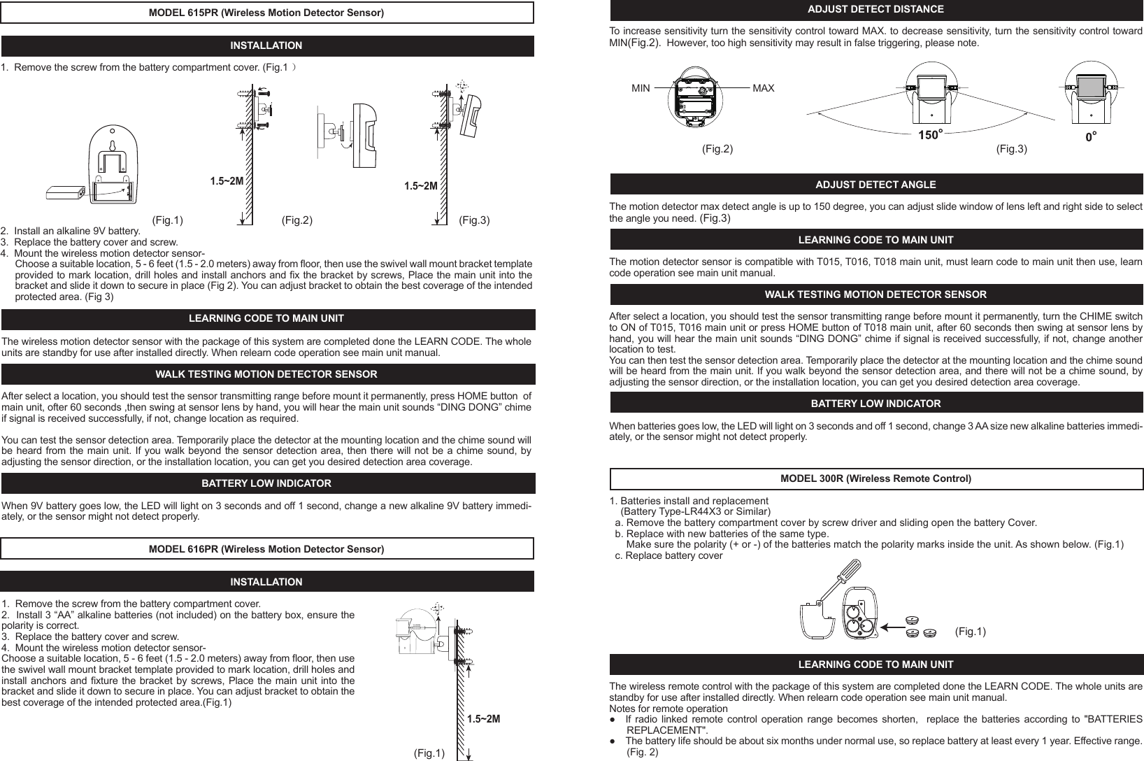 - 13 -c. Make sure the system should be setup in Auto dial mode.3.  NOT REMOTE CONTROL FUNCTION a. Check if battery low and battery replacement.b. If it doesn't work, re-learn ID code again, according to " TO LEARN WIRELESS SENSOR OR REMOTE CONTROL ID CODE ".TIPS1.  Make sure the full telephone has been stored.2.  If you are leaving pets at home while the Auto-Dialer is ON, then make sure the Auto-Dialer has been set in a location high enough not to detect any animals walking around but not too high to detect other movement. 3.  Keep the Auto-Dialer dust free, away from cobwebs that may cause movement in the protected area.4. Only suitable for single phone lines. Not compatible with fax machines.NOTE:This valuable manual will let your security system work properly. Please preserve this manual at your record, and keep reading when need some trouble obviation.INTRODUCTIONHomeSafe's unique wireless security/safety Alarm system with Auto dialer concentrates on the protected area you select. Whenever  the  main  unit  is  set  at ARMED,  the  wireless  motion  detection  sensor  or  wireless  door/window  sensor  will concentrate on the protected area. Once there is movement or door/window open detected, the alarm will turn on and call to the memorized telephone numbers one by one. In chime mode, the chime will Ding Dong when movement be detected.IMPORTANT SAFETY TIPS1. Do not install the system where it will be exposed to direct   sunshine or rain.2. The system siren is very loud, never put the unit close to your ear.3. The unit should be away from heat sources such as radiators, heating ducts and stoves.4. If the system sounds at random, it is possible that the location too close to a heat source, changing the location or direction of the unit can remedy this.5. The system can provide valuable protection for your home and property if utilized properly. However, this unit cannot guarantee complete protection against to burglary or robbery. Therefore, we will not be responsible for any losses or damages which occur, during use of this product.DESCRIPTION OF COMPONENTS FEATURES    Detecting motion or door/window open activates auto-dialer and alarm16 Digit large number display with date/time and function icon9 zone icon for easy differentiating intruder locationRoom monitor and broadcast by telephone functionRemote turn system to ARM or DISARM by telephone functionProgrammable security code, entry delay timing5 emergency telephone numbers (up to 32 digits each)Programmable auto dialling cycle5 Trigger recorder with zone indication for alarm modePAUSE keyPANIC key - 1 -PROG keyBuilt-in 20 seconds Voice REC./Play back IC for help messageBuilt-in flash memory to protect system data for power failureBattery Low indicatorDTMF(Tone )dialling onlyHome mode functionTrigger AC socket by radio linked functionAC adaptor operated (included) with 9V battery back-up (not included)Wall mountableBuilt-in 105 dB alarm (with programmable alarm on/off)Compatible with  additional up to 16 wireless motion  detector sensor or wireless window/door sensor and 8 wireless remote control or wireless control AC socket or wired sensor to EXPANDING the systemTrigger AC Socket by radio linked function INSTALLATION1.    Remove  the  screw  of  main  unit  from  battery  compartment  cover,  install  an  alkaline  9V  battery,  this  is  a  back-up battery, in case of AC power failure. This battery will keep the unit working (Fig.1)OPEN12111013 1418151617SYSTEM SETTING This program can only be operated during standby mode. During set-up, if not key in any message within 15 seconds, the system will auto exit set-up mode.Your auto-dialer has a factory preset pass number of 0-0-0. This can now be changed to a pass number personal to you.1   TO CHANGE PASSWORDa.    Enter  factory  pre-set  pass  number,  0-0-0.  Press  PROG  button once,  PASSWORD  will  flash  on  the  auto-dialer screen.b.  Press the ARM/DISARM button to confirm that you want to enter the PASSWORD option.c.  Enter your new pass number followed by the ARM/DISARM button to confirm the new number. (You can choose 3~ 6 numbers in your pass number)d.  You can press #/DOWN button or   /UP button select other setup, or press the PROG button nine times to exit set-up mode.NOTE: If you forget your pass number, press and hold PROG button, use a pen to touch &ldquo;RESET&rdquo; button once of unit bottom,  the  LCD  will  split  second  not  display,  unpress  PROG  button  after  LCD  comeback  display  date  time,  the auto-dialer will restore back to the factory pre-set pass number 0-0-0, all the setup will be remained as you programmed except the date and time and password.2   TO STORE TELEPHONE NUMBERSa.   Enter the pass number followed by PROG button twice. b.   MEMORY will flash on the auto-dialer screen. c.  Press the ARM/DISARM button to confirm this is the option you need.d. You are now ready to program in your 5 chosen telephone numbers. Press the    /UP and #/DOWN buttons to select 1 - 5, For example if you select 4 this will be the fourth number dialed.e. Now enter the number that you want to store, followed by ARM/DISARM to confirm and store the number (maximum of 32 numbers, but LCD only show last 16 digits)f.  Repeat steps c-e for the four other numbers you wish to be stored.g.  You can press #/DOWN button or    /UP button select other setup, or press the PROG button eight times to exit the set-up mode.3   TO DELETE TELEPHONE NUMBER IN MEMORYa.  Enter the pass number followed by PROG button twice.( Fig. 5)PASSWORD(Fig. 4) ( Fig. 3b )DC 9V Adaptor( Fig. 3a )2.  The unit with a external antenna which plug into the antenna jack, the antenna should be vertical, since it may come   out of the package bent can simply bend it back to a straight position (Fig.2).3.  Connect the line cord between "LINE" jack and telephone wall socket. (Fig.3a)4.  Now connect the plug/wire included with your auto-dialer (this is the plug/wire with the clear plugs at either end) one end inserted in the TEL socket on the auto-dialer, and the other end into your telephone. You now have a wire from the TEL socket on your auto-dialer to your telephone. You should now have a dial tone.5.  Plug the AC adaptor to the DC 9V socket on the auto-dialer. (Fig. 3b)6. For wall mount-If requiredChoose a suitable location, 5 - 6 feet (1.5 - 2.0 meters) away from floor, then use the template provided to mark location, drill holes and install anchors and screws Place the unit over the screws and slide it down to secure in place. (Fig 4)7   TO PROGRAM AUTO DIALLING CYCLE.The auto-dialer  has been factory set for  auto dialling 3 cycles. (When  system is  trigger the auto dialer will call all stored numbers 3 times) You can change this cycle from 1 - 5 dialling times.a.  Enter the pass number followed by PROG button six times.b.  CYCLE will now flash on the auto-dialer screen.c.  Press ARM/DISARM button to confirm.d. Using the UP and DOWN buttons to select 1 - 5  followed by the ARM/DISARM button to confirm the cycle (how many times the Auto-dialer will call you if motion is detected)e.  You can press #/DOWN button or    /UP button select other setup, or press the PROG button four times to exit set up mode.8  TO PROGRAM CALL-IN RING DETECT CYCLE.The call-in ring detect cycle for how many call-in ring cycle the Auto-dialer will answer, The auto-dialer has been factory set for 5 cycles, you can change this cycle from 3, 5, 7, 10 cycles.a. Enter the pass number followed by PROG button seven times.b. &ldquo;      &rdquo; will now flash on the auto-dialer screen.c. Press ARM/DISARM button to confirm.d. Using the UP and DOWN buttons to select 3, 5, 7, 10 followed by the ARM/DISARM button to confirm the cycle. e. You can press #/DOWN button or     /UP button select other setup, or press the PROG button three times to exit set up mode.9  TO PROGRAM ENTRY DELAY TIMEThe auto-dialer has been factory set for a 20 second delay time. You can change this to 0,5,10,15, or 20 seconds:a.  Enter the pass number followed by PROG button eight times.b.  ENTRY will now flash on the auto-dialer screen.c.  Press the ARM/DISARM button to confirm that this is the option you need.d.  Using the UP and DOWN buttons select the seconds 0,5,10,15 or 20. Press ARM/DISARM to confirm the number of seconds you require for the entry delay time.e.  Press the PROG button twice to exit set-up mode.10  REAL TIME SETTINGa.  Enter the pass number followed by PROG button seven  times.b. &ldquo;      &rdquo; will flash on the auto-dialer screen.c.  Press the ARM/DISARM button to confirm that this is the option you need.d. The date will show in the auto-dialer screen as three sets of numbers, year, month and date followed by the real time. The first set of numbers will flash confirming that these can now be changed.e. Press the ARM/DISARM button on the flashing numbers and using the UP and DOWN buttons select the correct date followed by the ARM/DISARM button to confirm and store. You will now have the correct date and time.f.  Press the PROG button once to exit set-up mode.11. TO RECORD /PLAYBACK THE NOTIFICATION MESSAGEThis function for users to record the alarm notification message that will play during an alarm notification call. The total recording time about 20 seconds.It is best to use the message to notify that there has been an alarm activation, and also to specify exactly how the call recipient can respond (room monitor, broadcast), make sure that you speak clearly and steadily, approximately ten inches from the microphone. Keep in mind that you have exactly address and name have been properly recorded.a. enter the password followed &ldquo;REC./PLAY&rdquo; button once, the REC./PLAY led will light up .b. begin recording the message for up to 20 secondsc. press &ldquo;REC./PLAY&rdquo; button again to end the record or automatic ending after the 20 seconds, and the message will automatic playback.d. Press &ldquo;REC.PLAY&rdquo; button at standby mode, the unit will play recorded notification message once.NOTE: to listen notification message, the speaker HI/LO/OFF switch must set at HI or LO location.TO TEST MEMORY DIALLINGIn standby mode, press and hold the PROG button for more than two seconds, hear a beep tone, then key in the test telephone number memory location, the telephone number stored in memory will automatically be dialed.TO TEST WIRELESS SENSOR TRANSMITTING RANGEAfter  selecting  a  location  for  the  unit,  press  HOME  button  of  the Auto-Dialer,  and  wait  60  seconds  and  then  trigger wireless sensor, The Auto-Dialer will receive trigger signal sound DING - DONG and LCD show sensor zone number.   Press HOME button again after this test.OPERATION1 TO ARM THE SYSTEMa. Enter the pass number followed by the ARM/DISARM button.b. Three short beeps will sound and the ARM icon will show on the Auto-Dialer screen.c.  You can press and hold "ARM" button 2 seconds on remote unit to ARM main unit. - 3 -b.  MEMORY will flash on the auto-dialer screen.c. Press the ARM/DISARM button to confirm that this is the option you need.d.  Press the UP and DOWN buttons to select the number you want to delete.e.  Press the DEL./PAUSE  button to delete the number.f.  Press the ARM/DISARM button to confirm the correct number has been deleted.g.  You can press #/DOWN button or   /UP button select other setup, or press the PROG button eight  times to exit the set-up mode.4   TO LEARN WIRELESS SENSOR OR REMOTE CONTROL ID CODEAll the Expanding Wireless Sensor and remote control attached with the package of this system are all completed done the LEARN CODE. The whole units are standby for use after installation directly.The system with 10 zone for wireless sensor and remote control, zone 1~ zone 8 only learn 1 wireless sensor id code for each,  zone  9  can learn  8  wireless sensor id  code. Zone 10(LCD  icon REMOTE) is  remote control zone can learn  8 remote control id code. So you can additionally purchased extra 16 wireless Motion Detector sensor (615PR, 616PR) or wireless Door/Window sensor (600WR, 218WR) and 8 remote control (200R, 300R) to expanding the system, but it is required to LEARN the sensor and remote control unit id code to the main unit, Follow these steps:a.  Enter the pass number followed by PROG button three times. b.  The " LEARN " icon will flash on the auto-dialer screen.c.  Press ARM/DISARM to confirm that this is the option you need, the system will into learn code setup and zone 1 icon flash.d. Press the   /UP and #/DOWN buttons to select you want setup zone, when LCD display &ldquo;NO ID CODE&rdquo; is meaning the zone is disengaged, you can learn new sensor id code for this zone; when LCD display &ldquo;FULL&rdquo; is meaning the zone has id code, you can select other zone or press DEL./PAUSE button to delete original id code then relearn new id code for this zone. e. press ARM/DISARM to confirm the zone location.f.  Trigger  wireless  motion  detector  sensor  (swing  at  sensor  lens  by  hand)  or  door/window  sensor  (open/close  the magnetic switch) or press any key for remote control, you will hear a long beep tone confirm learn code successfully and LCD will display &ldquo;FULL&rdquo; for  zone 1 ~ zone 8 or  &ldquo;1 ID CODE IN&rdquo; for zone 9 and remote control.g. You can press #/DOWN button or   /UP button select other setup, or press the PROG button seven times to exit the set-up mode. 5   TO PROGRAM SIREN ON/OFFThe auto-dialer has been factory set with the siren ON. To change this to OFF:a.  Enter the pass number followed by PROG button four times.b.  The "      " icon will flash on the auto-dialer screen. (Fig.8)c.  Press ARM/DISARM to confirm that this is the option you need.d.  Using the UP and DOWN buttons select SOUND OFF.  Followed by the ARM/DISARM button to confirm that the SIREN is now off.e. You can press #/DOWN button or   /UP button select other setup, or press the PROG button six times to exit the set-up mode.6  TO PROGRAM AUTO CALL FUNCTION ON/OFFThe auto-dialer has been factory set with the call option ON. To change this to call option to OFF:a.  Enter the pass number followed by PROG button five times.b.  The "      " icon will flash on the auto-dialer screen. (Fig.9)c.  Press the ARM/DISARM to confirm that this is the option you need.d. Using the UP and DOWN buttons select call OFF followed by the ARM/DISARM button to confirm call OFF.e.  You can press #/DOWN button or   /UP button select other setup, or press the PROG button five times to exit the set-up mode.MEMORY12345MEMORY LOCATION (Fig.6)(Fig.8) (Fig.9)(Fig.7)LEARN123456789REMOTEZONE NUMBERPAUSE FUNCTIONThe "PAUSE" function can be stored as one digit in the telephone number memory for some PABX dialling operation and every  one "PAUSE"  in  the  memory dialling  sequence  will  stop for  3.6  seconds.  For  example,  if  you  store  telephone number "7,7,7,5,3,5,5---226" to memory location 2, operation as follows:a. Press password (0-0-0), then press "PROG" button, the system will into setup mode.b. Press PROG button to select function menu "MEMORY" icon flash.c. Press "ARM/DISARM" button to confirm. d. The system will get into first telephone number setting and LCD display.e. Press "   /UP" or "#/DOWN" to select memory location 2.f.  Press "7,7,7,5,3,5,5" , Pause "2,2,6".g. Press "ARM/DISARM" button to confirm and the LCD will return display setup menu.BATTERY LOW INDICATORWhen main unit the 9V battery is running low, the battery low LED will flash once every 3 seconds to indicate the low battery. When wireless sensor battery low, the LCD will show battery icon and sensor zone number.NOTE: Change to a new battery immediately, otherwise it may cause the sensor to not detect properly and may appear the false trigger alarm and dialling.VIEW FUNCTIONView Trigger RecordsIn standby mode, press "#/DOWN" to view last 5 trigger records.View store telephone numbersIn standby mode, press "    /UP" to view stored telephone number.NOTE: Not press any button for 10 seconds or system will automatically exit view mode.END OF CALL - press &ldquo;   0&rdquo; the auto-dialer will end of call for the trigger and automatically disconnected the telephone line. ARM  SYSTEM  &ndash;  press  &ldquo;1,  pass  word  (pre-set:  000),  1&rdquo;  after  three  short  beep  tone  confirm  system  is  armed  and automatically disconnected the telephone line.DISARM SYSTEM &ndash; press &ldquo;2, pass word (pre-set: 000), 2&rdquo; after a beep the auto-dialer will disarm and automatically  disconnected the telephone line.TURN ON WIRELESS AC SOCKET- press &ldquo;3, pass word, 3&rdquo; after a beep the auto &ndash; dialer will sending a radio link signal to turn on wireless AC SOCKET(688R) and automatically disconnected the telephone line. (The wireless AC SOCKET for optional) HOME MODE FUNCTION   This function for In home mode to  monitor room state, when system receive wireless sensor trigger signal in the protected area，LCD will show trigger sensor zone number and sound DING-DONG, you can programmable which zone wireless sensor enable or disable.1. Turn the system to home mode:a. Press HOME button once will hear ding-dong sound and LCD show HOME icon.b. Wait for 60 Seconds, there will be one beep.  c. When received wireless sensor trigger signal in the protected area the 'DING DONG' chime will sound.d. Press HOME button again to turn system exit home mode.NOTE: When the Auto-dialer is in ARM mode the CHIME will NOT sound.2. Wireless sensor enable/disable for home mode  the system pre-set all zone at ON(enable), to change which zone to OFF(disable), follow these steps:a. Enter the pass number followed by HOME button once.b. zone 1 icon now flash on the auto-dialer screen.c. Using the UP and DOWN buttons to select you want change zone number.d. press ARM/DISARDM button to confirm then using UP or DOWN button select ON or OFF, press ARM/DISARM button to confirm.e. press the HOME button once to exit set up mode.OPTIONAL  WIRELESS  ACCESSORIESMODEL 218WR (Wireless Slim Door/Window Sensor) INSTALLATION1.  Remove the screw from the battery compartment cover. 2. Install 2 &ldquo;CR2032&rdquo; batteries (included) on the battery box, ensure the polarity is correct.3.  Replace the battery cover and screw.4.  Mount the magnetic door/window sensor Choose a suitable location, stick the main unit to the door/window frames by attached double &ndash; side tape. Then stick the magnetic unit (smaller unit) to the door/window by attached double-side tape and make sure to align the &ldquo;   &rdquo;mark to right  &ldquo;    &rdquo;mark on the main unit and  &ldquo;   &rdquo; facing &ldquo;   &rdquo; at no more than 1/4&rdquo; apart as shown below. (Fig.1)   5.External Magnetic sensor terminalYou can additionally wire magnetic sensor to expanding you desired detection area.a.Remove the screw from the battery compartment cover.b.Remove the screw from terminal and take out connected wire. (Fig.2)c.Measure the length of wire needed to connect the sensor to the transmitter, then cut the wire to the correct length. Strip about 1/2 inch of insulation from the wire ends, and twist the wires together.d.Connect the sensor switch on door to the main terminal post using the wire you just cut. (There is no polarity need to be taken care of, any terminal will be fine, as long as the wires from a loop)e.Connect another sensor switch screw to another switch terminal post by using the parallel another wire as shown below. (Fig.3)f.If you connect more than one sensor to the main unit, connect them in series as shown below. (Fig.4)NOTE: After select a location, you should test the sensor transmitting range before mount it permanently, turn the CHIME switch to ON of main unit, then open/close the magnetic switch of door/window sensor to trigger, you will hear the main unit sounds &ldquo;DING DONG&rdquo; chime if signal is received successfully, if not, draw out mini retractable antenna or change location as required.LEARNING CODE TO MAIN UNITThe wireless door/window sensor with the package of this system are completed done the LEARN CODE. The whole units are standby for use after installation directly. When relearn code operation see main unit manual.OPERATIONAfter 60 seconds installed battery, the unit will into standby mode. Once the door/window opened or vibration detected, the unit will output wireless radio signal and LED will flash.(Fig.1a) (Fig.1b)(Fig.4)(Fig.3)(Fig.2)- 8 -BATTERY LOW INDICATORWhen battery goes low, the LED will light on 3 seconds and off 1 second, change 2 new CR2032 batteries immediately, or the sensor might not detect properly.MODEL 600WR (Wireless Door/Window Sensor with Alarm)INSTALLATION1.   Remove the screw from the battery compartment cover. (Fig.1)2.   Install an alkaline 9V battery.3.   Replace the battery cover and screw.4.   Mount the magnetic door/window sensor-Choose a suitable location, then use the template provided to mark location, drill holes and install anchors and screws. Place the unit over the screws and slide it down to secure in place. (Fig.2)5． Mount the magnetic wired piece to the door or window frame and another single piece to the door/window by using the double-side tapes (included) and aligned the 2 sensor pieces to be flushed and &ldquo;      &rdquo; facing &ldquo;      &rdquo; at no more than1/4&rdquo; apart as shown in. (Fig.3)6.   If you connect more than one sensor to the main unit, connect them in series as shown below. (Fig.4)NOTE: After select a location, you should test the sensor transmitting range before mount it permanently, turn local alarm switch to OFF, turn the CHIME switch to ON of main unit, then open/close the magnetic switch of door/window sensor to trigger, you will hear the main unit sounds &ldquo;DING DONG&rdquo; chime if signal is received successfully, if not, draw out mini retractable antenna or change location as required.LEARNING CODE TO MAIN UNITThe wireless door/window sensor with the package of this system are completed done the LEARN CODE. The whole units are standby for use after installation directly. When relearn code operation see main unit manual.OPERATIONAfter 60 seconds installed 9V battery, the unit will into standby mode. Once the door/window opened or vibration detected, the unit will output wireless radio signal and LED will flash, then sound alarm 3 seconds, you can turn alarm switch select on or off.BATTERY LOW INDICATORWhen 9V battery goes low, the LED will light on 3 seconds and off 1 second, change a new alkaline 9V battery immediately, or the sensor might not detect properly.(Fig.1)(Fig.4)(Fig.3)ON OFFALARM(Fig.2)WIRELESS SECURITY/SAFETY ALARM SYSTEM WITH AUTO DIALER- 2 -- 4 -- 6 -- 7 -- 12 -( Fig. 6)arrow facing arrow( Fig. 7 )NOTE: Slave PIR unit and water alarm selection option alternative.3. Connect the extended outdoor siren  cable to  the  terminal post located in the back of main unit inside the terminal compartment. The polarity as shown below. (Fig.3)NOTE: The outdoor siren (515SK/E)option, not included.4. Connect the magnetic sensor (detect door/window is opened, will trigger auto dialer and alarm after "entry delay time"). (NOTE: The magnetic is for optional, not included)a. Measure the length of wire needed to connect the sensor to the transmitter, then cut the wire to the correct length. Strip about 1/2 inch of insulation from the wire ends, and twist the wires together.b. Connect the sensor switch on door to the main terminal post using the wire you just cut. (There is no polarity need to be taken care of, any terminal will be fine, as long as the wires from a loop).c. Connect another sensor switch screw to another switch   terminal post by using the parallel another wire as shown below. (Fig.4)d. Wire not included.NOTE: If you connect more than one sensor to the main unit, connect them in series as shown below. (Fig.5) 5. Mount the magnet sensor to the door/window frame by using the double-side tapes and aligned the 2 sensor pieces to be tidiness and "arrow" facing "arrow" at no more than 1/4 inch apart. (Fig.6)6. To mount the outdoor siren use the siren stand as a template, mark locations of holes and install anchors and screws as shown below (Fig.7). It is recommended that you mount the out door siren at entrance door, top of garage door, or any location which is sheltered from easy tamper and rain.TROUBLE SHOOTING GUIDE1. UNIT WILL NOT ARMED/DISARMa. Make sure you've entered the correct password, if not, reenter the password.b. If still doesn't work. use a pen to touch &ldquo;RESET&rdquo; button once of unit bottom, then try to ARM/DISARM again. 2. UNIT WILL NOT DIALLINGa. Make sure the telephone line be in good connection.b. Make sure the telephone number stored.Sensor Switch(Mount the door/window frame)Magnet sensor(Mount the door/window frame)( Fig.4 )Slave UnitSensor Switch( Fig.3 )Main unitBlack striped wire to negative (-)( Fig. 2)( Fig.5)- 5 -3   TO DISARM THE SYSTEMa.  Enter the pass number followed by the DISARM button.b.  You will hear one beep and the ARM icon will disappear from the Auto-Dialer screen to confirm that the Auto-Dialer has been DISARMED.c.  You can press and hold "DISARM" button 2 seconds on remote unit to DISARM main unit.4    PANIC BUTTONa. Press "PANIC" button on main unit or press and hold "PANIC" button 2 seconds on remote control, the ALARM will sound instantly for 30 seconds, and the Auto-Dialer will begin dialling the stored numbers.b. To stop the alarm and the stored numbers being dialed, Press password then ARM/DISARM button.c.  Or press and hold "DISARM" button 2 seconds on remote unit to stop the alarm and auto dialer.5． REMOTE CONTROL BY TELEPHONE OPERATIONThis function for responding during an alarm notification call or remote access from any outside telephone, you can use any  tone  (DTMF)  dialing  telephone  or  mobile  phone  to  turn  system  ARM  or  DISARM  or  ROOM  MONITOR  or BROADCAST or Turn on wireless AC SOCKET(688R)A. RESPONDING DURING AN ALARM NOTIFICATION CALLa).Upon an alarm activation, the auto-dialer will call out to each of the programmed phone numbers.b). Answer the call, you will hear a single beep tone for motion detector sensor trigger or door/window sensor vibration trigger or  continuous two beep tone for door/window open trigger or continuous four beep tone for PANIC button trigger, press &ldquo;00&rdquo;on the phone to turn auto-dialer in waiting state and will sound two beep tone, (when you not hear beep tone press &ldquo;00&rdquo; again on the phone). Press key for the desired function as follows:c). For room monitor and broadcast within 50 seconds operation time, a beep sound after 30 seconds reminds user of the time will end. You can press &ldquo;00&rdquo; turn the system to be in waiting state then enter the operation code you want, automatically disconnect the telephone line after 50 seconds for not operation.B. REMOTE CONTROL BY TELEPHONE FOR CALL BACKa).using mobile phone or tone dialing phone call the home number of the line the system is connected. The auto-dialer will answer and sound a beep tone after call-in ringer detect cycle (the call-in ringer detect cycle can programmable, the factory pre-set 5 cycles, you can change to 3, 7, 10 cycles).b). enter PASSWORD you will hear two beep tone.c). press &ldquo;00&rdquo;on the phone to turn auto-dialer in waiting state and will sound a beep tone, (when you not hear beep tone press &ldquo;00&rdquo; again on the phone.), Press key for the desired function as follows:OWNER'S MANUALFunction Press key Room monitor Broadcast End of call Disarm system 2  pass word  2 Function Press key Room monitor    Broadcast    ARM system 1  pass word  1 Disarm system   2  pass word  2   Turn on wireless AC socket 3  pass word  3 TEL.LINETEL.LINETEL.LINE- 11 -(Fig.1)(Fig. 2)PANICDISARMARM(Fig.2)MODEL 200R (Wireless Remote Control)1.Battery install and replacement  (Battery Type-23A 12V)a. Remove the battery compartment cover by sliding it in the direction of the arrow.b. Replace with new batteries of the same type.     Make sure the polarity (+ or -) of the batteries match the polarity marks inside the unit. As shown below. (Fig. 1)   c. Replace battery cover. LEARNING CODE TO MAIN UNITThe wireless remote control with the package of this system are completed done the LEARN CODE. The whole units are standby for use after installed directly. When relearn code operation see main unit manual.Notes for remote operation●  If  radio  linked  remote  control  operation  range  becomes  shorten, replace  the  batteries  according  to  "BATTERIES REPLACEMENT".● The battery life should be about six months under normal use, so replace battery at least every 6 months. Effective range. (Fig. 2)(Fig.1B)Slave UnitFrom Main UnitSlave Extended CableOPTIONAL WIRED ACCESSORIES1.  Connect the PIR slave extended unit (not included, option for 113E)a.  Connect the PIR slave extended unit cable to the terminal post located in back of the main unit inside the terminal compartment. See polarity below. ( Fig.1A)b.  Plug the 3.5mm diameter male plug of slave extended cable that from the main unit into the jack located on side of the unit. (Fig.1B) 2. Connect the water alarm (not included, option for 760A)   Connect the water alarm to the terminal post located in the back of main unit inside the terminal compartment. The polarity as shown below. (Fig.2)( Fig.1A )RedBlackWhiteabout 30～40 meters(open space)about 20～30 meters(open space)(Fig.1) (Fig.2) (Fig.3)1.5~2M 1.5~2MMODEL 615PR (Wireless Motion Detector Sensor)INSTALLATION1.  Remove the screw from the battery compartment cover. (Fig.1 ）2.  Install an alkaline 9V battery.3.  Replace the battery cover and screw.4.  Mount the wireless motion detector sensor-Choose a suitable location, 5 - 6 feet (1.5 - 2.0 meters) away from floor, then use the swivel wall mount bracket template provided to mark location, drill holes and install anchors and fix the bracket by screws, Place the main unit into the bracket and slide it down to secure in place (Fig 2). You can adjust bracket to obtain the best coverage of the intended protected area. (Fig 3)LEARNING CODE TO MAIN UNITThe wireless motion detector sensor with the package of this system are completed done the LEARN CODE. The whole units are standby for use after installed directly. When relearn code operation see main unit manual.WALK TESTING MOTION DETECTOR SENSORAfter select a location, you should test the sensor transmitting range before mount it permanently, press HOME button  of  main unit, ofter 60 seconds ,then swing at sensor lens by hand, you will hear the main unit sounds &ldquo;DING DONG&rdquo; chime if signal is received successfully, if not, change location as required.You can test the sensor detection area. Temporarily place the detector at the mounting location and the chime sound will be heard from the main unit. If you walk beyond the sensor detection area, then there will not be a chime sound, by adjusting the sensor direction, or the installation location, you can get you desired detection area coverage.BATTERY LOW INDICATORWhen 9V battery goes low, the LED will light on 3 seconds and off 1 second, change a new alkaline 9V battery immedi-ately, or the sensor might not detect properly.MODEL 616PR (Wireless Motion Detector Sensor)INSTALLATION1.  Remove the screw from the battery compartment cover. 2.  Install 3 &ldquo;AA&rdquo; alkaline batteries (not included) on the battery box, ensure the polarity is correct.3.  Replace the battery cover and screw.4.  Mount the wireless motion detector sensor-Choose a suitable location, 5 - 6 feet (1.5 - 2.0 meters) away from floor, then use the swivel wall mount bracket template provided to mark location, drill holes and install anchors and fixture the bracket by screws, Place the main unit into the bracket and slide it down to secure in place. You can adjust bracket to obtain the best coverage of the intended protected area.(Fig.1)- 9 -(Fig.1)1.5~2M(Fig.1)- 10 -MODEL 300R (Wireless Remote Control)1. Batteries install and replacement     (Battery Type-LR44X3 or Similar)a. Remove the battery compartment cover by screw driver and sliding open the battery Cover.b. Replace with new batteries of the same type.     Make sure the polarity (+ or -) of the batteries match the polarity marks inside the unit. As shown below. (Fig.1) c. Replace battery coverLEARNING CODE TO MAIN UNITThe wireless remote control with the package of this system are completed done the LEARN CODE. The whole units are standby for use after installed directly. When relearn code operation see main unit manual.Notes for remote operation●　If  radio  linked remote  control operation  range  becomes  shorten,    replace the  batteries according to  "BATTERIES REPLACEMENT".●　The battery life should be about six months under normal use, so replace battery at least every 1 year. Effective range. (Fig. 2)ADJUST DETECT DISTANCETo increase sensitivity turn the sensitivity control toward MAX. to decrease sensitivity, turn the sensitivity control toward MIN(Fig.2).  However, too high sensitivity may result in false triggering, please note. ADJUST DETECT ANGLEThe motion detector max detect angle is up to 150 degree, you can adjust slide window of lens left and right side to select the angle you need. (Fig.3)LEARNING CODE TO MAIN UNITThe motion detector sensor is compatible with T015, T016, T018 main unit, must learn code to main unit then use, learn code operation see main unit manual.WALK TESTING MOTION DETECTOR SENSORAfter select a location, you should test the sensor transmitting range before mount it permanently, turn the CHIME switch to ON of T015, T016 main unit or press HOME button of T018 main unit, after 60 seconds then swing at sensor lens by hand, you will hear the main unit sounds &ldquo;DING DONG&rdquo; chime if signal is received successfully, if not, change another location to test.You can then test the sensor detection area. Temporarily place the detector at the mounting location and the chime sound will be heard from the main unit. If you walk beyond the sensor detection area, and there will not be a chime sound, by adjusting the sensor direction, or the installation location, you can get you desired detection area coverage.BATTERY LOW INDICATORWhen batteries goes low, the LED will light on 3 seconds and off 1 second, change 3 AA size new alkaline batteries immedi-ately, or the sensor might not detect properly. MAXMIN(Fig.2) (Fig.3)5.REC./Play LED 6. Battery Low LED 7. DC Power LED 8. Numerical Keys9. MIC 10. Line jack 11. TEL. jack 12. DC 9V Power Jack13. Buzze 14. Reset [           ] button 16. External Terminal17. Wireless DC Socket Channel select jumper 18. Battery (Not included)15. Battery Coverd. There will be a further single beep after 60 seconds, the Auto-Dialer is now set at ARM.e. Into arming, the system will detect door/window sensor state, when door/window is open, will sound beep tone 5 seconds and LCD show &ldquo;CLOSE PLEASE&rdquo; and sensor zone number, when still not close door/window will turn on alarm and auto dialer after 60 seconds.2   ALARMa. In ARM mode system receive wireless sensor trigger signal in the protected area，LCD will show trigger icon and trigger sensor zone number, after the entry time then sound a SIREN for 30 seconds on and 30 seconds off then 30 seconds on again,  and will automatically  dial  the numbers stored,  one by  one, in  the CYCLE you have  chosen, (amount  of  times  the  numbers  are  dialed).  You  will  hear  a  beep  tone  for  motion  detector  sensor  trigger  or door/window sensor vibration trigger or two beep tone for door/window sensor open trigger or three beep tone for PANIC button trigger when the call is answered, you can call the Police or make the necessary arrangements, ie calling a neighbour.b. In ARM mode, if the Auto-Dialer is set at SIREN OFF, the numbers stored will be dialed silently, when the call is answered you will hear a siren and know that movement has been detected, enable you to call the Police or make necessary arrangements, ie calling a neighbour. REMEMBER the Auto-Dialer has called you silently, no indication whatsoever is given from the Auto-Dialer to suggest it is dialling you.NOTE: the system with auto detect telephone line connect function, when telephone line is not connect, fist sound four beep tone then sound siren and not dial out phone number. d). For room monitor and broadcast within 50 seconds operation time, a beep sound after 30 seconds reminds user of the time will end. You can press &ldquo;00&rdquo; turn the system to be in waiting state then enter the operation code you want, automatically disconnect the telephone line after 50 seconds for not operation.ROOM MONITOR -  Press &ldquo;         &rdquo; after the beep, you will be able to listen to all the sounds within the room for 50 seconds, a beep sound after 30 seconds remind of user the room monitor time will end. You can press &ldquo;00&rdquo; turn the system to waiting state then enter you want operation code, automatically disconnected the telephone line after 50 seconds for not operation.  BROADCAST &ndash; press &ldquo;# #&rdquo; after the beep, The person in the room will hear your talking, you can speaking you want for 50 seconds, a beep sound after 30 seconds remind the broadcast time will end, you can press &ldquo;0 0&rdquo; turn the system to waiting state then enter the operation code you want, automatically disconnected the telephone line after     50 seconds for no operation.   MODEL: T018R