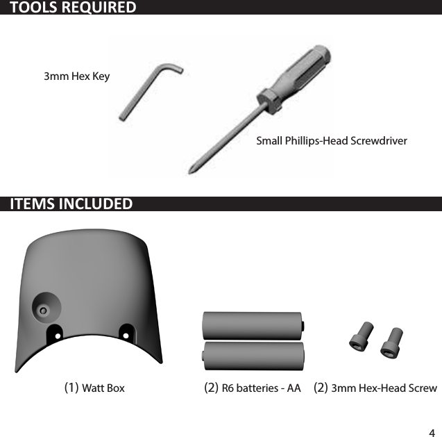 (2) R6 batteries - AA(1) Watt Box (2) 3mm Hex-Head Screw4TOOLS REQUIREDITEMS INCLUDED3mm Hex KeySmall Phillips-Head Screwdriver
