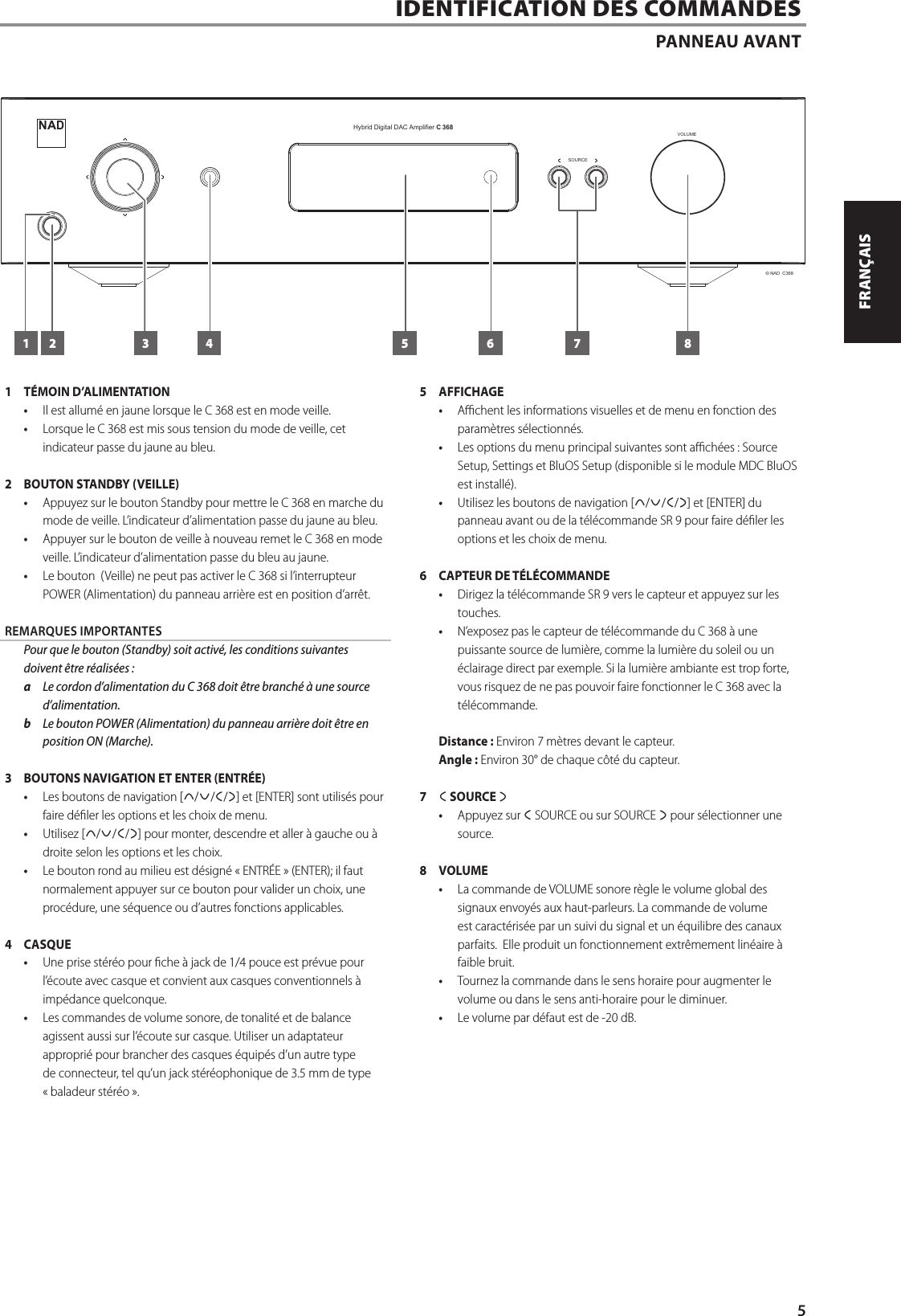 IDENTIFICATION DES COMMANDESPANNEAU AVANT1  T&Eacute;MOIN D&rsquo;ALIMENTATION&bull;  Il est allum&eacute; en jaune lorsque le C 368 est en mode veille.&bull;  Lorsque le C 368 est mis sous tension du mode de veille, cet indicateur passe du jaune au bleu.2  BOUTON STANDBY (VEILLE)&bull;  Appuyez sur le bouton Standby pour mettre le C 368 en marche du mode de veille. L&rsquo;indicateur d&rsquo;alimentation passe du jaune au bleu.&bull;  Appuyer sur le bouton de veille &agrave; nouveau remet le C 368 en mode veille. L&rsquo;indicateur d&rsquo;alimentation passe du bleu au jaune.&bull;  Le bouton  (Veille) ne peut pas activer le C 368 si l&rsquo;interrupteur POWER (Alimentation) du panneau arri&egrave;re est en position d&rsquo;arr&ecirc;t.REMARQUES IMPORTANTES  Pour que le bouton (Standby) soit activ&eacute;, les conditions suivantes doivent &ecirc;tre r&eacute;alis&eacute;es:a  Le cordon d&rsquo;alimentation du C 368 doit &ecirc;tre branch&eacute; &agrave; une source d&rsquo;alimentation. b  Le bouton POWER (Alimentation) du panneau arri&egrave;re doit &ecirc;tre en position ON (Marche).3  BOUTONS NAVIGATION ET ENTER (ENTR&Eacute;E)&bull;  Les boutons de navigation [d/f/a/s] et [ENTER] sont utilis&eacute;s pour faire d&eacute;ler les options et les choix de menu.&bull;  Utilisez [d/f/a/s] pour monter, descendre et aller &agrave; gauche ou &agrave; droite selon les options et les choix.&bull;  Le bouton rond au milieu est d&eacute;sign&eacute; &laquo;ENTR&Eacute;E&raquo; (ENTER); il faut normalement appuyer sur ce bouton pour valider un choix, une proc&eacute;dure, une s&eacute;quence ou d&rsquo;autres fonctions applicables. 4 CASQUE&bull;  Une prise st&eacute;r&eacute;o pour che &agrave; jack de 1/4 pouce est pr&eacute;vue pour l&rsquo;&eacute;coute avec casque et convient aux casques conventionnels &agrave; imp&eacute;dance quelconque.&bull;  Les commandes de volume sonore, de tonalit&eacute; et de balance agissent aussi sur l&rsquo;&eacute;coute sur casque. Utiliser un adaptateur appropri&eacute; pour brancher des casques &eacute;quip&eacute;s d&rsquo;un autre type de connecteur, tel qu&rsquo;un jack st&eacute;r&eacute;ophonique de 3.5 mm de type &laquo;baladeur st&eacute;r&eacute;o&raquo;.5 AFFICHAGE&bull;  Achent les informations visuelles et de menu en fonction des param&egrave;tres s&eacute;lectionn&eacute;s.&bull;  Les options du menu principal suivantes sont ach&eacute;es: Source Setup, Settings et BluOS Setup (disponible si le module MDC BluOS est install&eacute;).&bull;  Utilisez les boutons de navigation [d/f/a/s] et [ENTER] du panneau avant ou de la t&eacute;l&eacute;commande SR 9 pour faire d&eacute;ler les options et les choix de menu.6  CAPTEUR DE T&Eacute;L&Eacute;COMMANDE&bull;  Dirigez la t&eacute;l&eacute;commande SR 9 vers le capteur et appuyez sur les touches.&bull;  N&rsquo;exposez pas le capteur de t&eacute;l&eacute;commande du C 368 &agrave; une puissante source de lumi&egrave;re, comme la lumi&egrave;re du soleil ou un &eacute;clairage direct par exemple. Si la lumi&egrave;re ambiante est trop forte, vous risquez de ne pas pouvoir faire fonctionner le C 368 avec la t&eacute;l&eacute;commande.Distance: Environ 7m&egrave;tres devant le capteur.Angle: Environ 30&deg; de chaque c&ocirc;t&eacute; du capteur.7  a SOURCE s&bull;  Appuyez sur a SOURCE ou sur SOURCE s pour s&eacute;lectionner une source.8 VOLUME&bull;  La commande de VOLUME sonore r&egrave;gle le volume global des signaux envoy&eacute;s aux haut-parleurs. La commande de volume est caract&eacute;ris&eacute;e par un suivi du signal et un &eacute;quilibre des canaux parfaits.  Elle produit un fonctionnement extr&ecirc;mement lin&eacute;aire &agrave; faible bruit.&bull;  Tournez la commande dans le sens horaire pour augmenter le volume ou dans le sens anti-horaire pour le diminuer.&bull;  Le volume par d&eacute;faut est de -20dB.Hybrid Digital DAC Amplifier C 368NADVOLUMESOURCE&copy; NAD  C3687 81 2 3 4 655ENGLISHFRAN&Ccedil;AISESPA&Ntilde;OLITALIANODEUTSCHNEDERLANDSSVENSKAРУССКИЙ