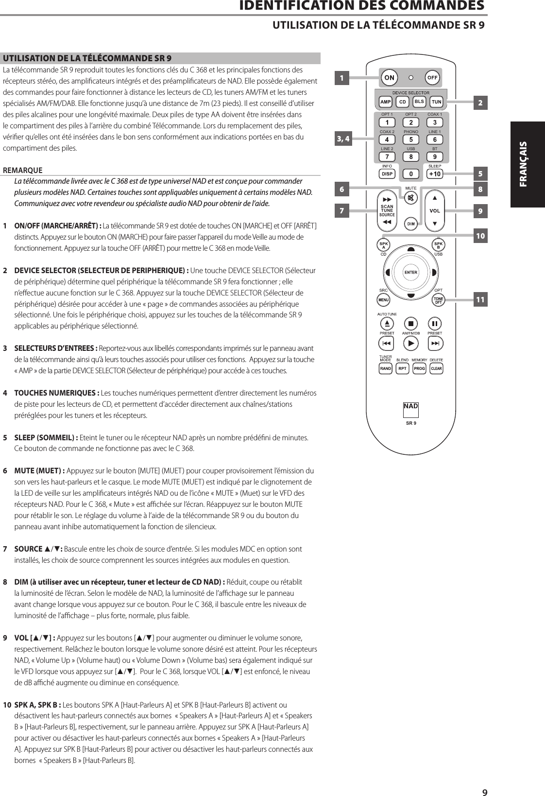 UTILISATION DE LA T&Eacute;L&Eacute;COMMANDE SR 9La t&eacute;l&eacute;commande SR 9 reproduit toutes les fonctions cl&eacute;s du C 368 et les principales fonctions des r&eacute;cepteurs st&eacute;r&eacute;o, des amplicateurs int&eacute;gr&eacute;s et des pr&eacute;amplicateurs de NAD. Elle poss&egrave;de &eacute;galement des commandes pour faire fonctionner &agrave; distance les lecteurs de CD, les tuners AM/FM et les tuners sp&eacute;cialis&eacute;s AM/FM/DAB. Elle fonctionne jusqu&rsquo;&agrave; une distance de 7m (23 pieds). Il est conseill&eacute; d&rsquo;utiliser des piles alcalines pour une long&eacute;vit&eacute; maximale. Deux piles de type AA doivent &ecirc;tre ins&eacute;r&eacute;es dans le compartiment des piles &agrave; l&rsquo;arri&egrave;re du combin&eacute; T&eacute;l&eacute;commande. Lors du remplacement des piles, v&eacute;rier qu&rsquo;elles ont &eacute;t&eacute; ins&eacute;r&eacute;es dans le bon sens conform&eacute;ment aux indications port&eacute;es en bas du compartiment des piles.REMARQUE  La t&eacute;l&eacute;commande livr&eacute;e avec le C 368 est de type universel NAD et est con&ccedil;ue pour commander plusieurs mod&egrave;les NAD. Certaines touches sont appliquables uniquement &agrave; certains mod&egrave;les NAD.  Communiquez avec votre revendeur ou sp&eacute;cialiste audio NAD pour obtenir de l&rsquo;aide.1  ON/OFF (MARCHE/ARR&Ecirc;T): La t&eacute;l&eacute;commande SR 9 est dot&eacute;e de touches ON [MARCHE] et OFF [ARR&Ecirc;T] distincts. Appuyez sur le bouton ON (MARCHE) pour faire passer l&rsquo;appareil du mode Veille au mode de fonctionnement. Appuyez sur la touche OFF (ARR&Ecirc;T) pour mettre le C368 en mode Veille.  2  DEVICE SELECTOR (SELECTEUR DE PERIPHERIQUE): Une touche DEVICE SELECTOR (S&eacute;lecteur de p&eacute;riph&eacute;rique) d&eacute;termine quel p&eacute;riph&eacute;rique la t&eacute;l&eacute;commande SR 9 fera fonctionner ; elle n&rsquo;eectue aucune fonction sur le C 368. Appuyez sur la touche DEVICE SELECTOR (S&eacute;lecteur de p&eacute;riph&eacute;rique) d&eacute;sir&eacute;e pour acc&eacute;der &agrave; une &laquo; page &raquo; de commandes associ&eacute;es au p&eacute;riph&eacute;rique s&eacute;lectionn&eacute;. Une fois le p&eacute;riph&eacute;rique choisi, appuyez sur les touches de la t&eacute;l&eacute;commande SR 9 applicables au p&eacute;riph&eacute;rique s&eacute;lectionn&eacute;.3  SELECTEURS D&rsquo;ENTREES: Reportez-vous aux libell&eacute;s correspondants imprim&eacute;s sur le panneau avant de la t&eacute;l&eacute;commande ainsi qu&rsquo;&agrave; leurs touches associ&eacute;s pour utiliser ces fonctions.  Appuyez sur la touche &laquo;AMP&raquo; de la partie DEVICE SELECTOR (S&eacute;lecteur de p&eacute;riph&eacute;rique) pour acc&eacute;de &agrave; ces touches.4  TOUCHES NUMERIQUES: Les touches num&eacute;riques permettent d&rsquo;entrer directement les num&eacute;ros de piste pour les lecteurs de CD, et permettent d&rsquo;acc&eacute;der directement aux cha&icirc;nes/stations pr&eacute;r&eacute;gl&eacute;es pour les tuners et les r&eacute;cepteurs.5  SLEEP (SOMMEIL): Eteint le tuner ou le r&eacute;cepteur NAD apr&egrave;s un nombre pr&eacute;d&eacute;ni de minutes. Ce bouton de commande ne fonctionne pas avec le C 368.6  MUTE (MUET): Appuyez sur le bouton [MUTE] (MUET) pour couper provisoirement l&rsquo;&eacute;mission du son vers les haut-parleurs et le casque. Le mode MUTE (MUET) est indiqu&eacute; par le clignotement de la LED de veille sur les amplicateurs int&eacute;gr&eacute;s NAD ou de l&rsquo;ic&ocirc;ne &laquo; MUTE &raquo; (Muet) sur le VFD des r&eacute;cepteurs NAD. Pour le C 368, &laquo;Mute&raquo; est ach&eacute;e sur l&rsquo;&eacute;cran. R&eacute;appuyez sur le bouton MUTE pour r&eacute;tablir le son. Le r&eacute;glage du volume &agrave; l&rsquo;aide de la t&eacute;l&eacute;commande SR 9 ou du bouton du panneau avant inhibe automatiquement la fonction de silencieux.7 SOURCE 5/6: Bascule entre les choix de source d&rsquo;entr&eacute;e. Si les modules MDC en option sont install&eacute;s, les choix de source comprennent les sources int&eacute;gr&eacute;es aux modules en question.8  DIM (&agrave; utiliser avec un r&eacute;cepteur, tuner et lecteur de CD NAD): R&eacute;duit, coupe ou r&eacute;tablit la luminosit&eacute; de l&rsquo;&eacute;cran. Selon le mod&egrave;le de NAD, la luminosit&eacute; de l&rsquo;achage sur le panneau avant change lorsque vous appuyez sur ce bouton. Pour le C 368, il bascule entre les niveaux de luminosit&eacute; de l&rsquo;achage&ndash; plus forte, normale, plus faible.9  VOL [5/6]: Appuyez sur les boutons [5/6] pour augmenter ou diminuer le volume sonore, respectivement. Rel&acirc;chez le bouton lorsque le volume sonore d&eacute;sir&eacute; est atteint. Pour les r&eacute;cepteurs NAD, &laquo; Volume Up &raquo; (Volume haut) ou &laquo; Volume Down &raquo; (Volume bas) sera &eacute;galement indiqu&eacute; sur le VFD lorsque vous appuyez sur [5/6].  Pour le C 368, lorsque VOL [5/6] est enfonc&eacute;, le niveau de dB ach&eacute; augmente ou diminue en cons&eacute;quence. 10  SPK A, SPK B: Les boutons SPK A [Haut-Parleurs A] et SPK B [Haut-Parleurs B] activent ou d&eacute;sactivent les haut-parleurs connect&eacute;s aux bornes  &laquo;Speakers A&raquo; [Haut-Parleurs A] et &laquo;Speakers B&raquo; [Haut-Parleurs B], respectivement, sur le panneau arri&egrave;re. Appuyez sur SPK A [Haut-Parleurs A] pour activer ou d&eacute;sactiver les haut-parleurs connect&eacute;s aux bornes &laquo;Speakers A&raquo; [Haut-Parleurs A]. Appuyez sur SPK B [Haut-Parleurs B] pour activer ou d&eacute;sactiver les haut-parleurs connect&eacute;s aux bornes  &laquo;Speakers B&raquo; [Haut-Parleurs B].IDENTIFICATION DES COMMANDESUTILISATION DE LA T&Eacute;L&Eacute;COMMANDE SR9SR 9OPT 1 OPT 2 COAX 1COAX 2 PHONO LINE 1LINE 2 USB BTBLSSCANTUNESOURCESCANTUNESOURCESCANTUNESOURCESCANTUNESOURCE2891013, 4675119ENGLISHFRAN&Ccedil;AISESPA&Ntilde;OLITALIANODEUTSCHNEDERLANDSSVENSKAРУССКИЙ