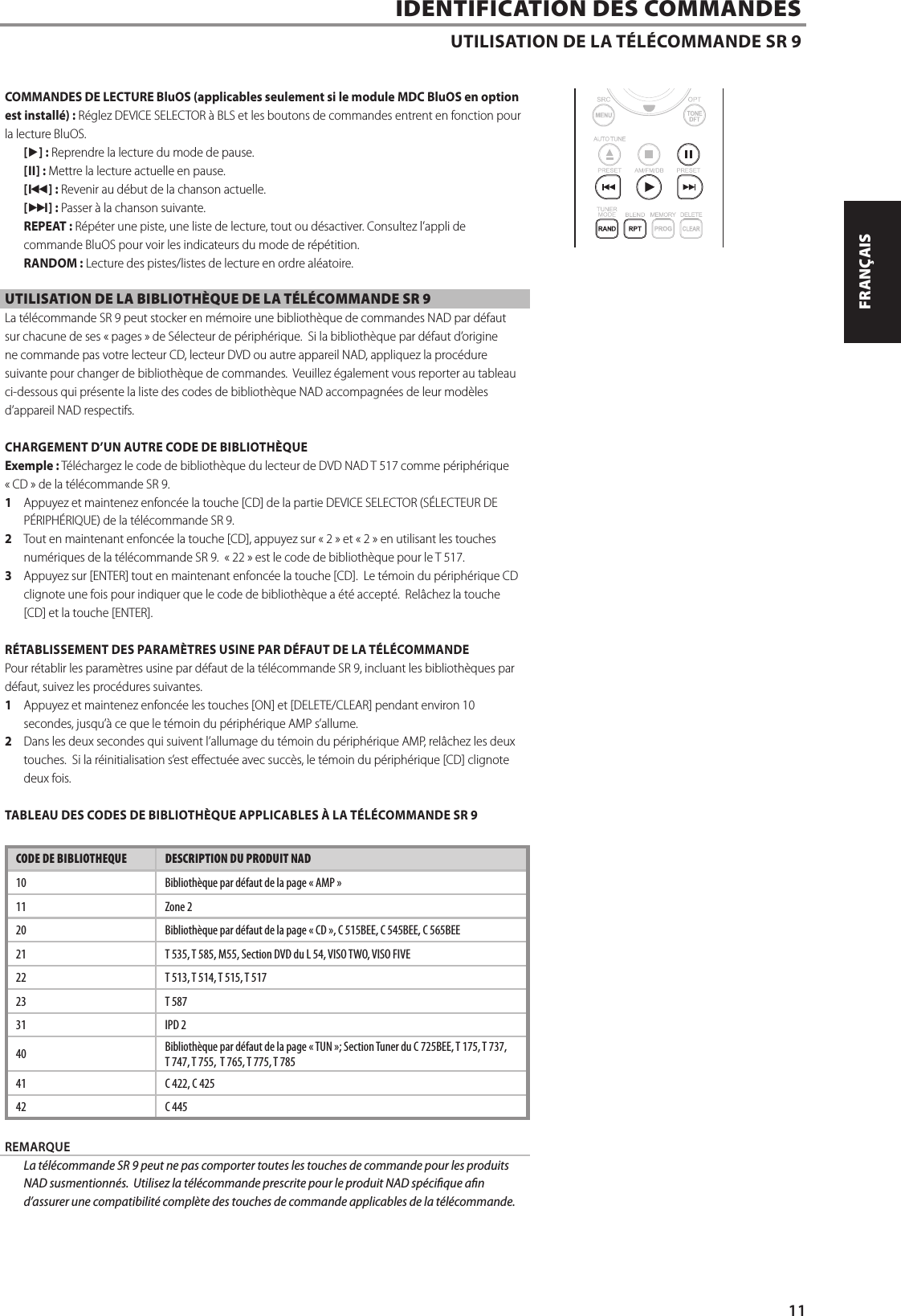IDENTIFICATION DES COMMANDESUTILISATION DE LA T&Eacute;L&Eacute;COMMANDE SR9COMMANDES DE LECTURE BluOS (applicables seulement si le module MDC BluOS en option est install&eacute;): R&eacute;glez DEVICE SELECTOR &agrave; BLS et les boutons de commandes entrent en fonction pour la lecture BluOS.[4]: Reprendre la lecture du mode de pause.[j]: Mettre la lecture actuelle en pause.[9]: Revenir au d&eacute;but de la chanson actuelle.[0]: Passer &agrave; la chanson suivante.REPEAT: R&eacute;p&eacute;ter une piste, une liste de lecture, tout ou d&eacute;sactiver. Consultez l&rsquo;appli de commande BluOS pour voir les indicateurs du mode de r&eacute;p&eacute;tition.RANDOM: Lecture des pistes/listes de lecture en ordre al&eacute;atoire.UTILISATION DE LA BIBLIOTH&Egrave;QUE DE LA T&Eacute;L&Eacute;COMMANDE SR 9La t&eacute;l&eacute;commande SR 9 peut stocker en m&eacute;moire une biblioth&egrave;que de commandes NAD par d&eacute;faut sur chacune de ses &laquo;pages&raquo; de S&eacute;lecteur de p&eacute;riph&eacute;rique.  Si la biblioth&egrave;que par d&eacute;faut d&rsquo;origine ne commande pas votre lecteur CD, lecteur DVD ou autre appareil NAD, appliquez la proc&eacute;dure suivante pour changer de biblioth&egrave;que de commandes.  Veuillez &eacute;galement vous reporter au tableau ci-dessous qui pr&eacute;sente la liste des codes de biblioth&egrave;que NAD accompagn&eacute;es de leur mod&egrave;les d&rsquo;appareil NAD respectifs.CHARGEMENT D&rsquo;UN AUTRE CODE DE BIBLIOTH&Egrave;QUEExemple: T&eacute;l&eacute;chargez le code de biblioth&egrave;que du lecteur de DVD NAD T 517 comme p&eacute;riph&eacute;rique &laquo;CD&raquo; de la t&eacute;l&eacute;commande SR 9.1  Appuyez et maintenez enfonc&eacute;e la touche [CD] de la partie DEVICE SELECTOR (S&Eacute;LECTEUR DE P&Eacute;RIPH&Eacute;RIQUE) de la t&eacute;l&eacute;commande SR 9.2  Tout en maintenant enfonc&eacute;e la touche [CD], appuyez sur &laquo; 2 &raquo; et &laquo; 2 &raquo; en utilisant les touches num&eacute;riques de la t&eacute;l&eacute;commande SR 9.  &laquo; 22 &raquo; est le code de biblioth&egrave;que pour le T 517.3  Appuyez sur [ENTER] tout en maintenant enfonc&eacute;e la touche [CD].  Le t&eacute;moin du p&eacute;riph&eacute;rique CD clignote une fois pour indiquer que le code de biblioth&egrave;que a &eacute;t&eacute; accept&eacute;.  Rel&acirc;chez la touche [CD] et la touche [ENTER].R&Eacute;TABLISSEMENT DES PARAM&Egrave;TRES USINE PAR D&Eacute;FAUT DE LA T&Eacute;L&Eacute;COMMANDEPour r&eacute;tablir les param&egrave;tres usine par d&eacute;faut de la t&eacute;l&eacute;commande SR 9, incluant les biblioth&egrave;ques par d&eacute;faut, suivez les proc&eacute;dures suivantes.1  Appuyez et maintenez enfonc&eacute;e les touches [ON] et [DELETE/CLEAR]pendant environ 10 secondes, jusqu&rsquo;&agrave; ce que le t&eacute;moin du p&eacute;riph&eacute;rique AMP s&rsquo;allume.2  Dans les deux secondes qui suivent l&rsquo;allumage du t&eacute;moin du p&eacute;riph&eacute;rique AMP, rel&acirc;chez les deux touches. Si la r&eacute;initialisation s&rsquo;est eectu&eacute;e avec succ&egrave;s, le t&eacute;moin du p&eacute;riph&eacute;rique [CD] clignote deux fois.TABLEAU DES CODES DE BIBLIOTH&Egrave;QUE APPLICABLES &Agrave; LA T&Eacute;L&Eacute;COMMANDE SR 9CODE DE BIBLIOTHEQUE DESCRIPTION DU PRODUIT NAD10 Biblioth&egrave;que par d&eacute;faut de la page &laquo; AMP &raquo;11 Zone 220 Biblioth&egrave;que par d&eacute;faut de la page &laquo; CD &raquo;, C 515BEE, C 545BEE, C 565BEE21 T 535, T 585, M55, Section DVD du L 54, VISO TWO, VISO FIVE22 T 513, T 514, T 515, T 51723 T 58731 IPD 240 Biblioth&egrave;que par d&eacute;faut de la page &laquo; TUN &raquo;; Section Tuner du C 725BEE, T 175, T 737, T747, T 755,  T 765, T 775, T 78541 C 422, C 42542 C 445REMARQUE  La t&eacute;l&eacute;commande SR 9 peut ne pas comporter toutes les touches de commande pour les produits NAD susmentionn&eacute;s.  Utilisez la t&eacute;l&eacute;commande prescrite pour le produit NAD sp&eacute;cique an d&rsquo;assurer une compatibilit&eacute; compl&egrave;te des touches de commande applicables de la t&eacute;l&eacute;commande.SR 9OPT 1 OPT 2 COAX 1COAX 2 PHONO LINE 1LINE 2 USB BTBLSSCANTUNESOURCESCANTUNESOURCESCANTUNESOURCESCANTUNESOURCE11ENGLISHFRAN&Ccedil;AISESPA&Ntilde;OLITALIANODEUTSCHNEDERLANDSSVENSKAРУССКИЙ