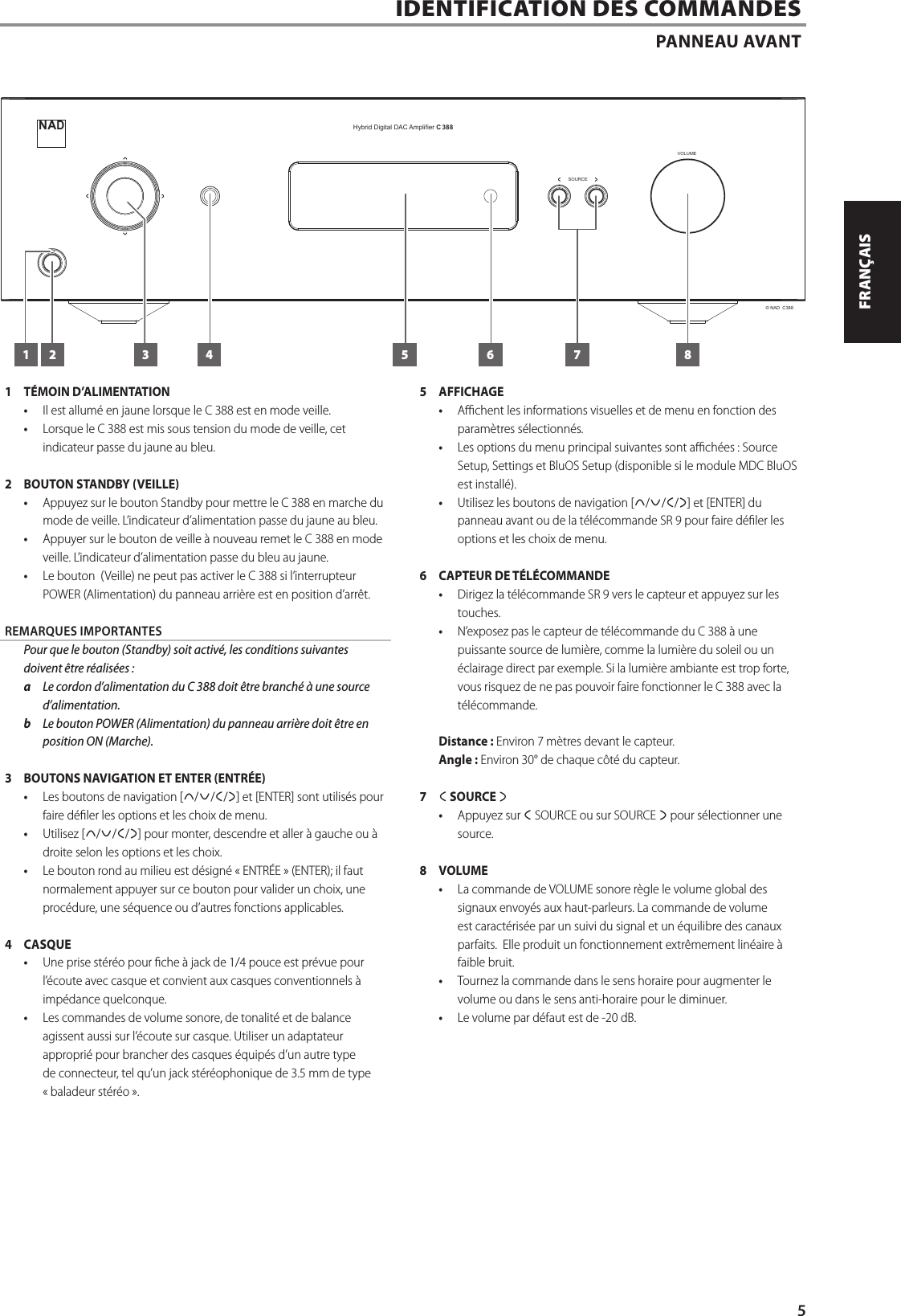 IDENTIFICATION DES COMMANDESPANNEAU AVANT1  T&Eacute;MOIN D&rsquo;ALIMENTATION&bull;  Il est allum&eacute; en jaune lorsque le C 388 est en mode veille.&bull;  Lorsque le C 388 est mis sous tension du mode de veille, cet indicateur passe du jaune au bleu.2  BOUTON STANDBY (VEILLE)&bull;  Appuyez sur le bouton Standby pour mettre le C 388 en marche du mode de veille. L&rsquo;indicateur d&rsquo;alimentation passe du jaune au bleu.&bull;  Appuyer sur le bouton de veille &agrave; nouveau remet le C 388 en mode veille. L&rsquo;indicateur d&rsquo;alimentation passe du bleu au jaune.&bull;  Le bouton  (Veille) ne peut pas activer le C 388 si l&rsquo;interrupteur POWER (Alimentation) du panneau arri&egrave;re est en position d&rsquo;arr&ecirc;t.REMARQUES IMPORTANTES  Pour que le bouton (Standby) soit activ&eacute;, les conditions suivantes doivent &ecirc;tre r&eacute;alis&eacute;es:a  Le cordon d&rsquo;alimentation du C 388 doit &ecirc;tre branch&eacute; &agrave; une source d&rsquo;alimentation. b  Le bouton POWER (Alimentation) du panneau arri&egrave;re doit &ecirc;tre en position ON (Marche).3  BOUTONS NAVIGATION ET ENTER (ENTR&Eacute;E)&bull;  Les boutons de navigation [d/f/a/s] et [ENTER] sont utilis&eacute;s pour faire d&eacute;ler les options et les choix de menu.&bull;  Utilisez [d/f/a/s] pour monter, descendre et aller &agrave; gauche ou &agrave; droite selon les options et les choix.&bull;  Le bouton rond au milieu est d&eacute;sign&eacute; &laquo;ENTR&Eacute;E&raquo; (ENTER); il faut normalement appuyer sur ce bouton pour valider un choix, une proc&eacute;dure, une s&eacute;quence ou d&rsquo;autres fonctions applicables. 4 CASQUE&bull;  Une prise st&eacute;r&eacute;o pour che &agrave; jack de 1/4 pouce est pr&eacute;vue pour l&rsquo;&eacute;coute avec casque et convient aux casques conventionnels &agrave; imp&eacute;dance quelconque.&bull;  Les commandes de volume sonore, de tonalit&eacute; et de balance agissent aussi sur l&rsquo;&eacute;coute sur casque. Utiliser un adaptateur appropri&eacute; pour brancher des casques &eacute;quip&eacute;s d&rsquo;un autre type de connecteur, tel qu&rsquo;un jack st&eacute;r&eacute;ophonique de 3.5 mm de type &laquo;baladeur st&eacute;r&eacute;o&raquo;.5 AFFICHAGE&bull;  Achent les informations visuelles et de menu en fonction des param&egrave;tres s&eacute;lectionn&eacute;s.&bull;  Les options du menu principal suivantes sont ach&eacute;es: Source Setup, Settings et BluOS Setup (disponible si le module MDC BluOS est install&eacute;).&bull;  Utilisez les boutons de navigation [d/f/a/s] et [ENTER] du panneau avant ou de la t&eacute;l&eacute;commande SR 9 pour faire d&eacute;ler les options et les choix de menu.6  CAPTEUR DE T&Eacute;L&Eacute;COMMANDE&bull;  Dirigez la t&eacute;l&eacute;commande SR 9 vers le capteur et appuyez sur les touches.&bull;  N&rsquo;exposez pas le capteur de t&eacute;l&eacute;commande du C 388 &agrave; une puissante source de lumi&egrave;re, comme la lumi&egrave;re du soleil ou un &eacute;clairage direct par exemple. Si la lumi&egrave;re ambiante est trop forte, vous risquez de ne pas pouvoir faire fonctionner le C 388 avec la t&eacute;l&eacute;commande.Distance: Environ 7m&egrave;tres devant le capteur.Angle: Environ 30&deg; de chaque c&ocirc;t&eacute; du capteur.7  a SOURCE s&bull;  Appuyez sur a SOURCE ou sur SOURCE s pour s&eacute;lectionner une source.8 VOLUME&bull;  La commande de VOLUME sonore r&egrave;gle le volume global des signaux envoy&eacute;s aux haut-parleurs. La commande de volume est caract&eacute;ris&eacute;e par un suivi du signal et un &eacute;quilibre des canaux parfaits.  Elle produit un fonctionnement extr&ecirc;mement lin&eacute;aire &agrave; faible bruit.&bull;  Tournez la commande dans le sens horaire pour augmenter le volume ou dans le sens anti-horaire pour le diminuer.&bull;  Le volume par d&eacute;faut est de -20dB.VOLUMESOURCE&copy; NAD  C388Hybrid Digital DAC Amplifier C 388NAD7 81 2 3 4 655ENGLISHFRAN&Ccedil;AISESPA&Ntilde;OLITALIANODEUTSCHNEDERLANDSSVENSKAРУССКИЙ