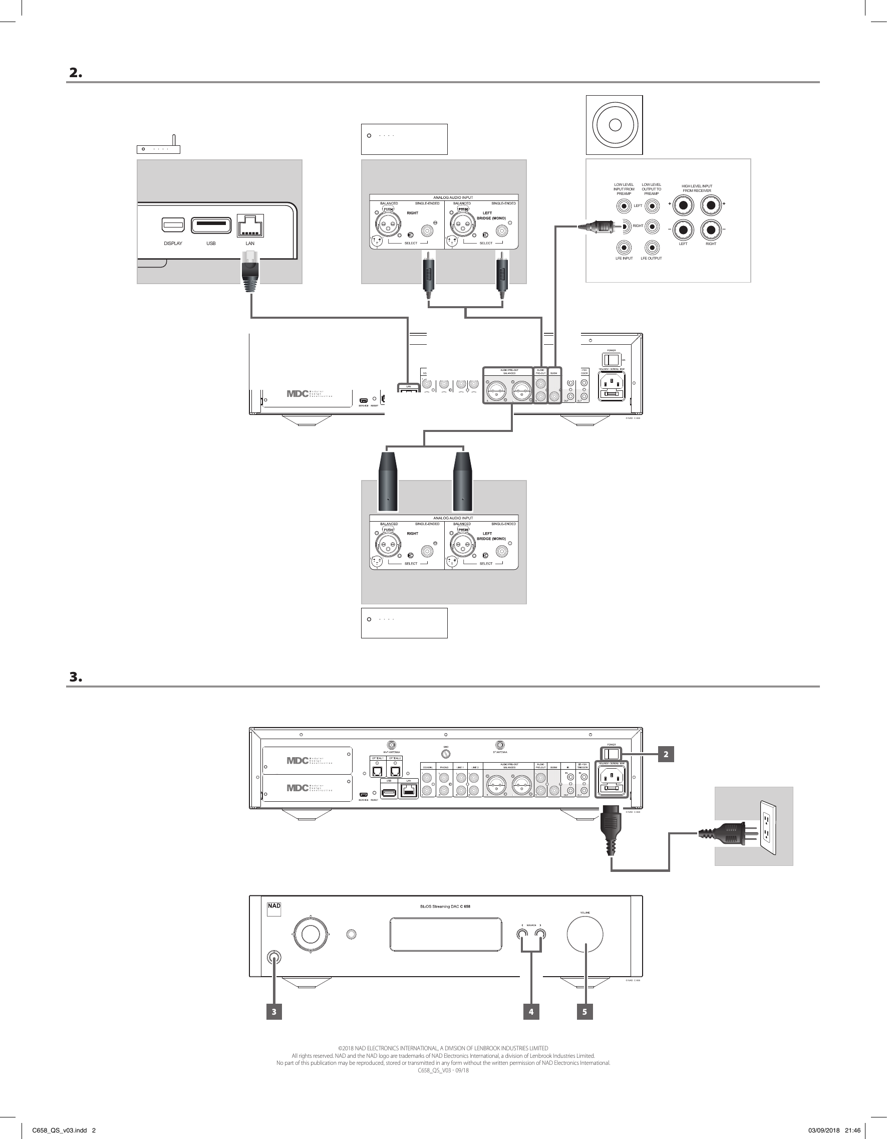 &copy;2018 NAD ELECTRONICS INTERNATIONAL, A DIVISION OF LENBROOK INDUSTRIES LIMITEDAll rights reserved. NAD and the NAD logo are trademarks of NAD Electronics International, a division of Lenbrook Industries Limited.No part of this publication may be reproduced, stored or transmitted in any form without the written permission of NAD Electronics International.C658_QS_V03 - 09/18&copy; NAD  C 658&copy; NAD  C 658&copy; NAD  C 6582. 3. 2 CHANNEL AUDIO OUTUNBALANCEDR BALANCED L BALANCEDLRPOWERONPOWERON100-240V ~ 50/60HzAUDIO OUTL RLOW LEVELINPUT FROMPREAMPHIGH LEVEL INPUTFROM RECEIVERLOW LEVELOUTPUT TOPREAMPLEFTLEFT+&ndash;+&ndash;RIGHTRIGHT+&ndash;LFE INPUT LFE OUTPUTDVI OUT DISPLAY USB USB LANDISPLAY USB LANFIREWIREFIREWIRE USB HEADPHONES MICAUDIO OUT SUBWOUTCOAXOUTOPTICALOUTOPTICAL IN/ANALOG INTRIGGEROUTL R&copy; NAD  C 658&copy; NAD  C 658&copy; NAD  C 658&copy; NAD  C 658&copy; NAD  C 65812&copy; NAD  C 6583 54C658_QS_v03.indd   2 03/09/2018   21:46